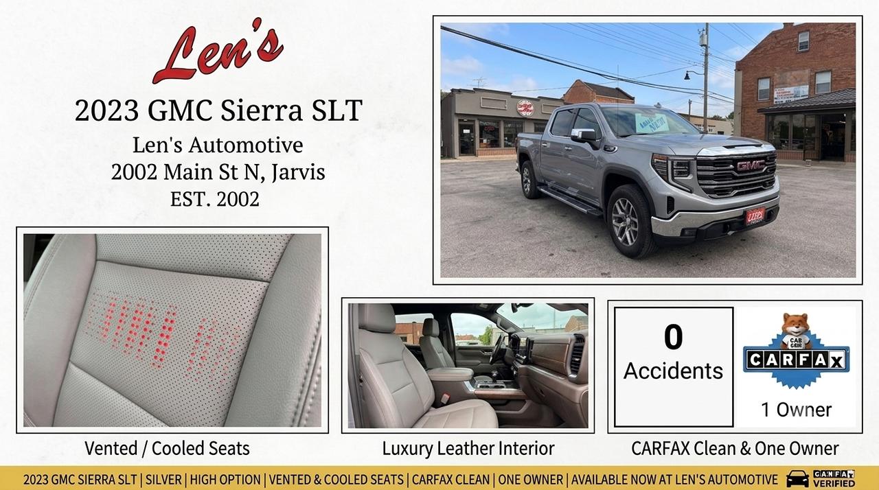 <p><strong>2023 GMC Sierra 1500 SLT 4x4</strong></p><p>&nbsp;</p><p><strong>Price: $54,995 + Taxes & Licensing</strong></p><p>&nbsp;</p><p><strong>━━━━━━━━━━━━━━━━━━━━</strong></p><p>&nbsp;</p><p><strong>Vehicle Overview</strong></p><p>&nbsp;</p><p><strong>This 2023 GMC Sierra 1500 SLT combines premium comfort, advanced technology, and proven V8 performance in one exceptionally well-equipped pickup truck. Designed for drivers who want the capability of a full-size truck without sacrificing refinement, the Sierra SLT offers an outstanding balance of luxury and functionality.</strong></p><p>&nbsp;</p><p><strong>Powered by GMC&rsquo;s dependable 5.3L EcoTec3 V8 engine, this Sierra delivers strong towing capability, confident performance, and a comfortable driving experience whether you&rsquo;re commuting, hauling equipment, or heading out on long-distance trips.</strong></p><p>&nbsp;</p><p><strong>━━━━━━━━━━━━━━━━━━━━</strong></p><p>&nbsp;</p><p><strong>Premium Comfort & Interior</strong></p><p>&nbsp;</p><p><strong>The SLT trim is known for its upscale interior and attention to detail. Inside, you&rsquo;ll find premium-appointed seating surfaces, heated and ventilated front seats, a memory driver&rsquo;s seat, dual-zone automatic climate control, and a heated steering wheel. Every aspect of the cabin has been designed to provide comfort and convenience for both driver and passengers.</strong></p><p>&nbsp;</p><p><strong>━━━━━━━━━━━━━━━━━━━━</strong></p><p>&nbsp;</p><p><strong>Technology & Convenience</strong></p><p>&nbsp;</p><p><strong>Modern technology is seamlessly integrated throughout the Sierra SLT. Wireless charging, proximity key access with push-button start, smartphone connectivity through Apple CarPlay and Android Auto, remote start functionality, and an intuitive infotainment system help make every drive more enjoyable and connected.</strong></p><p>&nbsp;</p><p><strong>━━━━━━━━━━━━━━━━━━━━</strong></p><p>&nbsp;</p><p><strong>Capability & Performance</strong></p><p>&nbsp;</p><p><strong>Under the hood, the proven 5.3L EcoTec3 V8 engine provides the power and reliability that truck buyers expect from GMC. Combined with a four-wheel-drive system and impressive towing capability, this Sierra is equally at home on the highway, at the cottage, or on the job site.</strong></p><p>&nbsp;</p><p><strong>━━━━━━━━━━━━━━━━━━━━</strong></p><p>&nbsp;</p><p><strong>Vehicle Highlights</strong></p><p>&nbsp;</p><p><strong>✓ 5.3L EcoTec3 V8 Engine</strong></p><p>&nbsp;</p><p><strong>✓ Four-Wheel Drive (4x4)</strong></p><p>&nbsp;</p><p><strong>✓ Premium SLT Trim Package</strong></p><p>&nbsp;</p><p><strong>✓ Heated & Ventilated Front Seats</strong></p><p>&nbsp;</p><p><strong>✓ Memory Driver Seat</strong></p><p>&nbsp;</p><p><strong>✓ Wireless Charging</strong></p><p>&nbsp;</p><p><strong>✓ Premium Audio System</strong></p><p>&nbsp;</p><p><strong>✓ Sold Safety Certified</strong></p><p>&nbsp;</p><p><strong>✓ Excellent Overall Condition</strong></p><p>&nbsp;</p><p><strong>━━━━━━━━━━━━━━━━━━━━</strong></p><p>&nbsp;</p><p><strong>Manufacturer Warranty Remaining</strong></p><p>&nbsp;</p><p><strong>&bull; Comprehensive Manufacturer Warranty valid until October 2, 2026 or 60,000 kilometres</strong></p><p>&nbsp;</p><p><strong>&bull; Powertrain Warranty valid until October 2, 2028 or 100,000 kilometres</strong></p><p>&nbsp;</p><p><strong>━━━━━━━━━━━━━━━━━━━━</strong></p><p>&nbsp;</p><p><strong>Additional Services</strong></p><p>&nbsp;</p><p><strong>&bull; Financing Available Upon Request</strong></p><p>&nbsp;</p><p><strong>&bull; Extended Warranty Protection Available</strong></p><p>&nbsp;</p><p><strong>&bull; In-House Vehicle Servicing</strong></p><p>&nbsp;</p><p><strong>&bull; Rust Check Protection Services</strong></p><p>&nbsp;</p><p><strong>━━━━━━━━━━━━━━━━━━━━</strong></p><p>&nbsp;</p><p><strong>Why Buy From Us?</strong></p><p>&nbsp;</p><p><strong>For more than 40 years, we have proudly served our community by providing quality vehicles and exceptional customer service. Backed by over 25 five-star reviews, our team is committed to making your vehicle purchase transparent, professional, and enjoyable from start to finish.</strong></p><p>&nbsp;</p><p><strong>Contact us today to arrange a viewing, discuss financing options, or learn more about this GMC Sierra 1500 SLT.</strong></p>