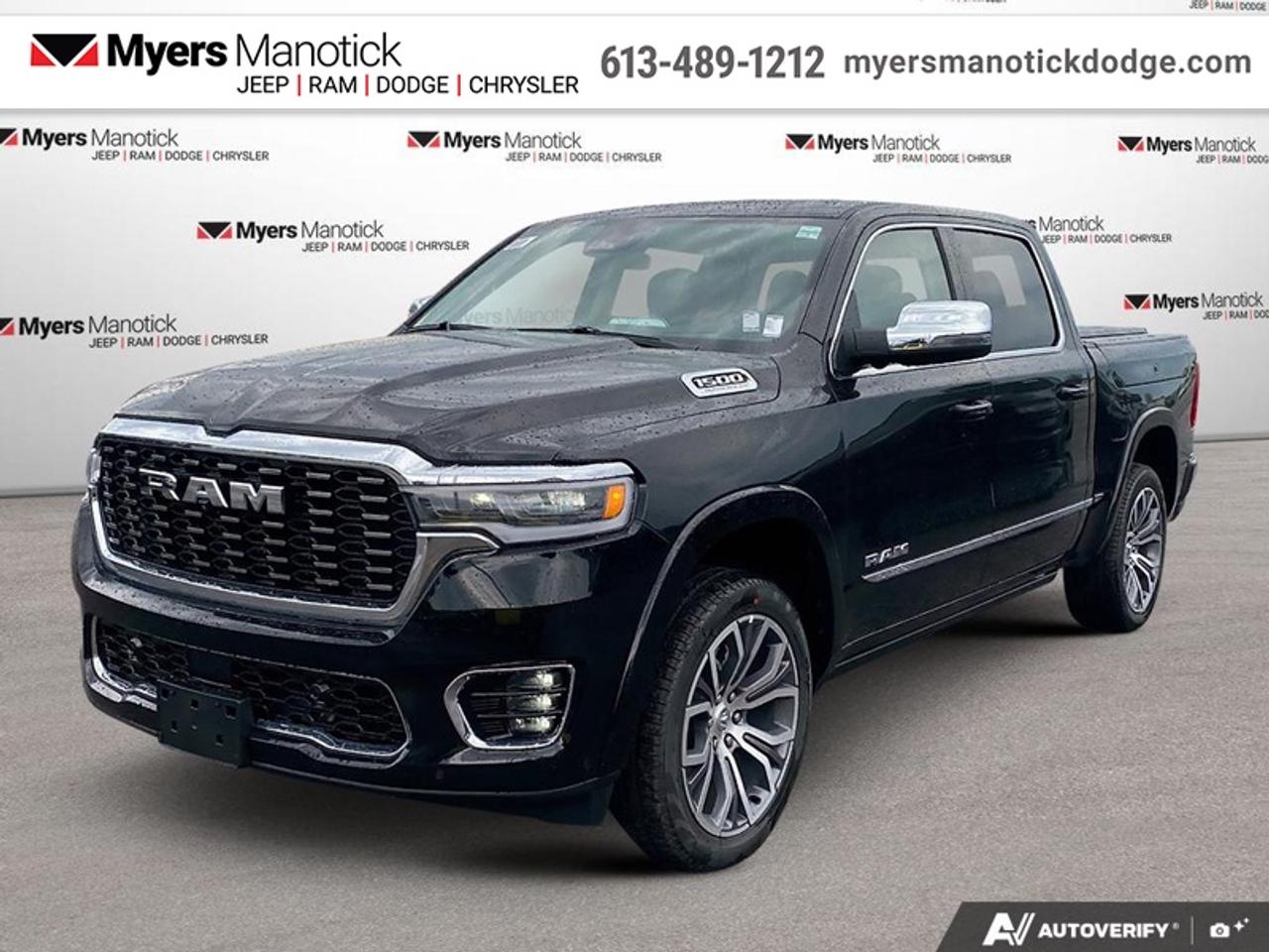 <b>Premium Leather Bucket Seats, Trailer Tow Group!</b><br> <br> Call 613-489-1212 to speak to our friendly sales staff today, or come by the dealership!<br> <br>Built tough yet crafted for comfort, the 2026 Ram 1500 sets a new standard for modern pickup performance.<br> <br>The Ram 1500s unmatched luxury transcends traditional pickups without compromising its capability. Loaded with best-in-class features, its easy to see why the Ram 1500 is so popular. With the most towing and hauling capability in a Ram 1500, as well as improved efficiency and exceptional capability, this truck has the grit to take on any task.<br> <br>This Diamond Black Crystal Pearl Crew Cab 4X4 pickup has an Automatic transmission and is powered by a 540HP 3.0L Straight 6 Cylinder Engine. <br> <br> Our 1500s trim level is Tungsten. This trim rewards you with a panoramic sunroof, a driver head up display, a 360 aerial view camera system, and a sonorous 23-speaker Klipsch Reference Premiere audio system. Also standard include unique interior styling, a power tailgate, power running boards, power-adjustable pedals and auto-leveling suspension, ventilated and heated front and rear seats, massaging front seats, leather upholstery, a heated leather steering wheel, and an upgraded 14.4-inch infotainment screen powered by Uconnect 5W with inbuilt navigation, Apple CarPlay, Android Auto and 4G LTE Wi-Fi hotspot. Additional features include class IV towing equipment, a trailer wiring harness, front and rear parking sensors, blind spot detection, lane keeping assist with lane departure warning, remote start, adaptive cruise control, and even more! This vehicle has been upgraded with the following features: Premium Leather Bucket Seats, Trailer Tow Group.<br><br> View the original window sticker for this vehicle with this url <b><a href=http://www.chrysler.com/hostd/windowsticker/getWindowStickerPdf.do?vin=1C6SRFKP6TN417472 target=_blank>http://www.chrysler.com/hostd/windowsticker/getWindowStickerPdf.do?vin=1C6SRFKP6TN417472</a></b>.<br> <br>To apply right now for financing use this link: <a href=https://CreditOnline.dealertrack.ca/Web/Default.aspx?Token=3206df1a-492e-4453-9f18-918b5245c510&Lang=en target=_blank>https://CreditOnline.dealertrack.ca/Web/Default.aspx?Token=3206df1a-492e-4453-9f18-918b5245c510&Lang=en</a><br> <br/>Total rebate of $11500 is reflected in the price. <br> Buy this vehicle now for the lowest weekly payment of <b>$313.97</b> with $0 down for 96 months @ 5.29% APR O.A.C. ( Plus applicable taxes - $1199 fees included in price **Rebates may not be applicable on all purchase types [cash, lease, or finance]. Eligibility and conditions may vary. Please see dealer for full details and confirmation of eligibility. / Federal Luxury Tax of $875.00 included.). Incentives expire 2026-07-31. See dealer for details. <br><br>If youre looking for a Dodge, Ram, Jeep, and Chrysler dealership in Ottawa that always goes above and beyond for you, visit Myers Manotick Dodge today! Were more than just great cars. We provide the kind of world-class Dodge service experience near Kanata that will make you a Myers customer for life. And with fabulous perks like extended service hours, our 30-day tire price guarantee, the Myers No Charge Engine/Transmission for Life program, and complimentary shuttle service, its no wonder were a top choice for drivers everywhere. Get more with Myers!<br> Come by and check out our fleet of 20+ used cars and trucks and 40+ new cars and trucks for sale in Manotick.  o~o