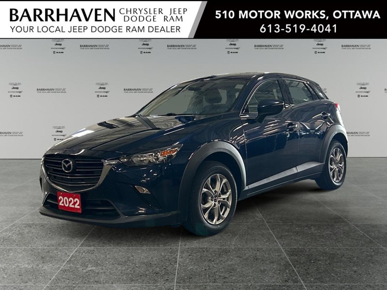 Experience the perfect blend of style and performance with the 2022 Mazda CX-3 GS Auto AWD in a stunning blue finish. This agile SUV offers the confidence of all-wheel drive, making it an ideal companion for all your adventures. The CX-3s exterior is complemented by sleek alloy wheels, while the interior welcomes you with heated front seats and a leather-wrapped steering wheel. Enjoy the comfort and convenience of smart device integration and power windows, all designed for your ease. Stay connected with the Bluetooth connection and stay safe with features such as the backup camera and lane assist. The inclusion of a heated steering wheel and keyless entry enhances your driving experience, while the brake assist system provides added security. This Mazda CX-3 is perfect for those who seek a vehicle that offers comfort, technology, and safety in one package. Whether youre a city dweller or an adventurous spirit, this SUV caters to your needs. Contact Barrhaven Jeep Dodge Chrysler Ram today to learn more and schedule a test drive!