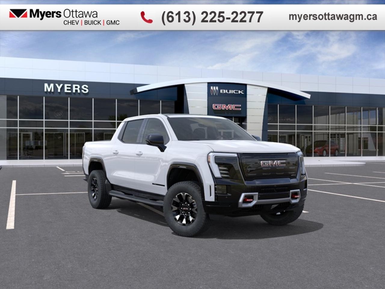This all-new Sierra EV is a capable full size electric truck with great tech features and amazing driving range.<br> <br>Get ready to embrace an exciting future with this 2026 Sierra EV. With extensive tech features and immense capability, this full-size electrified truck completely erases the need of a traditional ICE truck. Incredible towing capability and thoughtful practical features, paired with class-leading driving range and performance ensures that this electric truck will be the only workhorse you need.<br> <br>This 4X4 pickup has an Automatic transmission. <br>This vehicles price also includes $2574 in additional equipment. <br> <br> Our Sierra EVs trim level is Max Range AT4. This EV pickup delivers a premium mix of rugged capability and modern innovation. The Premium and AT4 Premium Packages add upscale convenience with heated and ventilated front seats, heated rear outboard seats, memory settings, a power tilt-and-telescoping steering column, and a Bose premium audio system. A panoramic glass roof, MultiPro Midgate, spray-on bed liner, and MultiPro Tailgate give you versatility and style, while bed-mounted 120V and 240V outlets add real utility. Inside, youll find a 16.8 Google Built-In infotainment display, wireless phone charging, 5G Wi-Fi, and a 14 head-up display for a connected driving experience. Safety and driver assistance are equally impressive with the Super Cruise Package for hands-free highway driving, Enhanced Automatic Parking Assist, Driver Attention Assist, and the Assisted Driving Package, which includes Adaptive Cruise Control, HD Surround Vision, Blind Zone Steering Assist, Rear Cross Traffic Braking, Pedestrian and Bicyclist Alerts, and more. ProGrade Trailering tech with integrated trailer brake controller, Hitch Guidance, and Bed View Camera further enhance utility and confidence. This vehicle has been upgraded with the following features: Super Cruise, Sunroof, Comfort Package, HUD, Assisted Driving Pack, Fast Charging, Heated Seats.<br><br> <br>To apply right now for financing use this link: <a href=https://creditonline.dealertrack.ca/Web/Default.aspx?Token=b35bf617-8dfe-4a3a-b6ae-b4e858efb71d&Lang=en target=_blank>https://creditonline.dealertrack.ca/Web/Default.aspx?Token=b35bf617-8dfe-4a3a-b6ae-b4e858efb71d&Lang=en</a><br> <br/><br><br> Come by and check out our fleet of 40+ used cars and trucks and 160+ new cars and trucks for sale in Ottawa.  o~o