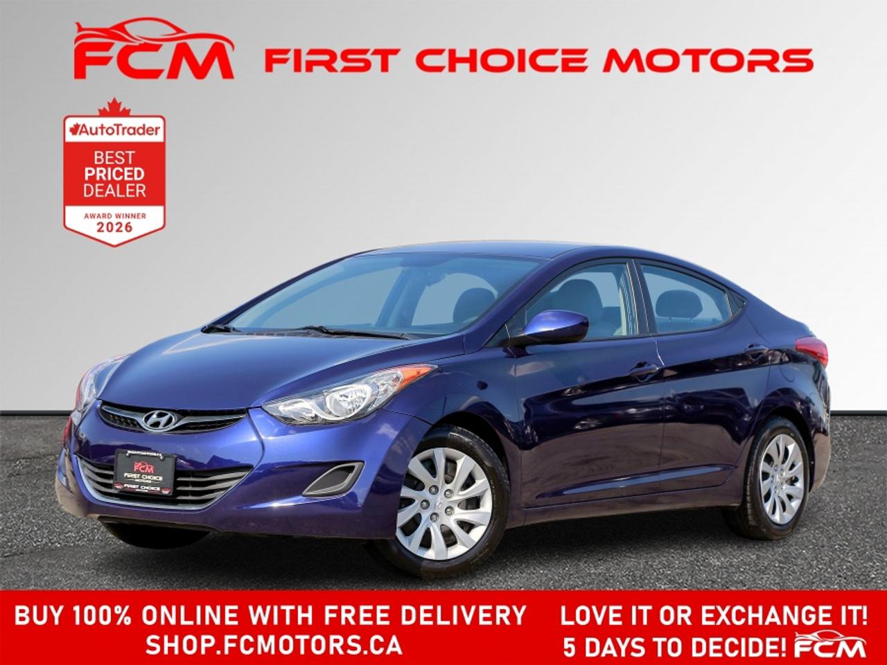 ** ** SPECIAL LIMITED TIME OFFER ** ** PURCHASE ANY VEHICLE THIS WEEK AND RECEIVE 4 BRAND-NEW ALL-SEASON TIRES AT NO ADDITIONAL COST!!! DON   T MISS THIS EXCLUSIVE CHANCE TO UPGRADE YOUR RIDE AND STAY PREPARED FOR ANY WEATHER!!! <br><br>EXCITING NEWS FROM FIRST CHOICE MOTORS! Our brand-new online showroom is now open to the public, bringing the ultimate car shopping experience right to your fingertips! Enjoy a 100% online car shopping experience, with over 500 certified vehicles in stock, comprehensive protection plans, and thousands of new auto parts & accessories available! Plus, for a limited time, were offering FREE deliveries across Ontario on all vehicle purchases! Dont miss out   visit Shop.fcmotors.ca to find and upgrade your perfect vehicle today!<br><br>Welcome to First Choice Motors, the largest car dealership in Toronto of pre-owned cars, SUVs, and vans priced between $5000-$15,000. With an impressive inventory of over 300 vehicles in stock, we are dedicated to providing our customers with a vast selection of affordable and reliable options. <br><br>Were thrilled to offer a used 2013 Hyundai Elantra GL, blue color with 165,000km (STK#10101) This vehicle was $7490 NOW ON SALE FOR $6990. It is equipped with the following features:<br>- Automatic Transmission<br>- Heated seats<br>- Bluetooth<br>- Power windows<br>- Power locks<br>- Power mirrors<br>- Air Conditioning<br><br>At First Choice Motors, we believe in providing quality vehicles that our customers can depend on. All our vehicles come with a 36-day guarantee on all safety related items. We also offer additional warranty options up to 5 years for our customers who want extra peace of mind.<br><br>Furthermore, all our vehicles are sold fully certified with brand new brakes rotors and pads, a fresh oil change, and brand new set of all-season tires installed & balanced. You can be confident that this car is in excellent condition and ready to hit the road.<br><br>At First Choice Motors, we believe that everyone deserves a chance to own a reliable and affordable vehicle. Thats why we offer financing options with low interest rates starting at 7.9% O.A.C. Were proud to approve all customers, including those with bad credit, no credit, students, and even 9 socials. Our finance team is dedicated to finding the best financing option for you and making the car buying process as smooth and stress-free as possible.<br><br>Our dealership is open 7 days a week to provide you with the best customer service possible. We carry the largest selection of used vehicles for sale under $9990 in all of Ontario. We stock over 300 cars, mostly Hyundai, Chevrolet, Mazda, Honda, Volkswagen, Toyota, Ford, Dodge, Kia, Mitsubishi, Acura, Lexus, and more. With our ongoing sale, you can find your dream car at a price you can afford. Come visit us today and experience why we are the best choice for your next used car purchase!<br><br>All prices include $22.00 OMVIC Fee.  Excludes, license plates, ownership registration and ONTARIO HST (13%)<br>*No Credit Card payments can be accepted for Vehicle Purchases*