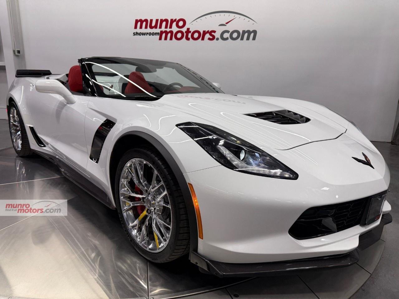 Vehicle Highlights Include: only 2900kms, 2LZ Trim Package, Exposed Carbon Fiber Front Spoiler, Exposed Carbon Fiber Full Side Skirts, Stage 2 Rear Spoiler in Carbon Flash, Black Power Convertible Top, Chrome Z06 Aluminum Wheels, Bright Red Brake Calipers, Carbon Flash Exterior Vents/Trim Accents, NPP Performance Exhaust (Aggressive or Mellow Sound), Body Coloured Side View Mirrors that are Power & Heated, Adrenaline Red GT Seats, Red Interior Stitching, Red Paddle Shifters, NAV Navigation, PDR Performance Date Recorder, & Carbon Flash Badges. <br /><br /> Few cars in modern automotive history have struck the balance between raw performance, aggressive styling, and everyday drivability quite like the Chevrolet Corvette Z06 2LZ Coupe. As one of the final iterations of the front-engine Corvette, the Z06 represents the pinnacle of C7 engineeringoffering supercar-level performance at a fraction of the cost. <br /><br /> At the center of the Z06 beats the Supercharged 6.2L LT4 V8, a ferocious engine that churns out 650 hp and 650 lb-ft of tq. This wasnt a reworked version of an old motor  it was purpose-built to deliver explosive acceleration & relentless mid-range power, with a compact 1.7L Eaton Supercharger screaming under boost. Matched with an 8 Speed Automatic with Red Paddle Shifters, the Z06 Convertible could rocket from 0 to 100 km/h in 3.0 seconds flat, making it one of the quickest open-top cars ever made.. <br /><br /> Finished in Arctic White, this 2017 Corvette Z06 Convertible showcases one of the most timeless and recognizable colors ever offered on the Corvette. The bright, clean finish highlights every sculpted body line, from the aggressive front fascia and vented hood to the wide rear haunches that define the Z06's muscular stance. Arctic White emphasizes the car's race-inspired design while providing a crisp contrast to the black exterior accents, performance wheels, and power-operated convertible top, giving the Z06 a sophisticated appearance that is equally striking whether parked or in motion. <br /><br /> Inside, the cabin is appointed in Adrenaline Red leather, creating a dramatic contrast that perfectly complements the Corvette's high-performance character. The bold red upholstery extends across the seats, dashboard, door panels, and center console, surrounding the driver in a cockpit that feels both luxurious and purposeful. With the convertible top lowered, the vibrant Adrenaline Red interior becomes an unmistakable focal point against the Arctic White exterior, delivering a classic sports car color combination that is as eye-catching as it is timeless. <br /><br /> The Z06 package also comes with Dry Sump, NPP Performance Exhaust (ability to change exhaust volume level), Performance Traction Management, Magnetic Selective Ride Control, Electronic Limited Slip Rear Differential, Rear Differential Cooler, Oil Cooler, Trans Cooler, & 285/30R19 Front & 335/25R20 Rear Tires. Wider Fenders for a Wider Stance, a host of Aerodynamic Enhancements, Bigger Front 2-piece Steel Slotted Rotors (14.6 Inches) & bigger Brake Calipers with more pad area. The Rear Brakes also get 2-piece Slotted Rotors (14.4 Inches), & Larger Vents enhance Cooling to the Engine, Brakes, Transmission & Differential. <br /><br /> The 2LZ package includes; Front Curb View Camera, Heated & Ventilated Leather Seats, Power Lumbar & Side Bolsters, MEM 8 Way Power Memory Seats, Tilt/Telescopic Steering Column, HUD Heads Up Display, Theft Deterrent System, Bose 10 Speaker Advanced Speaker System with Bass Box, Universal Home Remote, Auto Dimming Mirror, Apple Carplay & Android Auto, OnStar Nav, & Dual Zone Automatic Climate Control. This car also has 8" Diagonal Colour Touch Screen with Infotainment, Driver Information Centre, Rear Vision Camera, Active Handling Stability Control, Remote Start, Xenon High Intensity Headlights, Tire Pressure Monitor System, & 3 Spoke Leather Steering Wheel with Controls. <br /><br /> This Performance Corvette comes with a Clean Carfax and low kms. Come on down to Munro Motors & see this one for yourself, it is in stock. We will look forward to seeing you real soon!<br /><br /> <p>Carfax: <a target=_blank rel=noopener noreferrer nofollow href=https://vhr.carfax.ca/en/?id=zClz6iiOUMGyAyU%2F987mIw7Czt0zLGsR>https://vhr.carfax.ca/en/?id=zClz6iiOUMGyAyU%2F987mIw7Czt0zLGsR</a></p><p></p><p>Check us out on youtube: click here</p><p>Like us on Facebook: <a target=_blank rel=noopener noreferrer nofollow href=https://www.facebook.com/munromotors/>https://www.facebook.com/munromotors/</a></p><p>We are located in Brantford, Ontario; Telephone City and the hometown of hockey legend Wayne Gretzky. Formerly located in St. George, Ontario for ten years, we are still east of London, south of Cambridge, and west of Hamilton. In order to get our customers to come here, we have to have great prices and then when you get here, we have to have a great car in order to earn your business.</p><p>Our business hours are Monday to Friday 10am to 5pm. We are closed on Saturdays and Sundays.</p><p>At Munro Motors, we find unique vehicles and post our entire stock online in order to ensure that our vehicles find their happy home.</p><p>To ensure our customers can get what they've always wanted, we offer financing services through TD Auto Finance, Desjardins, CIBC Auto Finance and Independent Leasing Companies on vehicles that are less than ten model years old and boats that are less than twenty-five model years old.</p><p>We also offer warranty products through Lubrico and GVC warranties to ensure that your mechanical baby stays in tip-top condition.</p><p>All of our vehicles are hand-picked by the very knowledgeable owner, Andy Munro, who has been connecting people to their dreams for many years.</p><p><a target=_blank rel=noopener noreferrer nofollow href=http://Munromotors.com>Munromotors.com</a></p><p>Email: <a target=_blank rel=noopener noreferrer nofollow><u>sales@munromotors.com</u></a></p><p>Most of our vehicles are already reconditioned, saftied, etested and ready to drive home with you.</p><p>Delivery is available. Ask for details</p><p>All prices are subject to HST and licensing, no hidden fees.</p>