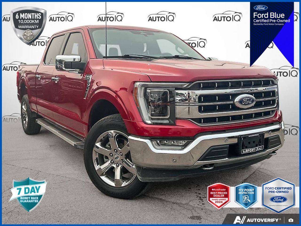 Recent Arrival!<br><br><br>4WD, Connected Built-In Navigation, Equipment Group 502A High, Evasive Steering Assist, Ford Co-Pilot360 Assist 2.0, Heated Rear Seats, Intelligent Adaptive Cruise Control w/Stop & Go, Intersection Assist, LED Projector w/Dynamic Bending Headlamps, Power Tilt/Telescoping Steering Column w/Memory, Rain-Sensing Wipers, Speed Sign Recognition, Wheels: 20 Chrome-Like PVD, Wireless Charging Pad.<br><br>Red Metallic<br>2023 Ford F-150 Lariat 502A | 1 Owner | No Accidents 4D SuperCrew<br>3.5L V6 EcoBoost 10-Speed Automatic<br>4WD<br><br>Certification Program Details: FORD BLUE CERTIFIED PRE-OWNED Special Financing Available: Take advantage of exclusive low finance rates OAC*, significantly lower than standard pre-owned rates! Backed by the stringent Ford Blue Advantage standards, which include a thorough inspection and reconditioning process by factory-trained technicians. Plus, this vehicle includes our exclusive AutoIQ Platinum Standard Ford Blue Certified Benefits include: - 172-Point inspection by Ford factory-trained technicians - 6-month / 10,000-kilometre* Extended Service Plan ** - 10,000 Ford Rewards Points (Can be used toward scheduled maintenance visits or other rewards**) - 24-hour Roadside Assistance - Complimentary CARFAX Vehicle History Report - Complimentary full tank of fuel AutoIQ Platinum Standard: - 36-point Provincial Safety Inspection - Warranty: 90-days or 5,000 KM on inspected mechanical items, factory extended options eligible for warranty up to 200,000 KM - 3X Provincial safety standard for tire tread depth - 3X Provincial safety standard for brake pad thickness - 7 Day Money Back Guarantee*** - Market Value Report provided - Guaranteed 2 keys/key fobs and door code (if equipped) - Equipped vehicles include a complimentary 3 month Sirius satellite radio subscription! - Complimentary full interior detailing and carpet shampoo - Paintless dent repair and/or touch-ups for applicable body panels - Vehicle scanned for open recall notifications from manufacturer<p> </p>

<h4>FORD BLUE CERTIFIED PRE-OWNED</h4>

<p><strong>Special Financing Available:</strong> Take advantage of exclusive low finance rates OAC*, significantly lower than standard pre-owned rates!</p>

<p>Backed by the stringent Ford Blue Advantage standards, which include a thorough inspection and reconditioning process by factory-trained technicians. Plus, this vehicle includes our exclusive <strong>AutoIQ Platinum Standard</strong></p>

<p>
<strong>Ford Blue Certified Benefits include:</strong><br>
- 172-Point inspection by Ford factory-trained technicians<br>
- 6-month / 10,000-kilometre* Extended Service Plan **<br>
- 10,000 Ford Rewards Points (Can be used toward scheduled maintenance visits or other rewards**)<br>
- 24-hour Roadside Assistance<br>
- Complimentary CARFAX Vehicle History Report<br>
- Complimentary full tank of fuel
</p>

<p>
<strong>AutoIQ Platinum Standard:</strong><br>
- 36-point Provincial Safety Inspection<br>
- Warranty: 90-days or 5,000 KM on inspected mechanical items, factory extended options eligible for warranty up to 200,000 KM<br>
- 3X Provincial safety standard for tire tread depth<br>
- 3X Provincial safety standard for brake pad thickness<br>
- 7 Day Money Back Guarantee***<br>
- Market Value Report provided<br>
- Guaranteed 2 keys/key fobs and door code (if equipped)<br>
- Equipped vehicles include a complimentary 3 month Sirius satellite radio subscription!<br>
- Complimentary full interior detailing and carpet shampoo<br>
- Paintless dent repair and/or touch-ups for applicable body panels<br>
- Vehicle scanned for open recall notifications from manufacturer
</p>

<p>SPECIAL NOTE: This vehicle is reserved for AutoIQs retail customers only. Please, no dealer calls. Errors & omissions excepted.</p>

<p>
As-traded, specialty or high-performance vehicles are excluded from the 7-Day Money Back Guarantee Program (including, but not limited to Ford Shelby, Ford Mustang GT, Ford Raptor, Chevrolet Corvette, Camaro 2SS, Camaro ZL1, V-Series Cadillac, Dodge/Jeep SRT, Hyundai N Line, all electric models)
</p>