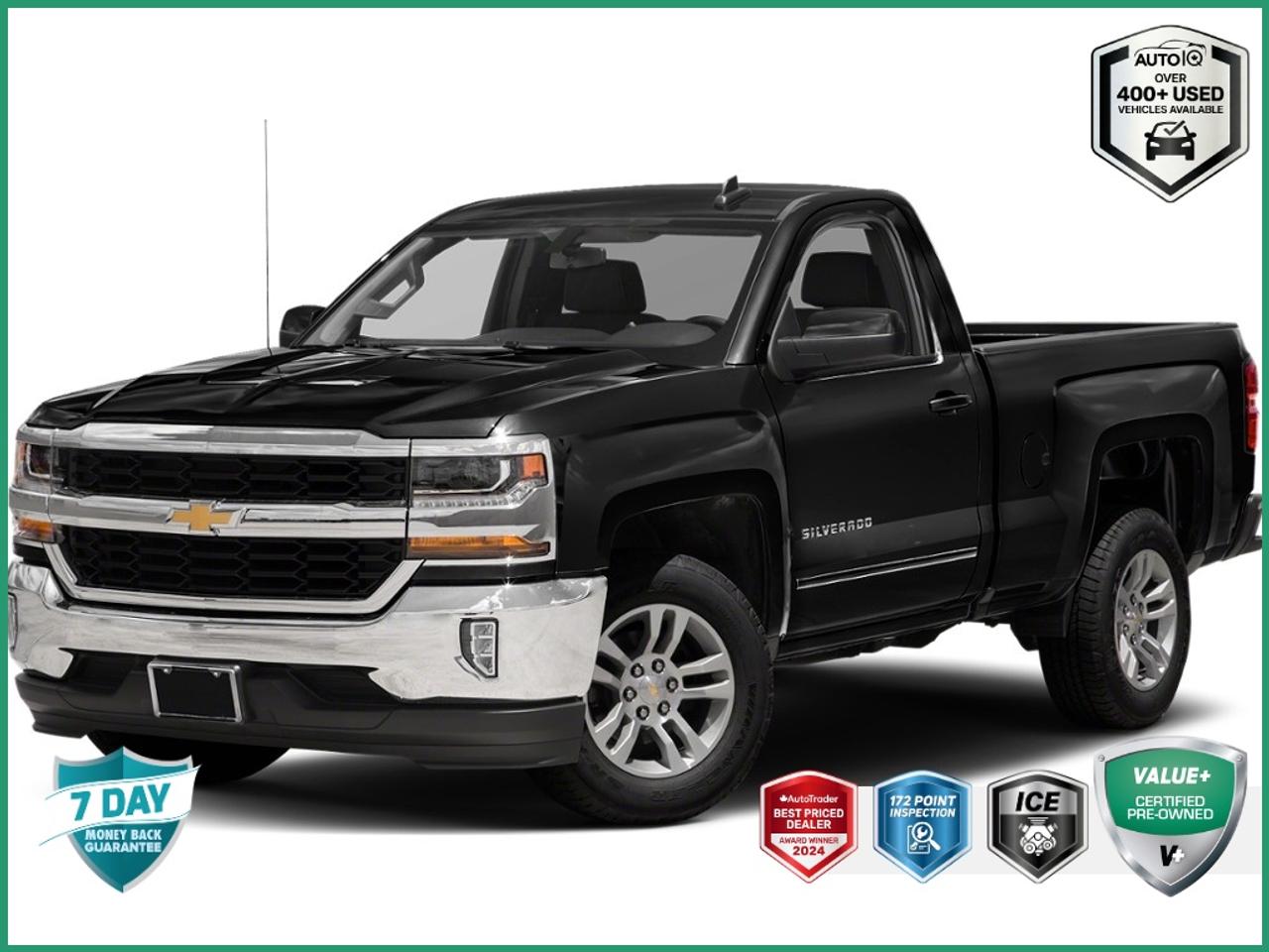 Recent Arrival!<br><br><br>Apple CarPlay/Android Auto, | Non-Smoker, 6-Speed Automatic Electronic with Overdrive, 4WD, Jet Black w/Cloth Seat Trim, 10-Way Power Drivers Seat Adjuster, 110-Volt AC Power Outlet, 150 Amp Alternator, 3.42 Rear Axle Ratio, 4.2 Diagonal Colour Display Driver Info Centre, 4 Chrome Round Assist Steps (LPO), 6 Speaker Audio System, Alloy wheels, Bluetooth® For Phone, Body Colour Bodyside Mouldings, Body-Colour Door Handles, Body-Colour Mirror Caps, Body-Colour Pwr Adjustable Heated Outside Mirrors, Chrome Grille Surround, Cloth Seat Trim, Colour-Keyed Carpeting w/Rubberized Vinyl Floor Mats, Deep-Tinted Glass, Delay-off headlights, Driver & Front Passenger Illuminated Vanity Mirrors, Dual front impact airbags, Dual front side impact airbags, Electric Rear-Window Defogger, Emergency communication system: OnStar Guidance, EZ Lift & Lower Tailgate, Front anti-roll bar, Front Chrome Bumper, Front wheel independent suspension, Fully automatic headlights, Heated door mirrors, Heavy-Duty Rear Locking Differential, High-Intensity Discharge Headlights, Leather Wrapped Steering Wheel w/Cruise Controls, Low tire pressure warning, LT Convenience Package, Manual Tilt Wheel Steering Column, Occupant sensing airbag, OnStar 6 Months Guidance Plan, OnStar w/4G LTE, Overhead airbag, Panic alarm, Power Windows w/Driver Express Up, Preferred Equipment Group 1LT, Premium audio system: Chevrolet MyLink, Rear Chrome Bumper, Rear step bumper, Rear Vision Camera, Remote Keyless Entry, Remote Locking Tailgate, Remote Vehicle Starter System, Single Slot CD/MP3 Player, SiriusXM Satellite Radio, Speed-sensing steering, Spray-On Pickup Box Bed Liner, Steering Wheel Audio Controls, Theft Deterrent System (Unauthorized Entry), Thin Profile LED Fog Lamps, Trailering Package, Wheels: 18 x 8.5 Bright-Machined Aluminum.<br><br>Black LT<br>4 INCH ASSIST STEPS | EZ LIFT TAILGATE | 18 INCH WHEELS | SIRIUS XM RADIO | HID HEADLAMPS | 5.3L V8 | LT CONVENIENCE PKG 2017 Chevrolet Silverado 1500 LT  EcoTec3 5.3L V8<br>6-Speed Automatic Electronic with Overdrive<br>4WD<br><br>Awards:<br>  * 2017 KBB.com 10 Most Awarded Brands<br><br><br>Reviews:<br>  * Quick acceleration and strong towing/hauling ability thanks to available V8 engines; front seats are comfortable for long drives; cabin is pleasingly quiet at highway speeds; long list of available options allow for extensive customization. Source: Edmunds<p> </p>

<h4>VALUE+ CERTIFIED PRE-OWNED VEHICLE</h4>

<p>
- 36-point Provincial Safety Inspection<br>
- 172-point inspection combined mechanical, aesthetic, functional inspection including a vehicle report card<br>
- Warranty: 30 Days or 1500 KMS on mechanical safety-related items and extended plans are available<br>
- Complimentary CARFAX Vehicle History Report<br>
- 2X Provincial safety standard for tire tread depth<br>
- 2X Provincial safety standard for brake pad thickness<br>
- 7 Day Money Back Guarantee*<br>
- Market Value Report provided<br>
- Complimentary 3 months SIRIUS XM satellite radio subscription on equipped vehicles<br>
- Complimentary wash and vacuum<br>
- Vehicle scanned for open recall notifications from manufacturer
</p>

<p>SPECIAL NOTE: This vehicle is reserved for AutoIQs retail customers only. Please, No dealer calls. Errors & omissions excepted.</p>

<p>*As-traded, specialty or high-performance vehicles are excluded from the 7-Day Money Back Guarantee Program (including, but not limited to Ford Shelby, Ford mustang GT, Ford Raptor, Chevrolet Corvette, Camaro 2SS, Camaro ZL1, V-Series Cadillac, Dodge/Jeep SRT, Hyundai N Line, all electric models)</p>