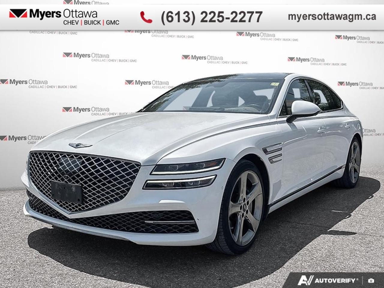 Compare at $41357 - Myers Cadillac is just $40152! <br> <br>This 2021 Genesis G80 is fresh on our lot in Ottawa. This sedan has 62,712 km. Its nice in colour and is completely accident free based on the <a href=https://vhr.carfax.ca/?id=F0JkWRRtt1V+LDJOadxMk3l1MMX1g566 target=_blank>CARFAX Report</a>. It has an Automatic transmission and is powered by a 375HP 3.5L V6 Cylinder Engine. This vehicle has been upgraded with the following features: Wood Trim, Heads Up Display, Navigation, Quilted Nappa Leather Seats, Heated Seats, Cooled Seats, Sunroof.<br> <br>To apply right now for financing use this link: <a href=https://creditonline.dealertrack.ca/Web/Default.aspx?Token=b35bf617-8dfe-4a3a-b6ae-b4e858efb71d&Lang=en target=_blank>https://creditonline.dealertrack.ca/Web/Default.aspx?Token=b35bf617-8dfe-4a3a-b6ae-b4e858efb71d&Lang=en</a><br> <br/><br>All prices include Admin fee and Etching Registration, applicable Taxes and licensing fees are extra.<br>*LIFETIME ENGINE TRANSMISSION WARRANTY NOT AVAILABLE ON VEHICLES WITH KMS EXCEEDING 140,000KM, VEHICLES 8 YEARS & OLDER, OR HIGHLINE BRAND VEHICLE(eg. BMW, INFINITI. CADILLAC, LEXUS...)<br> Come by and check out our fleet of 40+ used cars and trucks and 160+ new cars and trucks for sale in Ottawa.  o~o