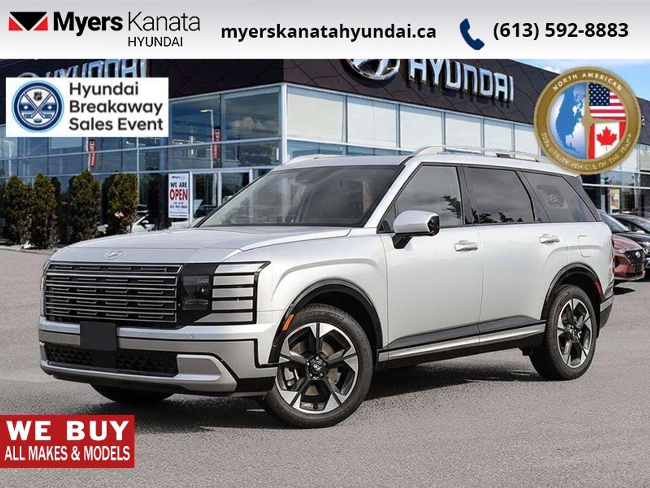 <b>Leather Seats!</b><br> <br> The 2026 Hyundai Palisade Hybrid adapts seamlessly from daily life to weekend getaways thanks to thoughtful utility and flexible design.<br> <br>The 2026 Hyundai Palisade Hybrid brings together three-row comfort, premium craftsmanship and enhanced efficiency in a luxury-inspired SUV crafted for modern families. Inside, the cabin features upscale materials, intuitive technology and flexible seating that support driver and passengers alike. With its sophisticated styling, smart features and Hyundais commitment to thoughtful design, the Palisade Hybrid stands out as a compelling choice in the segment.<br> <br>This Shimmering Silv SUV has an Automatic transmission. <br> <br> Our Palisade Hybrids trim level is Luxury 7-Passenger. This SUV elevates modern luxury with heated and ventilated leather seating, dual sunroofs, genuine wood interior accents, and an advanced Bose 14-speaker audio system paired with a 12.3 infotainment display, wireless connectivity, and in-car intercom for a seamlessly connected lifestyle. Convenience and comfort are woven into every drive with smart key access, remote start, memory seating, adaptive cruise control, mobile hotspot capability, and a power liftgate that makes daily life feel effortless. Safety is uncompromising, featuring forward collision avoidance with pedestrian and cyclist detection, blind-spot and rear cross-traffic assist, aerial-view cameras with parking guidance, driver monitoring, evasive steering assist and a full suite of airbags, all designed to create peace of mind while enhancing every journey. This vehicle has been upgraded with the following features: Leather Seats.<br><br> <br>To apply right now for financing use this link: <a href=https://www.myerskanatahyundai.com/finance/ target=_blank>https://www.myerskanatahyundai.com/finance/</a><br> <br/>This vehicle may qualify for $500 Military Program Bonus. 5.99% financing for 96 months. <br> Buy this vehicle now for the lowest weekly payment of <b>$209.64</b> with $0 down for 96 months @ 5.99% APR O.A.C. ( Plus applicable taxes - $2596 and licensing fees **Rebates may not be applicable on all purchase types [cash, lease, or finance]. Eligibility and conditions may vary. Please see dealer for full details and confirmation of eligibility. ). Incentives expire 2026-08-31. See dealer for details. <br><br>This vehicle is located at Myers Kanata Hyundai 400-2500 Palladium Dr Kanata, Ontario. <br><br> Come by and check out our fleet of 40+ used cars and trucks and 190+ new cars and trucks for sale in Kanata.  o~o