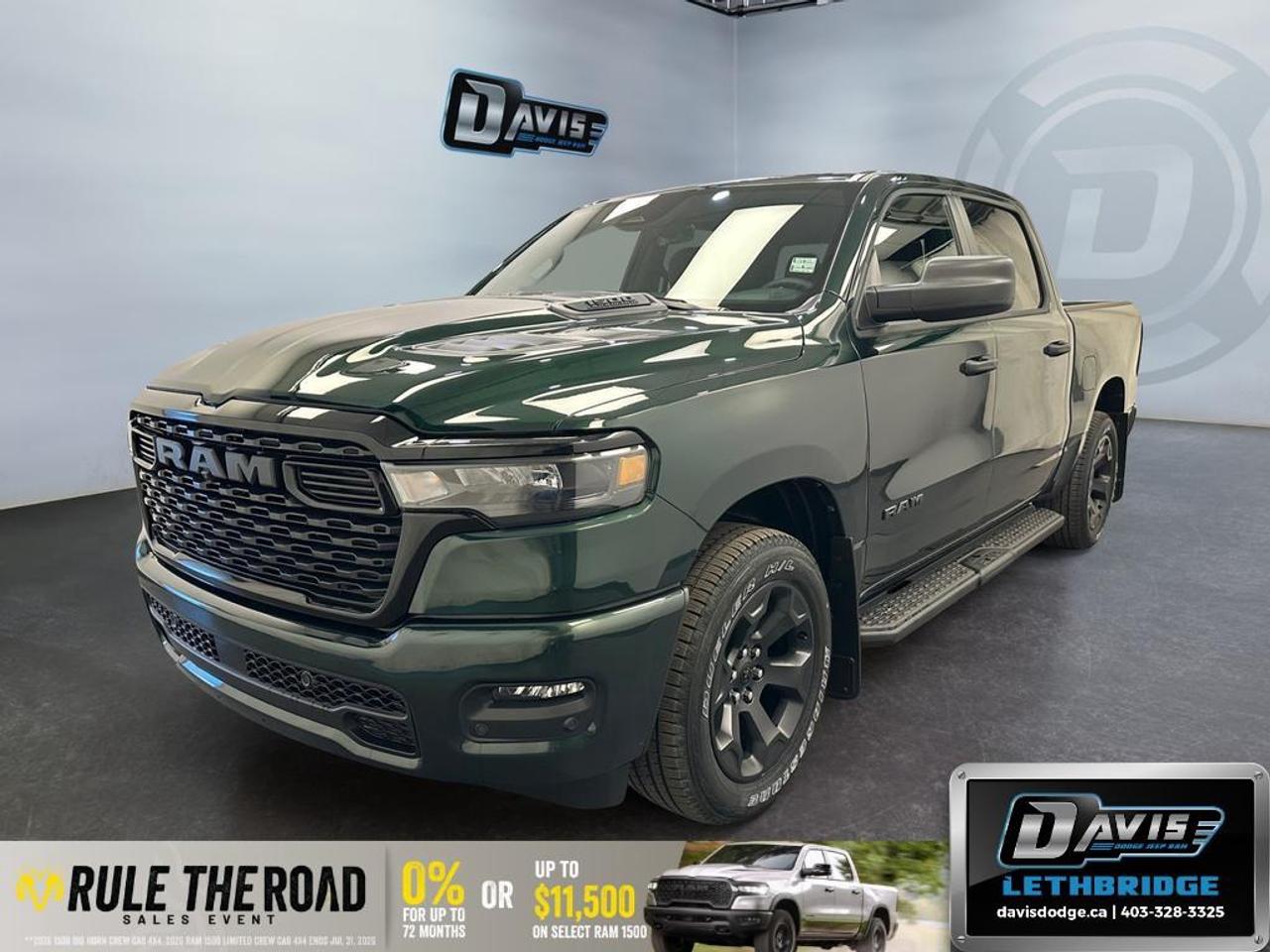 <p>Experience the might of the new 2026 Ram 1500 Express in striking Serrano Green Metallic with a robust 4×4 drivetrain. This Express 4x4 Crew Cab is engineered for those who seek power blended with functionality, thanks to the formidable 3.0L I6 Hurricane SO Twin Turbo ESS engine paired with an 8-speed automatic transmission.</p> <p><strong>Exterior Features:</strong></p> <ul><li>Distinctive Black Grille with Body-Colour Surround</li><li>Body-Colour Front and Rear Bumpers with Step Pads</li><li>Front LED Fog Lamps for enhanced visibility</li><li>Alloy Wheels adding to a rugged look</li><li>Trailer Brake Control and Rear Wheelhouse Liners for convenience and durability</li></ul> <p><strong>Interior Features:</strong></p> <ul><li>SiriusXM Satellite Radio with a 6-month subscription</li><li>Comfortable Black Interior Accents</li><li>Rear Power Sliding Window</li><li>Front Centre Seat Cushion Storage and 2nd Row In-Floor Storage Bins for ample storage solutions</li><li>Heated Mirrors and adaptive Cruise Control for enhanced comfort and control</li></ul> <p><strong>Technology & Safety Features:</strong></p> <ul><li>Advanced Brake Assist and Lane Assist for safer journeys</li><li>Parking Sensors and Backup Camera for ease in maneuvering</li><li>Keyless Entry, Remote Start, and Smart Device Integration for convenience</li><li>Wi-Fi Hotspot ensuring you're always connected</li></ul> <p>Perfect for adventure enthusiasts and families needing a reliable workhorse, the Ram 1500 Express offers unmatched performance with modern amenities. Contact Davis Dodge Lethbridge to make it yours today!</p>