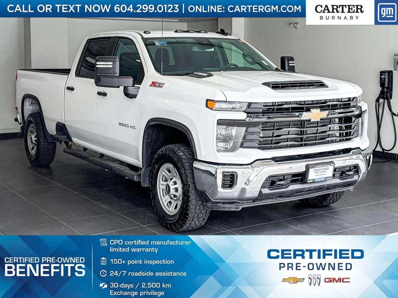 NO ACCIDENTS | ONE OWNER. Built to tackle the toughest jobs, this 2025 Chevrolet Silverado 3500HD Work Truck 4WD features a powerful Duramax 6.6L V8 Turbo Diesel, Z71 Off-Road Package, Snow Plow Prep/Camper Package, and integrated trailer brake controller for exceptional capability. Heated power-folding trailering mirrors, Hitch Guidance, an HD Rear Vision Camera, and EZ Lift power tailgate make towing easier, while Lane Departure Warning, Following Distance Indicator, and StabiliTrak provide added confidence on every drive. Come take it for a test drive today and experience all this capable vehicle has to offer!

WHY CARTER GM BURNABY?

- An unrivalled vehicle purchasing experience!
- Exceeding our loyal customers expectations since 1963
- 4.5 Google star rating (with 2,300+ customer reviews)
- Cargurus Top-rated Dealer 2025 Award
- Cargurus Top Value Dealer 2025 Award
- 30-day / 2,500 km exchange privilege
- Peace of mind - 150-point vehicle inspection
- CARFAX - full vehicle service history - purchase with confidence!
- Vehicle trades welcome! Best price guaranteed!
- We provide upfront pricing, zero hidden fees, and 100% transparency
- Fast approvals and 99% acceptance rates (no matter your current credit status!)
- Multilingual staff (many languages spoken)
- Comfortable non-pressured environment with in-store television, WIFI and a childrens play area!
- In-store restaurant: fresh daily menu





Were here to help you drive the vehicle you want, the vehicle you deserve!
QUESTIONS? GREAT! WEVE GOT ANSWERS!
To speak with a friendly vehicle specialist - CALL NOW!
The advertised price includes all standard dealer fees and any applicable manufacturer or dealer incentives. It does not include applicable taxes, licensing, insurance, or optional products or services. Dealer fees will be clearly broken out and itemized on the bill of sale, maximum total of fees $595.00. Prices are shown in Canadian dollars. While we make every effort to ensure accuracy, vehicle details, pricing, options, and availability are subject to change without notice. Please confirm all information with dealership sales management before purchase. Dealer Code: 81129