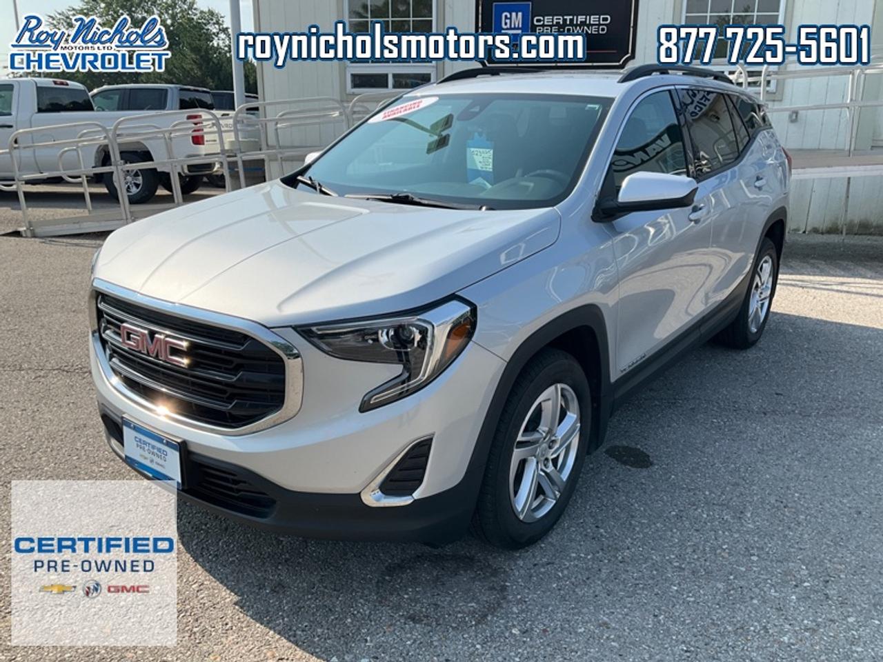 <b>Trade-in, Local, Certified, Low Mileage, Heated Seats,  Remote Start,  Aluminum Wheels,  Lane Keep Assist,  Forward Collision Alert!</b><br> <br> With sleek look, a comfortable interior and spirited driving dynamics, this GMC Terrain is hard to beat. This 2020 GMC Terrain is fresh on our lot in Courtice.<br> <br>The GMC Terrain is a refined and comfortable compact SUV, designed with relentless engineering and modern technology. The interior has a clean design, with upscale materials like soft-touch surfaces and premium trim. The Terrain also offers plenty of cargo room behind the backseat and 63.3 cubic feet with the backseat folded. Quiet, spacious and comfortable, this Terrain is exactly what youd expect from the Professional Grade SUV!<br> <br>This low mileage SUV has just 52,787 km and is a Certified Pre-Owned vehicle. Its Quicksilver Metallic in colour. It has an Automatic transmission and is powered by a smooth engine. And its got a certified used vehicle warranty for added peace of mind. This vehicle has been upgraded with the following features: Heated Seats, Remote Start, Aluminum Wheels, Lane Keep Assist, Forward Collision Alert, Rear View Camera, Android Auto.<br> <br/>This vehicle has met our highest standard and has been put through the GM certification process by our GM trained technicians. Our GM Certified used vehicles go thru an extensive 150 + point inspection and are reconditioned back to near new condition.  Each vehicle comes with a minimum of a 3 month, 5000 KM warranty or the balance of the factory warranty (whichever is longer) with 24 hour roadside assistance. They also come with satisfaction guaranteed; a 30 day or 2500 km exchange privilege if you are not completely satisfied. And thats standard. If your budget permits, you can extend or upgrade to an even more comprehensive Certified Pre-Owned Vehicle Protection Plan . Youll also appreciate the convenience of being able to transfer any existing warranties to a new owner, should you ever decide to sell your Certified Pre-Owned Vehicle.If you are a student or recently graduated, you may also qualify for an additional $500 discount when a used GM vehicle is purchased.  For more information, please call any of our knowledgeable used vehicle staff at 877-725-5601.<br> <br/><br>Roy Nichols Motors is located in Courtice which is just east of Oshawa and west of Bowmanville. We offer an excellent selection of pre owned vehicles to choose from. To book a test drive or inquire about financing and leasing options, call one of our knowledgeable and professional staff today at (877) 725-5601. <br> Come by and check out our fleet of 20+ used cars and trucks and 150+ new cars and trucks for sale in Courtice.  o~o