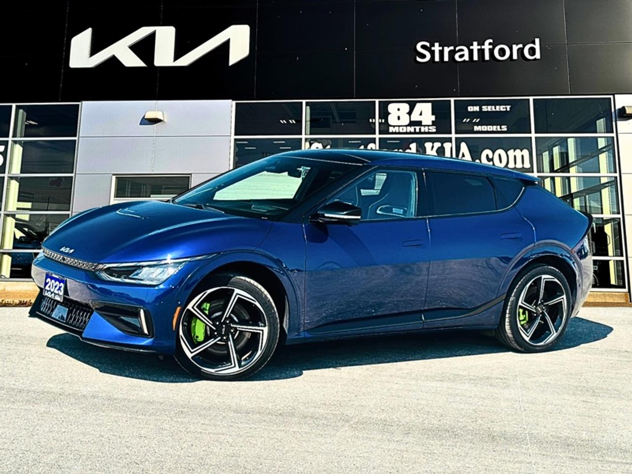 <b>Sunroof,  Heated Seats,  HUD,  Power Liftgate,  Premium Audio!</b><br> <br> Stratford Kia Used Cars & Pre-Owned Superstore: We sell all makes and models.<br><br>Audi, Acura, Alfa Romeo, BMW, Buick, Cadillac, Chevrolet, Chrysler, Dodge, Ram, Ferrari, Ford, GMC, Genesis, Honda, Hyundai, Infiniti, Jaguar, Jeep, Kia, Lamborghini, Land Cruiser, Lexus, Lincoln, Land Rover, Maserati, Mazda, Mercedes AMG, Mercedes Benz, Mini, Mitsubishi, Nissan, Porsche, Ram, Subaru, Tesla, Toyota, Volkswagen, Volvo.<br> <br>This 2023 EV6 offers style without compromise along with impressive EV performance. This 2023 Kia EV6 is for sale today in Stratford.<br> <br>Take a look at the future with this 2023 Kia EV6. Engineered to offer no compromise, the lack of gas bill is only the icing on the cake. Incredible cargo space, a comfortable cabin, and exhilarating performance all come together in a beautiful crossover that is racing to tomorrow. If you were waiting for EVs to surpass traditional gas-powered cars, the wait is over. Check out the future today in this 2023 EV6.<br> <br>This SUV has 40,902 km. Its Yacht Blue in colour and is completely accident free based on the <a href=https://vhr.carfax.ca/?id=jpqgTuauHggMqDRTTGHsoKs3Ivf1iPCt target=_blank>CARFAX Report</a>. It has an Automatic transmission and is powered by a Electric engine. <br> <br> Our EV6s trim level is GT. This range-topping EV6 GT features explosive performance, with upgraded GT wheels, heated GT sport bucket seats with power adjustment, a drivers heads up display unit, power liftgate for rear cargo access, suede seating upholstery, and safety systems upgrades like front and rear parking sensors, remote automatic parking, evasive steering assist, and an aerial view camera system. With all-wheel drive, impressive driving range and fast recharging, this EV6 also comes standard with a sport heated leatherette steering wheel, remote release for rear cargo access and charge port door, adaptive cruise control, and voice-activated dual-zone climate control. A vivid 12.3-inch screen powered by Kia Connect, paired with a 14-speaker Meridian audio system, handles infotainment duties, with Apple CarPlay and Android Auto, and inbuilt navigation. Safety features include blind spot detection with rear cross traffic alert, lane keeping assist with lane departure warning, forward collision mitigation, driver monitoring alert, and a rearview camera with dynamic parking guidance. This vehicle has been upgraded with the following features: Sunroof, Heated Seats, HUD, Power Liftgate, Premium Audio, 360 Camera, Electric Vehicle.<br> <br>To apply right now for financing use this link: <a href=https://www.stratfordkia.com/credit-application/ target=_blank>https://www.stratfordkia.com/credit-application/</a><br> <br/><br>While every effort is made to ensure accuracy, we are not responsible for any errors and omissions. ***In-stock vehicle may differ from online listing— Please confirm details with dealerPlease see your dealer for current pricing. <br><br>Stratford Kia is a proud member of the Trinity Auto Group. Serving Stratford and South Western Ontario. We invite you to experience our unparalleled Customer Service and truly enjoy your Car Buying experience, the way it should be. WE NEED YOUR TRADE! We offer top market value for trade ins. We also offer a great selection of Pre-Owned Vehicles. Our second-to-none reconditioning process and attention to detail are why our customers know they can buy with confidence. Experience the Stratford Kia difference today! 863 Erie Street. Stratford Ont. N5A 6S4<br> Come by and check out our fleet of 30+ used cars and trucks and 110+ new cars and trucks for sale in Stratford.  o~o