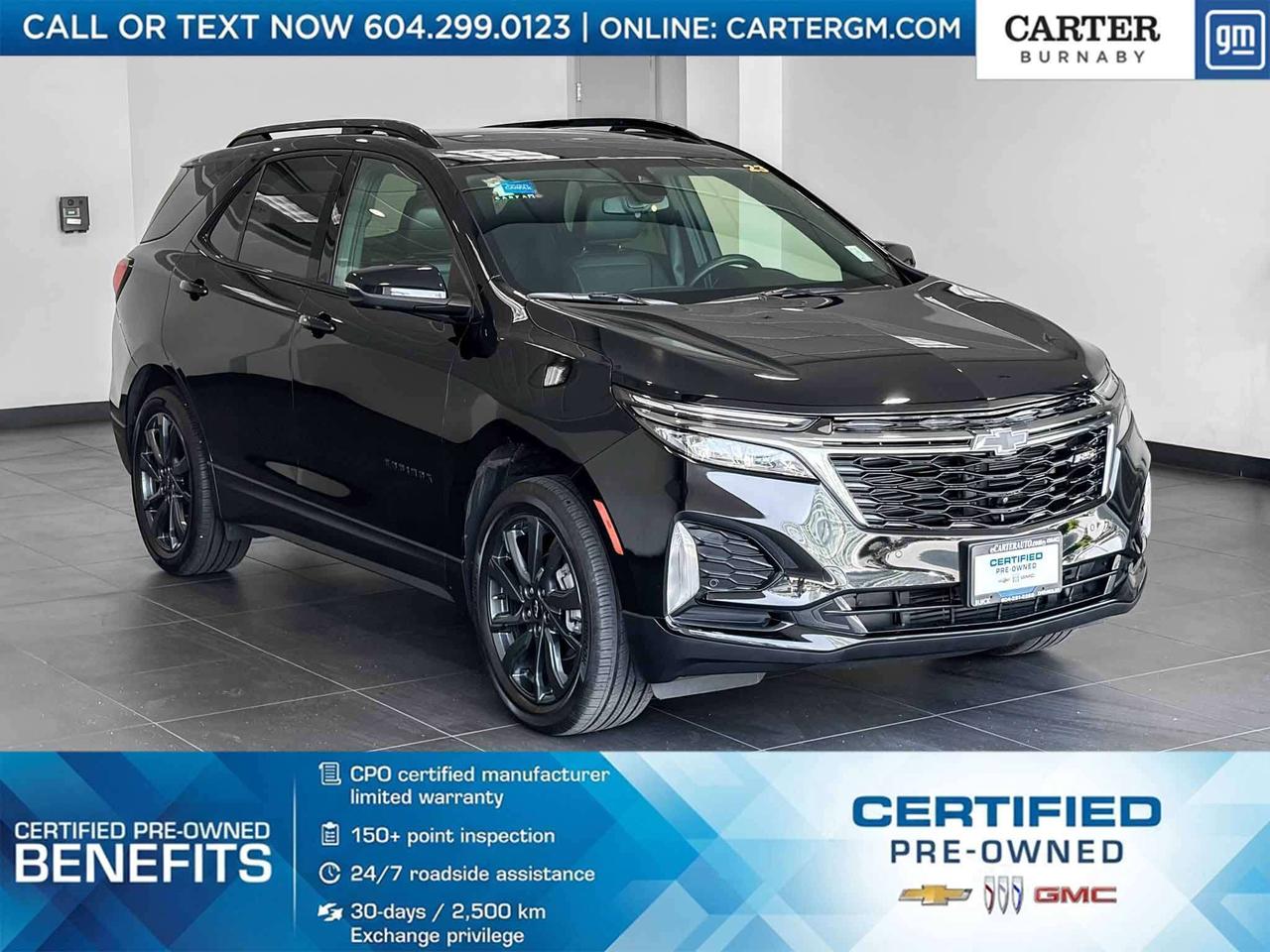NO ACCIDENTS | ONE OWNER. Powered by a responsive 1.5L Turbo DOHC 4-cylinder engine, this 2023 Chevrolet Equinox RS AWD delivers sporty style, confident performance, and everyday versatility. Heated front seats keep you comfortable in colder weather, while roof-mounted side rails add extra utility for gear and adventures. StabiliTrak with Traction Control and the Following Distance Indicator provide added confidence on the road, and the rear-window defogger helps maintain clear visibility in changing conditions. Come take it for a test drive today and experience all this stylish vehicle has to offer!

WHY CARTER GM BURNABY?

- An unrivalled vehicle purchasing experience!
- Exceeding our loyal customers expectations since 1963
- 4.5 Google star rating (with 2,300+ customer reviews)
- Cargurus Top-rated Dealer 2025 Award
- Cargurus Top Value Dealer 2025 Award
- 30-day / 2,500 km exchange privilege
- Peace of mind - 150-point vehicle inspection
- CARFAX - full vehicle service history - purchase with confidence!
- Vehicle trades welcome! Best price guaranteed!
- We provide upfront pricing, zero hidden fees, and 100% transparency
- Fast approvals and 99% acceptance rates (no matter your current credit status!)
- Multilingual staff (many languages spoken)
- Comfortable non-pressured environment with in-store television, WIFI and a childrens play area!
- In-store restaurant: fresh daily menu





Were here to help you drive the vehicle you want, the vehicle you deserve!
QUESTIONS? GREAT! WEVE GOT ANSWERS!
To speak with a friendly vehicle specialist - CALL NOW!
The advertised price includes all standard dealer fees and any applicable manufacturer or dealer incentives. It does not include applicable taxes, licensing, insurance, or optional products or services. Dealer fees will be clearly broken out and itemized on the bill of sale, maximum total of fees $595.00. Prices are shown in Canadian dollars. While we make every effort to ensure accuracy, vehicle details, pricing, options, and availability are subject to change without notice. Please confirm all information with dealership sales management before purchase. Dealer Code: 81129