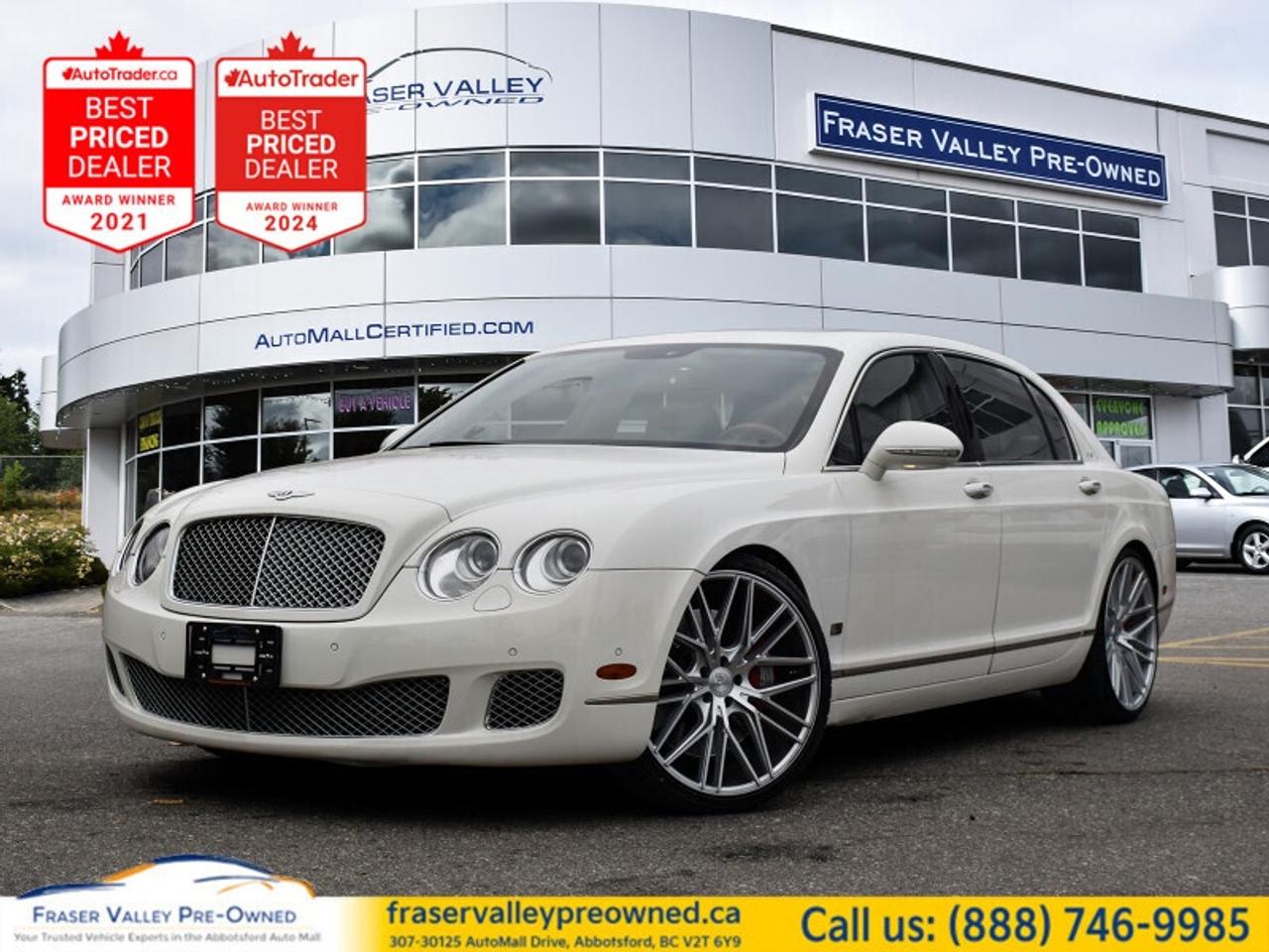 2012 BENTLEY CONTINENTAL FLYING SPUR W12 - MULLINER PACKAGE - DIAMOND QUILTED LEATHER - 22 WHEELS - CLEARANCE
 
6.0L W12, AWD, Mulliner Driving Specification, Diamond Quilted Leather, Burl Walnut Trim, Navigation, DVD Entertainment, Power Moonroof, Adaptive Cruise Control, 22 Premium Wheels, Clearance Price
 
Fraser Valley Pre-Owned is proud to present this 2012 Bentley Continental Flying Spur W12 in White - extremely well equipped by its original owner straight out of the showroom and kept in immaculate condition ever since. This is not a car that lived a hard life. It has been parked in our showroom as a timeless showpiece, brought out only for the occasional classy drive on date night. With just 75,511 km, this Flying Spur wears the Mulliner Driving Specification package, diamond quilted leather seat facings, burl walnut interior trim, and a set of upgraded 22-inch premium wheels - the full expression of what Bentley craftsmanship is meant to be. The W12 engine delivers the kind of effortless, refined power that defines this cars character. She is now ready for a new home from our bespoke auto gallery inside the Fraser Valley Auto Mall.
 
Highlights
 
2012 Bentley Continental Flying Spur W12
White exterior
Black and cream diamond quilted leather interior
75,511 km
6.0L W12 engine
AWD
Mulliner Driving Specification Package
Convenience Specification Package
Diamond quilted leather seat facings and doors
Indented leather headlining
Embroidered Bentley headrest emblems
Burl walnut interior trim throughout
Knurled chrome and leather gear shifter
Drilled alloy sport foot pedals
Navigation system
Back-up camera with parking assistance
DVD entertainment system
Power moonroof
Heated seats
Adaptive cruise control with follow to stop
Upgraded premium 22-inch wheels
Recently serviced
 
Restoration Notes
 
This Flying Spur has been kept as a showroom showpiece and recently serviced - immaculate condition throughout, inside and out. Offered as-is at a clearance price to reflect this unique opportunity. Serviced and inspected to Fraser Valley Automall standards before hitting the lot.
 
Trades welcome.
 
Finance and warranty options available for all types of credit situations.
 
Dealership:
 
A W12 Bentley Flying Spur with the Mulliner package, diamond quilted leather, and this level of original-owner care does not come along often, especially at a clearance price. Fraser Valley Pre-Owned is the only dedicated pre-owned store inside the Fraser Valley Automall, backed by multiple AutoTrader Lowest Priced Dealer awards and the 2025 and 2026 Canadian Consumer Choice Award for Pre-Owned Auto Dealership of the Year in Abbotsford. Come experience true British luxury for yourself.
 
307-30125 Auto Mall Drive, Abbotsford, BC V2T 6Y9
Fraser Valley Automall
www.fraservalleypreowned.ca
 
All finance/lender options available - cash purchases welcome
 
 
To apply right now for financing use this link: https://www.fraservalleypreowned.ca/abbotsford-car-loan-application-british-columbia
 

| Our Quality Guarantee: We maintain the highest standard of quality that is required for a Pre-Owned Dealership to operate in an Auto Mall. We provide an independent 360-degree inspection report through licensed 3rd Party mechanic shops. Thus, our customers can rest assured each vehicle will be a reliable, and responsible purchase.  |  Purchase Disclaimer: Your selected vehicle may have a differing finance and cash prices. When viewing our vehicles on third party  marketplaces, please click over to our website to verify the correct price for the vehicle. The Sale Price on third party websites will always reflect the Finance Price of our vehicles. If you are making a Cash Purchase, please refer to our website for the Cash Price of the vehicle.  | All prices are subject to and do not include, a $995 Finance Fee, a $995 Document Fee, and a $499 GPS Lot Pack. VSA Security Fee of $10 is applicable as we are a Certified VSA Dealer (#40190).  These fees as well as taxes, are included in all listed listed payment quotes. Please speak with Dealer for full details and exact numbers.  o~o