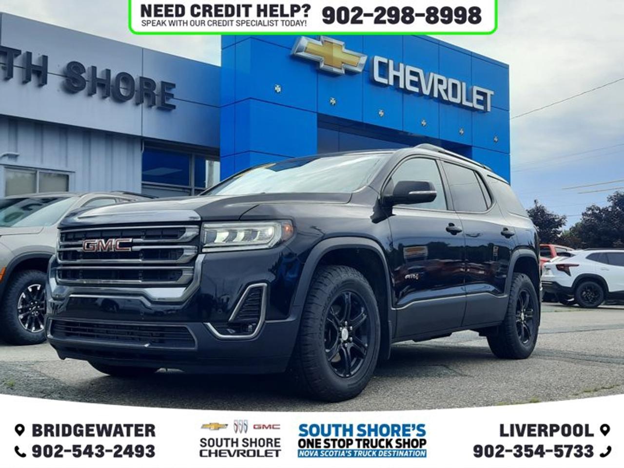 Recent Arrival! Ebony Twilight Metallic 2021 GMC Acadia AT4 For Sale, Bridgewater AWD 9-Speed Automatic 3.6L V6 SIDI Clean Car Fax, AWD, Cloth, 4-Way Manual Passenger Seat Adjuster, 6-Passenger (2-2-2 Seating Configuration), 8 Speakers, 8-Way Power Driver Seat Adjuster, ABS brakes, Air Conditioning, Alloy wheels, Bumpers: body-colour, Compass, Delay-off headlights, Driver door bin, Driver vanity mirror, Dual front side impact airbags, Electronic Stability Control, Front Bucket Seats, Front dual zone A/C, Front fog lights, Fully automatic headlights, HD Radio, Heated door mirrors, Heated Driver & Front Passenger Seats, Low tire pressure warning, Navigation System, Occupant sensing airbag, Outside temperature display, Overhead airbag, Overhead console, Power door mirrors, Power Driver Lumbar Control Seat Adjuster, Power Liftgate, Power steering, Power windows, Preferred Equipment Group 4SB, Rear air conditioning, Rear window defroster, Rear window wiper, Remote keyless entry, Security system, Speed-sensing steering, Spoiler, Telescoping steering wheel, Tilt steering wheel, Traction control, Trip computer.