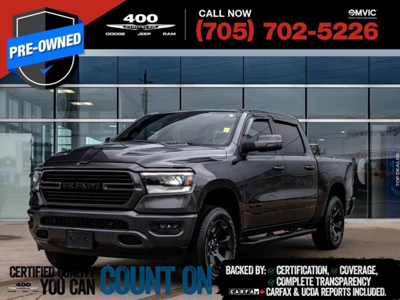 Stand out from the crowd in this 2024 Ram 1500 Sport Crew Cab 4x4, a full-size pickup that combines bold styling, legendary capability, and premium comfort. Powered by the proven 5.7L HEMI® V8 with eTorque and paired with a smooth 8-speed automatic transmission, this truck delivers impressive towing power, responsive performance, and confident 4x4 capability for any road or job. The Sport trim features an aggressive body-colour exterior, striking alloy wheels, LED lighting, and a refined cabin loaded with premium amenities including heated front seats, a heated steering wheel, dual-zone automatic climate control, remote start, a large Uconnect® touchscreen with Apple CarPlay® and Android Auto , and a spacious Crew Cab with plenty of room for passengers and cargo. Advanced safety features and Rams renowned smooth ride make every drive enjoyable, whether youre commuting, towing, or heading off on your next adventure. Dont miss your opportunity to own this exceptionally well-equipped 2024 Ram 1500 Sport that delivers the perfect balance of power, technology, and everyday practicality.
