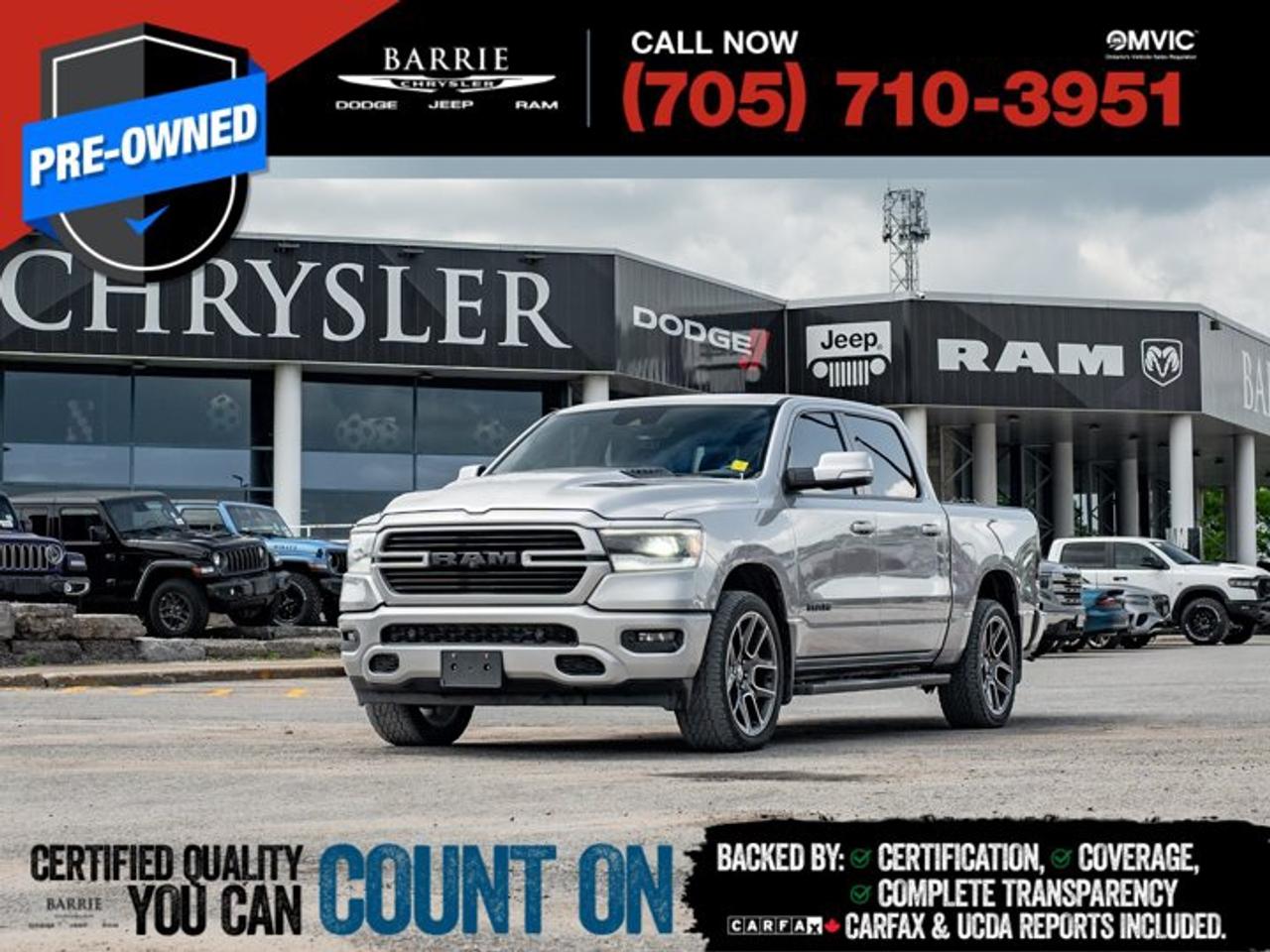 This vehicle is certified. You can trust that each certified vehicle goes through a 150-point inspection by our factory-trained master technicians. Our requirements exceed the provincial regulations of safety standards.With every detail disclosed and every standard met, confidence comes standard.Verified Vehicle History: CarFAX and UCDA reports included.Certified & Serviced: Oil, filters, and wipers replaced before delivery.Warranty You Can Trust: Up to 8 years or 200,000 KM of coverage.Finance Made Simple: Competitive rates for all credit profiles.Easy Exchange Program: Return within 7 days or 500 KM.Thank you for choosing Barrie Chrysler Dodge Jeep Ram, where the easy car-buying experience is all about you! Visit our expansive 50-car indoor showroom and view the hundreds of vehicles available, both on-site and off-site. We are located right in the heart of Barrie, on Dunlop St W, just off of Highway 400. - 395 Dunlop St W, Barrie, ON.We pay cash for cars, even if you dont buy one from us!Billet Silver Metallic 2020 Ram 1500 Sport/Rebel 4D Crew Cab HEMI 5.7L V8 VVT 8-Speed Automatic 4WDWe utilize real-time third-party software to price our vehicles, ensuring they align with the daily average market price. For that reason, our vehicles are priced competitively.We have over 100 pre-owned vehicles available onsite, with extra off-site inventory available at all times. Prices are plus HST and licensing fee.Awards:* JD Power Automotive Performance, Execution and Layout (APEAL) Study
