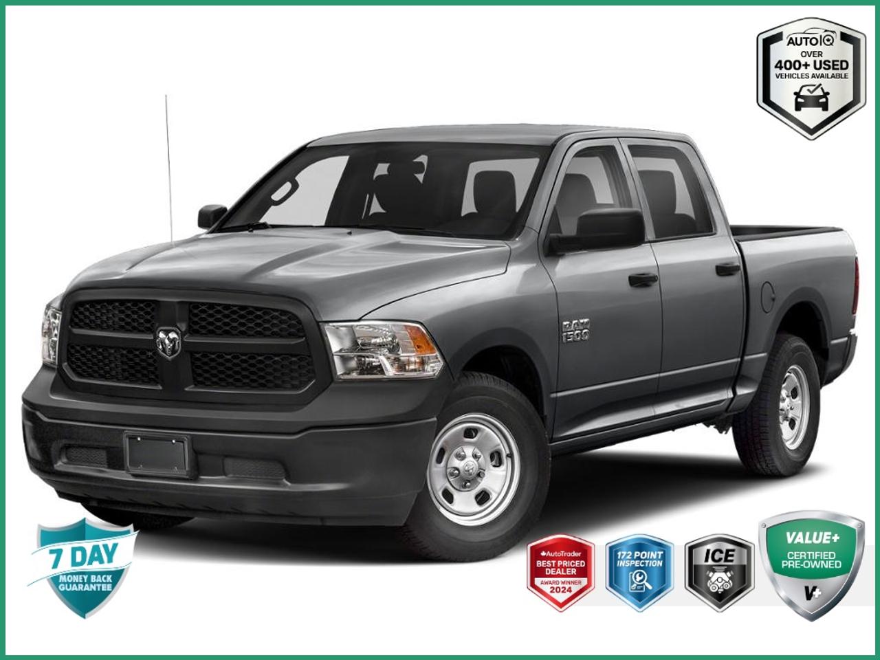 CARFAX No Reported Accidents | Apple CarPlay/Android Auto | <br>Spray-In Bedliner | Class IV Hitch | 20inch Gloss Black Aluminum Wheels<br><br>Remote Start, 17 x 7 Aluminum Wheels, 3.21 Rear Axle Ratio, 4-Wheel Disc Brakes, 6 Speakers, 7 Colour In-Cluster Display, 8.4 Touchscreen, A/C w/Dual-Zone Automatic Temperature Control, ABS brakes, Air Conditioning, AM/FM radio, Apple CarPlay Capable, Auto-dimming Rear-View mirror, Auto-Dimming Rearview Mirror w/Display, Black 4x4 Badge, Black 5.7L Hemi Badge, Black Exterior Badging, Black Exterior Mirrors, Black Headlamp Bezels, Black RAM Tailgate Badge, Black Seats, Block heater, Body-Colour Front Fascia, Body-Colour Grille, Body-Colour Rear Bumper w/Step Pads, Brake assist, Carpet Floor Covering, Class IV Hitch Receiver, Cloth Front 40/20/40 Bench Seat, Delay-off headlights, Driver door bin, Dual front impact airbags, Dual front side impact airbags, Dual Rear Exhaust w/Bright Tips, Electronic Stability Control, Electronics Convenience Group, Fog Lamps, For SiriusXM Info Call 888-539-7474, Front 40/20/40 Split Bench Seat, Front anti-roll bar, Front Armrest w/3 Cup Holders, Front Floor Mats, Front wheel independent suspension, Fully automatic headlights, Gloss Black Grille, Google Android Auto, GPS Antenna Input, Hands-Free Comm w/Bluetooth, Heated door mirrors, Heated Exterior Mirrors, Heavy Duty Vinyl Front 40/20/40 Bench Seat, Humidity Sensor, Low tire pressure warning, Manual Adjust Seats, Media Hub w/2 USB & Aux Input Jack, Night Edition, Occupant sensing airbag, Overhead airbag, Overhead Console, ParkView Rear Back-Up Camera, Passenger door bin, Power door mirrors, Power Heated Manual Folding Mirrors, Power steering, Power windows, Quick Order Package 27J Express, Radio: Uconnect 4C w/8.4 Display, Radio: Uconnect 4C w/8.4 Display (DISC), Ram 1500 Express Group, Rear anti-roll bar, Rear Floor Mats, Rear Folding Seat, Rear step bumper, Remote Keyless Entry, Remote USB Charging Port, Semi-Gloss Black Wheel Centre Hub, SiriusXM Satellite Radio, Speed control, Spray-In Bedliner, Storage Tray, Tachometer, Temperature & Compass Gauge, Tilt steering wheel, Tip Start, Traction control, USB Mobile Projection, Variably intermittent wipers, Voltmeter, Wheel & Sound Group, Wheel Centre Hub, Wheels: 20 x 8 Semi-Gloss Black Aluminum.<br><br>Billet Silver Metallic Clearcoat<br>2019 Ram 1500 Classic ST<br>4D Crew Cab<br>HEMI 5.7L V8 VVT 8-Speed Automatic<br>4WD<p> </p>

<h4>VALUE+ CERTIFIED PRE-OWNED VEHICLE</h4>

<p>
- 36-point Provincial Safety Inspection<br>
- 172-point inspection combined mechanical, aesthetic, functional inspection including a vehicle report card<br>
- Warranty: 30 Days or 1500 KMS on mechanical safety-related items and extended plans are available<br>
- Complimentary CARFAX Vehicle History Report<br>
- 2X Provincial safety standard for tire tread depth<br>
- 2X Provincial safety standard for brake pad thickness<br>
- 7 Day Money Back Guarantee*<br>
- Market Value Report provided<br>
- Complimentary 3 months SIRIUS XM satellite radio subscription on equipped vehicles<br>
- Complimentary wash and vacuum<br>
- Vehicle scanned for open recall notifications from manufacturer
</p>

<p>SPECIAL NOTE: This vehicle is reserved for AutoIQs retail customers only. Please, No dealer calls. Errors & omissions excepted.</p>

<p>*As-traded, specialty or high-performance vehicles are excluded from the 7-Day Money Back Guarantee Program (including, but not limited to Ford Shelby, Ford mustang GT, Ford Raptor, Chevrolet Corvette, Camaro 2SS, Camaro ZL1, V-Series Cadillac, Dodge/Jeep SRT, Hyundai N Line, all electric models)</p>