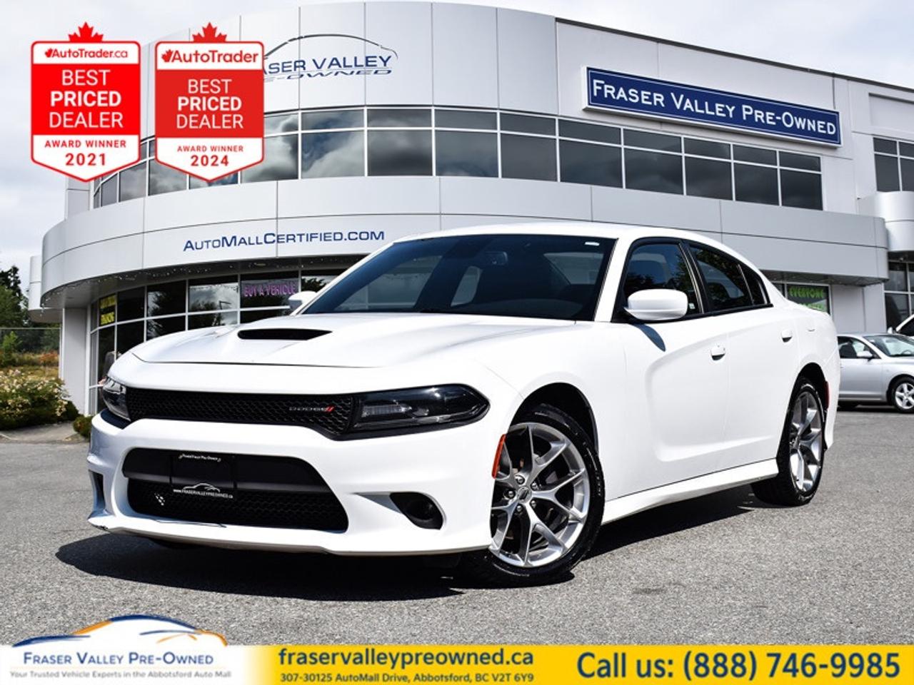 2021 Dodge Charger GT - Iconic Muscle Style - Sport Tuned V6
 
3.6L Pentastar V6 | 8-Speed Automatic | Sport Suspension | Remote Start | Premium Sound | Back-Up Camera
 
Fraser Valley Pre-Owned is proud to present this 2021 Dodge Charger GT in White Knuckle over a black interior, showing 92,346 km and just landed on our lot as a recent trade. This Canadian-market Charger comes with a verified Carfax Canada report showing no U.S. history and documented service records, including maintenance right here in the Fraser Valley. This is the modern muscle sedan done right - aggressive stance, rear-wheel drive, sport tuned suspension, and that unmistakable Charger presence, paired with a smooth and efficient 3.6L V6 that makes it as livable on the daily commute as it is fun on the weekend. Four doors, real back-seat room, and a look that turns heads in every parking lot - the Charger GT is proof you do not have to choose between practical and cool.
 
Highlights
 
3.6L Pentastar V6
8-Speed Automatic Transmission
Rear-Wheel Drive
Sport Tuned Suspension
Rear Spoiler
Aluminum Wheels
Fog Lamps
Black Grille
LED Brakelights
Remote Engine Start
Keyless Entry and Keyless Start
Power Driver Seat with Adjustable Lumbar
Leather-Wrapped Steering Wheel
Premium Sound System
Satellite Radio
Bluetooth Connection
Smart Device Integration
Back-Up Camera
Rear Parking Aid
Multi-Zone Climate Control
Heated Power Mirrors
Auto-Dimming Rearview Mirror
Cruise Control
WiFi Hotspot
Block Heater
Tire Pressure Monitor
 
Restoration Notes
 
This Charger came to us as a fresh trade with a verified Carfax Canada history report and documented service records on file. It went straight through our shop for a full mechanical review. Serviced and inspected to Fraser Valley Automall standards before hitting the lot.
 
Trades welcome - we will take your current vehicle in trade and make the switch easy.
Flexible financing available on approved credit - our finance team works with all major lenders to build a payment that fits your budget.
 
Dealership: Some dealerships sell a bit of everything - we chose to master one thing. Fraser Valley Pre-Owned is the only dedicated pre-owned store inside the Fraser Valley Automall, and that focus shows in every vehicle we put on the lot. It is why we have earned multiple AutoTrader Lowest Priced Dealer awards and back-to-back recognition as the 2025 and 2026 Canadian Consumer Choice Award winner for Pre-Owned Auto Dealership of the Year in Abbotsford. Come see the difference specialization makes.
 
Fraser Valley Pre-Owned
307-30125 Auto Mall Drive
Abbotsford, BC V2T 6Y9
www.fraservalleypreowned.ca
 
All finance/lender options available - cash purchases welcome
 
To apply right now for financing use this link: https://www.fraservalleypreowned.ca/abbotsford-car-loan-application-british-columbia
 

| Our Quality Guarantee: We maintain the highest standard of quality that is required for a Pre-Owned Dealership to operate in an Auto Mall. We provide an independent 360-degree inspection report through licensed 3rd Party mechanic shops. Thus, our customers can rest assured each vehicle will be a reliable, and responsible purchase.  |  Purchase Disclaimer: Your selected vehicle may have a differing finance and cash prices. When viewing our vehicles on third party  marketplaces, please click over to our website to verify the correct price for the vehicle. The Sale Price on third party websites will always reflect the Finance Price of our vehicles. If you are making a Cash Purchase, please refer to our website for the Cash Price of the vehicle.  | All prices are subject to and do not include, a $995 Finance Fee, a $995 Document Fee, and a $499 GPS Lot Pack. VSA Security Fee of $10 is applicable as we are a Certified VSA Dealer (#40190).  These fees as well as taxes, are included in all listed listed payment quotes. Please speak with Dealer for full details and exact numbers.  o~o