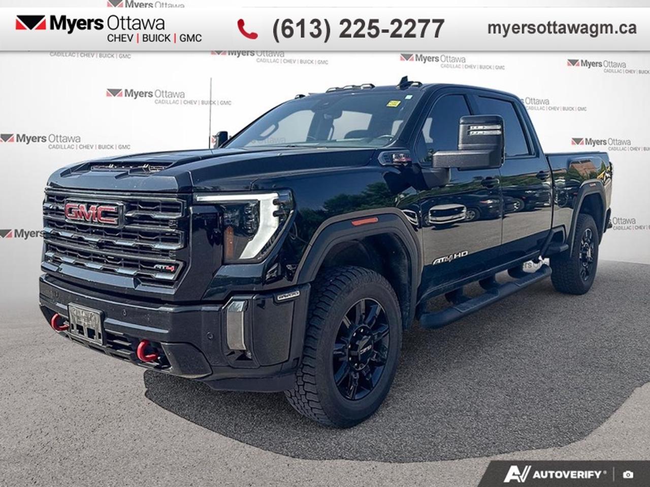 Compare at $82995 - Myers Cadillac is just $81121! <br> <br>This 2024 GMC Sierra 2500HD is fresh on our lot in Ottawa. This sought after diesel Crew Cab 4X4 pickup has 84,000 km. Its nice in colour and is completely accident free based on the <a href=https://vhr.carfax.ca/?id=KoluUZj7muOgFgvDZ6TWDZ1EkCkQaxc2 target=_blank>CARFAX Report</a>. It has an Automatic transmission and is powered by a 470HP 6.6L 8 Cylinder Engine. This vehicle has been upgraded with the following features: Leather Seats, Cooled Seats, Off-Road Suspension, Power Pedals, Apple CarPlay, Android Auto, LED Lights.<br> <br>To apply right now for financing use this link: <a href=https://creditonline.dealertrack.ca/Web/Default.aspx?Token=b35bf617-8dfe-4a3a-b6ae-b4e858efb71d&Lang=en target=_blank>https://creditonline.dealertrack.ca/Web/Default.aspx?Token=b35bf617-8dfe-4a3a-b6ae-b4e858efb71d&Lang=en</a><br> <br/><br>All prices include Admin fee and Etching Registration, applicable Taxes and licensing fees are extra.<br>*LIFETIME ENGINE TRANSMISSION WARRANTY NOT AVAILABLE ON VEHICLES WITH KMS EXCEEDING 140,000KM, VEHICLES 8 YEARS & OLDER, OR HIGHLINE BRAND VEHICLE(eg. BMW, INFINITI. CADILLAC, LEXUS...)<br> Come by and check out our fleet of 40+ used cars and trucks and 160+ new cars and trucks for sale in Ottawa.  o~o