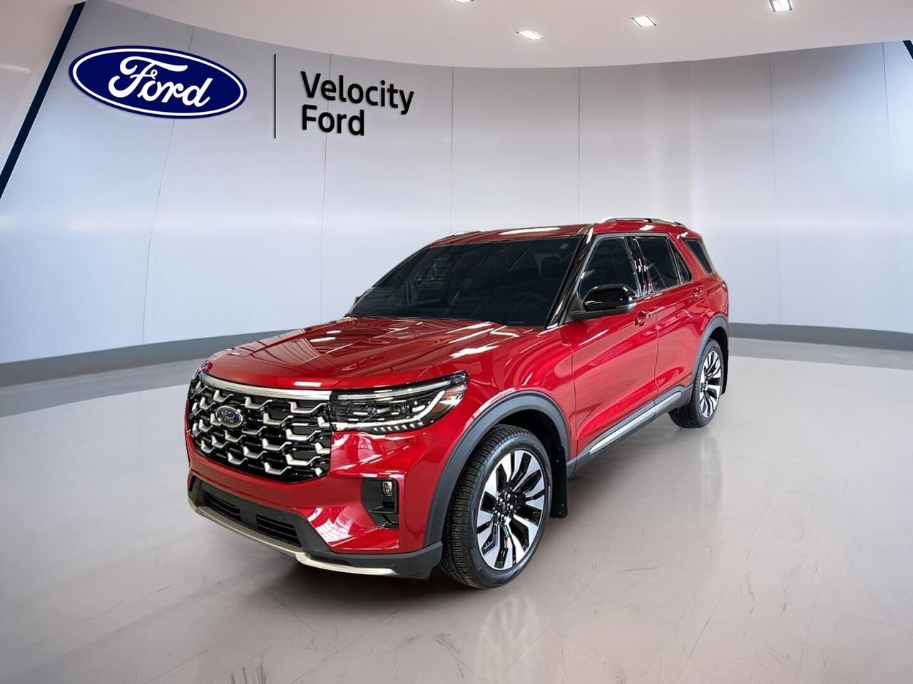 The 2026 Ford Explorer Platinum 4WD is brand new and ready for life in Moose Jaw. Finished in red, this four-door SUV blends upscale comfort, confident 4WD traction, and everyday versatility. Its 2.3-litre unleaded engine and automatic transmission deliver smooth power for commuting, family travel, and weekend escapes.

At Velocity Ford, this 2026 Ford Explorer Platinum 4WD stands out with a well-equipped feature set that adds comfort, safety, and convenience. Highlights include a sunroof, navigation system, remote starter, power liftgate, heated front and rear seats, blind spot monitoring, lane departure warning, and a backup camera.

FEATURES OF THE Explorer Platinum 4WD

»» Red exterior with bold SUV presence
»» Automatic transmission for smooth daily driving
»» Four-wheel drive for added traction
»» Glass sunroof brightens every journey

ADVANCED SAFETY FEATURES

»» Backup camera helps with safer reversing
»» Blind spot monitor adds lane awareness
»» Lane departure warning supports safer travel
»» Side and head airbags add protection

PERFORMANCE AND EFFICIENCY

»» 2.3-litre unleaded engine balances responsive power
»» Automatic transmission delivers smooth gear changes
»» Four-wheel drive improves year-round traction
»» Cruise control supports relaxed highway driving

COMFORT AND CONVENIENCE

»» Heated front seats add cold-weather comfort
»» Heated rear seats help keep passengers cozy
»» Dual-zone climate control improves cabin comfort
»» Remote starter adds everyday convenience

TECHNOLOGY AND CONNECTIVITY

»» Navigation system helps guide every trip
»» Bluetooth integration supports hands-free connectivity
»» Wi-Fi hotspot keeps devices connected
»» Steering wheel audio controls feel intuitive

CARGO SPACE

»» Power liftgate makes loading more convenient
»» Rear trunk access supports daily practicality
»» Four-door layout helps passenger entry ease
»» Spacious SUV design suits family cargo

WHAT OTHER OWNERS LIKE

»» Comfortable ride for daily family driving
»» Useful technology that feels easy to use
»» Confident all-weather traction from four-wheel drive
»» Heated seats and cabin comfort features

This 2026 Ford Explorer Platinum 4WD includes practical features drivers value every day. Power steering, power windows, heated mirrors, electric mirrors, retractable mirrors, automatic headlights, fog lights, rear window defroster, tinted windows, rear spoiler, and turn signal mirrors all add convenience and confidence on the road.

Inside, this 2026 Ford Explorer Platinum 4WD offers a refined driving environment with front air conditioning, rear air conditioning, rear climate control, automatic climate control, push button start, memory seats, memory mirrors, drivers seat lumbar support, passenger lumbar support, and an auto-dimming rearview mirror. The adjustable steering wheel and leather steering wheel complete a driver-focused cabin.

Entertainment and information features in this 2026 Ford Explorer Platinum 4WD help make every drive more enjoyable. Satellite radio, HD Radio, ambient lighting, and a clear connectivity suite support both short trips and longer drives. Tire pressure monitoring, anti-lock braking system, stability control, child safety locks, and multiple airbags help round out its safety-focused design.

This 2026 Ford Explorer Platinum 4WDs VIN is: 1FMUK8HH9TGC08695.