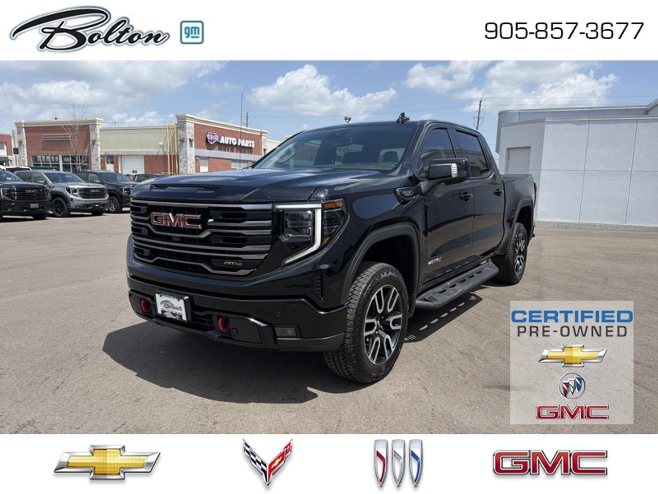 <b>GM CERTIFIED PRE-OWNED PROGRAM - FINANCE @ 0.99%<br> <br></b><br>  Our sales staff will help you find that used vehicle you have been looking for - come see us today!<br> <br>With a bold profile and distinctive stance, this 2025 Sierra turns heads and makes a statement on the jobsite, out in town or wherever life leads you. This 2025 GMC Sierra 1500 is for sale today in Bolton.<br> <br>This 2025 GMC Sierra 1500 stands out in the midsize pickup truck segment, with bold proportions that create a commanding stance on and off road. Next level comfort and technology is paired with its outstanding performance and capability. Inside, the Sierra 1500 supports you through rough terrain with expertly designed seats and robust suspension. This amazing 2025 Sierra 1500 is ready for whatever.<br> <br>This sought after diesel Crew Cab 4X4 pickup has 48,712 km and is a Certified Pre-Owned vehicle. Its Onyx Black in colour and is completely accident free based on the <a href=https://vhr.carfax.ca/?id=99rX3DIEQRV9Dy83RhHQezEyEFVeMXj6 target=_blank>CARFAX Report</a>. It has an Automatic transmission and is powered by a 305HP 3.0L Straight 6 Cylinder Engine. And its got a certified used vehicle warranty for added peace of mind. <br> <br> Our Sierra 1500s trim level is AT4. Built for adventure, this ultra truck comes very well equipped with an off-road suspension with skid plates, perforated leather seats, exclusive aluminum wheels, body-coloured exterior accents and a massive 13.4 inch touchscreen display that features wireless Apple CarPlay and Android Auto, Bose premium audio, SiriusXM, plus a 4G LTE hotspot. Additionally, this amazing pickup truck also features a spray-in bedliner, wireless device charging, IntelliBeam LED headlights, remote engine start, forward collision warning and lane keep assist, a trailer-tow package with hitch guidance, LED cargo area lighting, teen driver technology, a HD rear vision camera plus so much more! This vehicle has been upgraded with the following features: Diesel Engine, Leather Seats.<br> <br>To apply right now for financing use this link: <a href=http://www.boltongm.ca/?https://CreditOnline.dealertrack.ca/Web/Default.aspx?Token=44d8010f-7908-4762-ad47-0d0b7de44fa8&Lang=en target=_blank>http://www.boltongm.ca/?https://CreditOnline.dealertrack.ca/Web/Default.aspx?Token=44d8010f-7908-4762-ad47-0d0b7de44fa8&Lang=en</a><br> <br/>This vehicle has met our highest standard and has been put through the GM certification process by our GM trained technicians. Our GM Certified used vehicles go thru an extensive 150 + point inspection and are reconditioned back to near new condition. Each vehicle comes with a minimum of a 3 month, 5000 KM warranty or the balance of the factory warranty (whichever is longer) with 24 hour roadside assistance. They also come with satisfaction guaranteed; a 30 day or 2500 km exchange privilege if you are not completely satisfied. And thats standard. If your budget permits, you can extend or upgrade to an even more comprehensive Certified Pre-Owned Vehicle Protection Plan. Youll also appreciate the convenience of being able to transfer any existing warranties to a new owner, should you ever decide to sell your Certified Pre-Owned Vehicle. If you are a student or recently graduated, you may also qualify for an additional $500 discount when a used GM vehicle is purchased.  For more information, please call any of our knowledgeable used vehicle staff at 877-335-7544.<br> <br/><br>Call 1-877-626-5866 NOW before this vehicle is sold!!! 
*No Hassles, No Haggles, No Admin Fees,* *JUST OUR BEST PRICE, FIRST*!!!
*** GOOD CREDIT, BAD CREDIT, NO CREDIT, LET OUR FINANCE MANAGERS SHOW YOU THE DIFFERENCE THAT BUYING FROM BOLTON GM WILL MAKE, WE SPECIALIZE IN REBUILDING YOUR CREDIT!!!!*** 
Bolton GM is Only 15 minutes from Hwy 9, 400, 427 and 410
See our complete inventory at www.boltongm.ca
<br> Come by and check out our fleet of 20+ used cars and trucks and 110+ new cars and trucks for sale in Bolton.  o~o