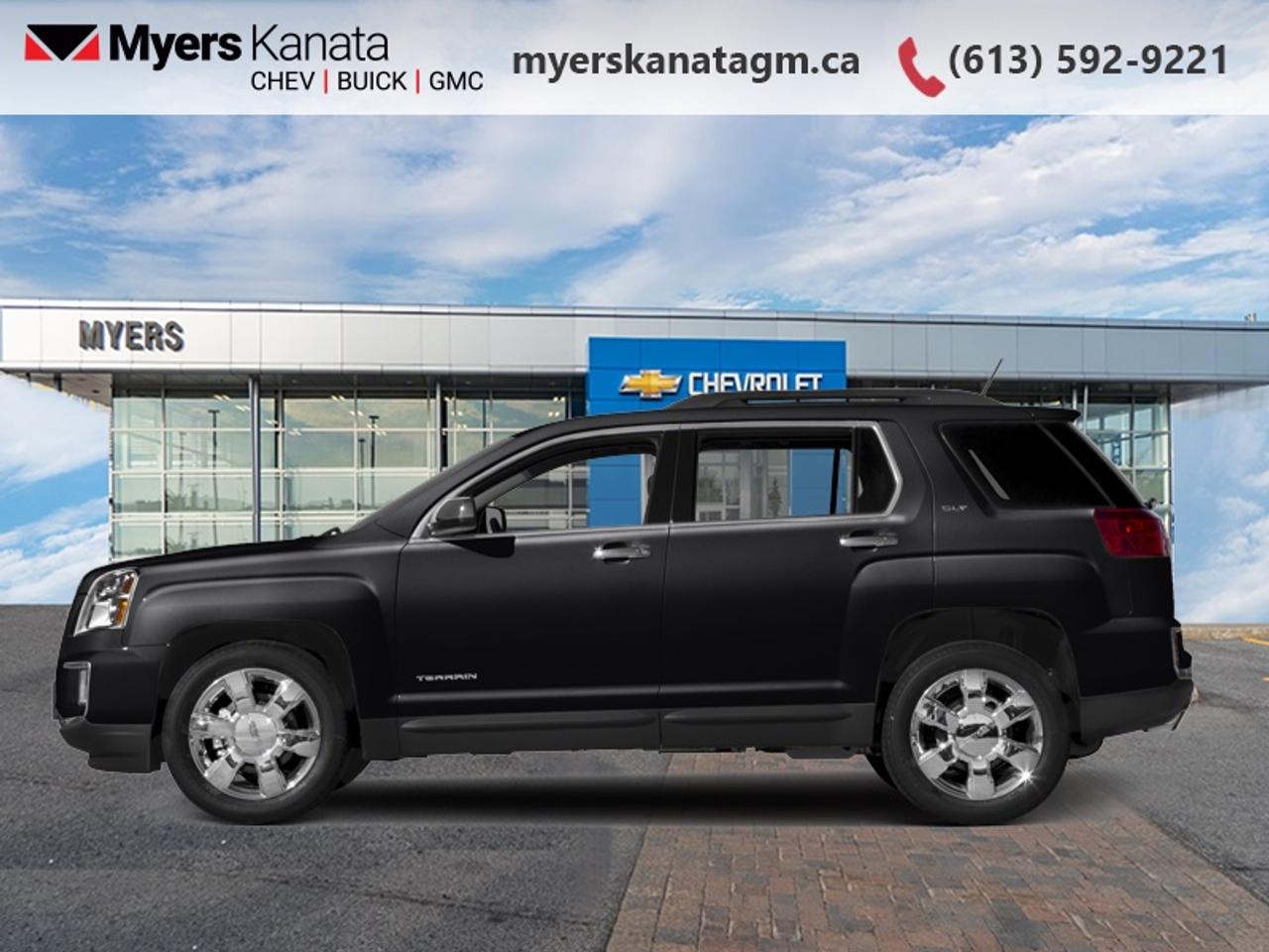 <b>Low Mileage, Leather Seats,  Heated Seats,  Power Seat,  Remote Engine Start,  Premium Audio System!</b><br> <br> This 2017 GMC Terrain is fresh on our lot in Kanata.<br> <br>Utility is only one part of this small SUVs story. Every detail and innovation in this 2017 GMC Terrain has a purpose - to give you a superior experience no matter what seat youre in. This compact SUV is inviting and comfortable thanks to its MultiFlex rear seat system that maximizes the rear leg room and utility. Every Terrain is built with precision and distinguishing features, which is a true testament to the craftsmanship and detail that goes into every Professional Grade GMC vehicle.<br> <br>This low mileage SUV has just 65,500 km. Its Ebony Twilight Metallic in colour and is completely accident free based on the <a href=https://vhr.carfax.ca/?id=pw8YHwh+lOCZ941B1yRx2eJ2dKR4DpdK target=_blank>CARFAX Report</a>. It has an Automatic transmission and is powered by a smooth engine. <br> <br> Our Terrains trim level is SLT. As one of the top models, this Terrain SLT gives you a long list of luxurious equipment and hi-tech features. These include perforated leather heated seats with an 8 way power driver seat, a remote vehicle starter, Intellilink with Bluetooth audio streaming, Pioneer premium 8-speaker audio system, rear vision camera, stylish aluminum wheels, all wheel drive and an exterior appearance package. This vehicle has been upgraded with the following features: Leather Seats, Heated Seats, Power Seat, Remote Engine Start, Premium Audio System, Rear View Camera, SiriusXM.<br> <br>To apply right now for financing use this link: <a href=https://www.myerskanatagm.ca/finance/ target=_blank>https://www.myerskanatagm.ca/finance/</a><br> <br/><br>Price is plus HST and licence only.<br> Book a test drive today at myerskanatagm.ca<br>*LIFETIME ENGINE TRANSMISSION WARRANTY NOT AVAILABLE ON VEHICLES WITH KMS EXCEEDING 140,000KM, VEHICLES 8 YEARS & OLDER, OR HIGHLINE BRAND VEHICLE(eg. BMW, INFINITI. CADILLAC, LEXUS...)<br> Come by and check out our fleet of 30+ used cars and trucks and 180+ new cars and trucks for sale in Kanata.  o~o