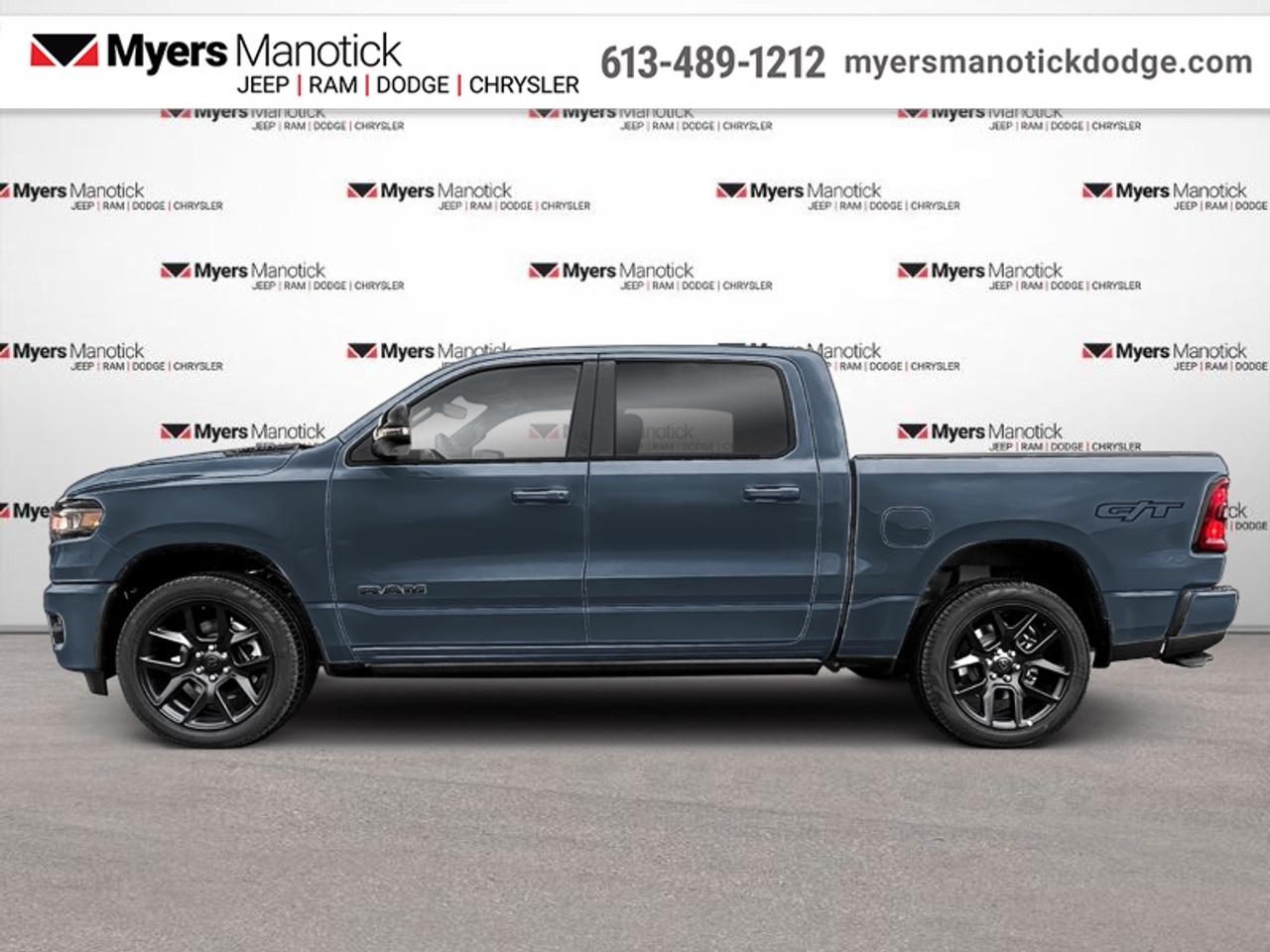 <b>Leather Seats, Night Edition, Sunroof, Bed Utility Group!</b><br> <br> Call 613-489-1212 to speak to our friendly sales staff today, or come by the dealership!<br> <br>The 2026 Ram 1500 delivers exceptional performance, refined comfort, and cutting-edge innovation for every road ahead.<br> <br>The Ram 1500s unmatched luxury transcends traditional pickups without compromising its capability. Loaded with best-in-class features, its easy to see why the Ram 1500 is so popular. With the most towing and hauling capability in a Ram 1500, as well as improved efficiency and exceptional capability, this truck has the grit to take on any task.<br> <br>This Forged Blue Metallic pickup has an Automatic transmission. <br> <br> Our 1500s trim level is Sport. This Ram 1500 in Sport trim rewards you with front heated seats, a leather-wrapped heated steering wheel, a 360 camera system, a 10-speaker Alpine audio, and a 12-inch infotainment screen with inbuilt navigation, Apple CarPlay and Android Auto, and 4G LTE Wi-Fi hotspot. Additional features include class IV towing equipment, aluminum wheels, power adjustable pedals, intersection collision assist, evasion assist, lane keep assist with lane departure warning, and even more! This vehicle has been upgraded with the following features: Leather Seats, Night Edition, Sunroof, Bed Utility Group.<br><br> View the original window sticker for this vehicle with this url <b><a href=http://www.chrysler.com/hostd/windowsticker/getWindowStickerPdf.do?vin=1C6SRFVP7TN423700 target=_blank>http://www.chrysler.com/hostd/windowsticker/getWindowStickerPdf.do?vin=1C6SRFVP7TN423700</a></b>.<br> <br>To apply right now for financing use this link: <a href=https://CreditOnline.dealertrack.ca/Web/Default.aspx?Token=3206df1a-492e-4453-9f18-918b5245c510&Lang=en target=_blank>https://CreditOnline.dealertrack.ca/Web/Default.aspx?Token=3206df1a-492e-4453-9f18-918b5245c510&Lang=en</a><br> <br/><br>If youre looking for a Dodge, Ram, Jeep, and Chrysler dealership in Ottawa that always goes above and beyond for you, visit Myers Manotick Dodge today! Were more than just great cars. We provide the kind of world-class Dodge service experience near Kanata that will make you a Myers customer for life. And with fabulous perks like extended service hours, our 30-day tire price guarantee, the Myers No Charge Engine/Transmission for Life program, and complimentary shuttle service, its no wonder were a top choice for drivers everywhere. Get more with Myers!<br> Come by and check out our fleet of 20+ used cars and trucks and 40+ new cars and trucks for sale in Manotick.  o~o