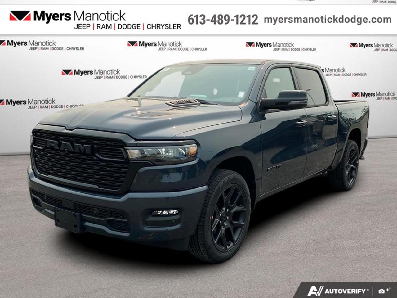 <b>Leather Seats, Sunroof, Night Edition, Bed Utility Group!</b><br> <br> Call 613-489-1212 to speak to our friendly sales staff today, or come by the dealership!<br> <br>Dominate workdays and weekends alike with the 2026 Ram 1500, where capability meets class.<br> <br>The Ram 1500s unmatched luxury transcends traditional pickups without compromising its capability. Loaded with best-in-class features, its easy to see why the Ram 1500 is so popular. With the most towing and hauling capability in a Ram 1500, as well as improved efficiency and exceptional capability, this truck has the grit to take on any task.<br> <br>This Forged Blue Metallic Crew Cab 4X4 pickup has an Automatic transmission and is powered by a 420HP 3.0L Straight 6 Cylinder Engine. <br> <br> Our 1500s trim level is Sport. This Ram 1500 in Sport trim rewards you with front heated seats, a leather-wrapped heated steering wheel, a 360 camera system, a 10-speaker Alpine audio, and a 12-inch infotainment screen with inbuilt navigation, Apple CarPlay and Android Auto, and 4G LTE Wi-Fi hotspot. Additional features include class IV towing equipment, aluminum wheels, power adjustable pedals, intersection collision assist, evasion assist, lane keep assist with lane departure warning, and even more! This vehicle has been upgraded with the following features: Leather Seats, Sunroof, Night Edition, Bed Utility Group.<br><br> View the original window sticker for this vehicle with this url <b><a href=http://www.chrysler.com/hostd/windowsticker/getWindowStickerPdf.do?vin=1C6SRFVP7TN423700 target=_blank>http://www.chrysler.com/hostd/windowsticker/getWindowStickerPdf.do?vin=1C6SRFVP7TN423700</a></b>.<br> <br>To apply right now for financing use this link: <a href=https://CreditOnline.dealertrack.ca/Web/Default.aspx?Token=3206df1a-492e-4453-9f18-918b5245c510&Lang=en target=_blank>https://CreditOnline.dealertrack.ca/Web/Default.aspx?Token=3206df1a-492e-4453-9f18-918b5245c510&Lang=en</a><br> <br/>Total rebate of $8250 is reflected in the price. <br> Buy this vehicle now for the lowest weekly payment of <b>$264.11</b> with $0 down for 96 months @ 5.29% APR O.A.C. ( Plus applicable taxes - $1199 fees included in price **Rebates may not be applicable on all purchase types [cash, lease, or finance]. Eligibility and conditions may vary. Please see dealer for full details and confirmation of eligibility. ). Incentives expire 2026-08-31. See dealer for details. <br><br>If youre looking for a Dodge, Ram, Jeep, and Chrysler dealership in Ottawa that always goes above and beyond for you, visit Myers Manotick Dodge today! Were more than just great cars. We provide the kind of world-class Dodge service experience near Kanata that will make you a Myers customer for life. And with fabulous perks like extended service hours, our 30-day tire price guarantee, the Myers No Charge Engine/Transmission for Life program, and complimentary shuttle service, its no wonder were a top choice for drivers everywhere. Get more with Myers!<br> Come by and check out our fleet of 20+ used cars and trucks and 40+ new cars and trucks for sale in Manotick.  o~o