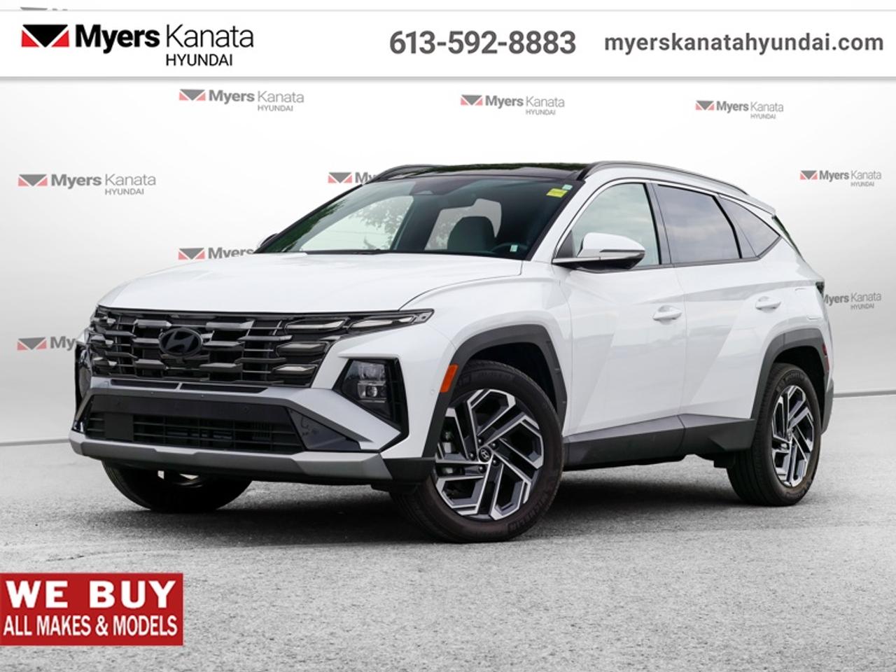 <b>Low Mileage, Sunroof,  Cooled Seats,  Leather Seats,  Apple CarPlay,  Android Auto!</b><br> <br>  On sale now! This vehicle was originally listed at $44485.  Weve marked it down to $42888. You save $1597.This 2025 Hyundai Tucson was built for modern adventure. This 2025 Hyundai Tucson Hybrid is for sale today in Kanata.<br> <br>This 2025 Hyundai Tucson was made with eye for detail. From subtle surprises to bold design features, every part of this 2025 Hyundai Tucson is a treat. Stepping into the interior feels like a step right into the future with breathtaking technology and luxury that will make your smartphone jealous. Add on an intelligently capable chassis and drivetrain and you have the SUV of the future, ready for you today.<br> <br>This low mileage SUV has just 4,500 km. Its nice in colour. It has an Automatic transmission and is powered by a 231HP 1.6L 4 Cylinder Engine. <br> <br> Our Tucson Hybrids trim level is Ultimate AWD. Taking things a step further, this Tucson Hybrid with the Ultimate trim adds memory settings for front seat positions, voice-activated dual-zone climate control and an aerial view camera system, and also includes an automatic full-time all-wheel drive system, an express open/close glass sunroof with a power sunshade, heated and ventilated leather seats with 8-way power adjustment and 2-way lumbar support, a heated leather-wrapped steering wheel, proximity keyless entry with remote start, a power-operated smart rear liftgate with proximity cargo access, and a 12.3-inch infotainment screen bundled with Apple CarPlay and Android Auto, onboard navigation with voice-activation, and a premium 8-speaker Bose audio system. Road safety is taken care of, thanks to adaptive cruise control, blind spot detection, lane keeping assist, lane departure warning, forward collision avoidance with pedestrian & cyclist detection, rear collision mitigation, driver monitoring alert, rear parking sensors, LED headlights with automatic high beams, and a rear view camera system. This vehicle has been upgraded with the following features: Sunroof, Cooled Seats, Leather Seats, Apple CarPlay, Android Auto, Premium Audio, Navigation.<br> <br>To apply right now for financing use this link: <a href=https://www.myerskanatahyundai.com/finance/ target=_blank>https://www.myerskanatahyundai.com/finance/</a><br> <br/><br>Smart buyers buy at Myers where all cars come Myers Certified including a 1 year tire and road hazard warranty (some conditions apply, see dealer for full details.)<br> <br>This vehicle is located at Myers Kanata Hyundai 400-2500 Palladium Dr Kanata, Ontario.<br>*LIFETIME ENGINE TRANSMISSION WARRANTY NOT AVAILABLE ON VEHICLES WITH KMS EXCEEDING 140,000KM, VEHICLES 8 YEARS & OLDER, OR HIGHLINE BRAND VEHICLE(eg. BMW, INFINITI. CADILLAC, LEXUS...)<br> Come by and check out our fleet of 30+ used cars and trucks and 180+ new cars and trucks for sale in Kanata.  o~o