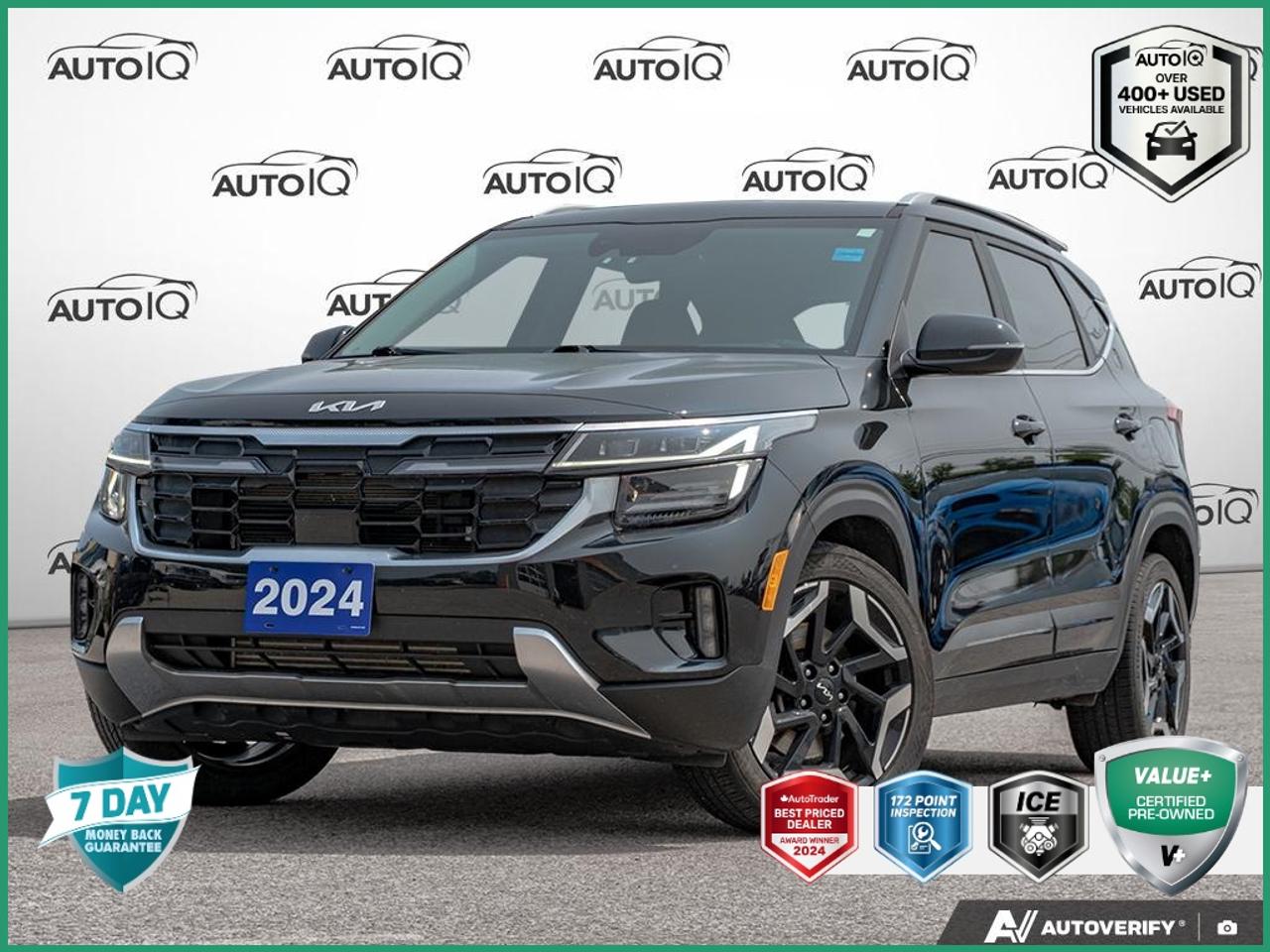 Odometer is 20562 kilometers below market average!<br><br>3.51 Axle Ratio, 8 Speakers, Air Conditioning, Alloy wheels, Apple CarPlay & Android Auto, Automatic temperature control, Brake assist, Bumpers: body-colour, Delay-off headlights, Dual front impact airbags, Dual front side impact airbags, Electronic Stability Control, Exterior Parking Camera Rear, Four wheel independent suspension, Front Bucket Seats, Front fog lights, Fully automatic headlights, Heads-Up Display, Heated & Air-Cooled Front Bucket Seats, Heated door mirrors, Heated front seats, Heated rear seats, Heated steering wheel, Illuminated entry, Leather Shift Knob, Leather steering wheel, Low tire pressure warning, Memory seat, Navigation System, Outside temperature display, Panic alarm, Power door mirrors, Power driver seat, Power Liftgate, Power moonroof, Power passenger seat, Power steering, Power windows, Radio: AM/FM/HD/SiriusXM Kia Connect, Rain sensing wipers, Rear window defroster, Rear window wiper, Remote keyless entry, Security system, Sofino Leather Seat Trim, Speed-sensing steering, Split folding rear seat, Spoiler, Sport steering wheel, Steering wheel mounted audio controls, Traction control, Turn signal indicator mirrors, Variably intermittent wipers, Ventilated front seats.<br><br>Gravity Gray<br>2024 Kia Seltos SX<br>4D Sport Utility<br>1.6L I4 DGI Turbocharged DOHC 16V LEV3-ULEV70 195hp 8-Speed Automatic<br>AWD<p> </p>

<h4>VALUE+ CERTIFIED PRE-OWNED VEHICLE</h4>

<p>
- 36-point Provincial Safety Inspection<br>
- 172-point inspection combined mechanical, aesthetic, functional inspection including a vehicle report card<br>
- Warranty: 30 Days or 1500 KMS on mechanical safety-related items and extended plans are available<br>
- Complimentary CARFAX Vehicle History Report<br>
- 2X Provincial safety standard for tire tread depth<br>
- 2X Provincial safety standard for brake pad thickness<br>
- 7 Day Money Back Guarantee*<br>
- Market Value Report provided<br>
- Complimentary 3 months SIRIUS XM satellite radio subscription on equipped vehicles<br>
- Complimentary wash and vacuum<br>
- Vehicle scanned for open recall notifications from manufacturer
</p>

<p>SPECIAL NOTE: This vehicle is reserved for AutoIQs retail customers only. Please, No dealer calls. Errors & omissions excepted.</p>

<p>*As-traded, specialty or high-performance vehicles are excluded from the 7-Day Money Back Guarantee Program (including, but not limited to Ford Shelby, Ford mustang GT, Ford Raptor, Chevrolet Corvette, Camaro 2SS, Camaro ZL1, V-Series Cadillac, Dodge/Jeep SRT, Hyundai N Line, all electric models)</p>