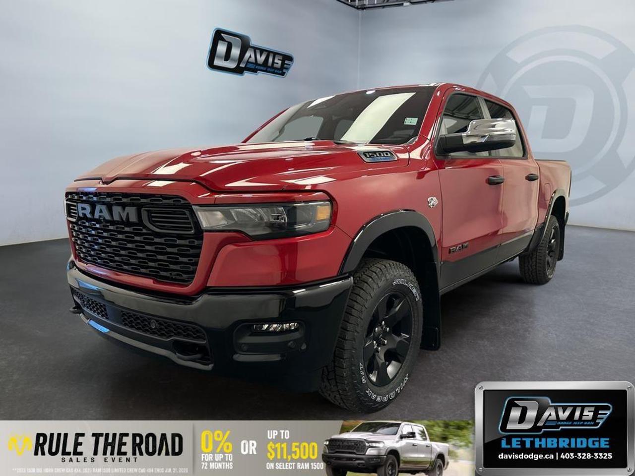 <p><strong>2026 Ram 1500 Big Horn 4x4 Crew Cab 5'7" Box</strong></p> <p><strong>Color: </strong>Red<br /><strong>Drive Train: </strong>4×4</p> <p><strong>Interior Features:</strong></p> <ul><li>Black leather-wrapped steering wheel</li><li>Front heated seats and heated steering wheel</li><li>115V auxiliary power outlet and two in-floor storage bins</li><li>6-month SiriusXM Radio Service and a universal garage door opener</li><li>Rear window defroster and power sliding rear window</li></ul> <p><strong>Exterior Features:</strong></p> <ul><li>18" x 8" black-painted aluminum wheels and aluminum wheels</li><li>Molten Red Pearl with lower two-tone paint and accent-color fender flares</li><li>Black Painted Front & Rear Bumper and black exterior badging</li><li>Black dual exhaust tips and black headlamp bezels</li><li>Raised ride height with front extra heavy-duty shocks and rear heavy-duty shock absorbers</li></ul> <p><strong>Technology & Safety Features:</strong></p> <ul><li>8-Speed Automatic Transmission</li><li>Engine: 5.7L HEMI VVT V8 with MDS & eTorque</li><li>Backup camera, lane assist, and parking sensors</li><li>Remote start and keyless entry</li><li>Adaptive cruise control and smart device integration</li><li>Wi-Fi hotspot and a secondary active grille shutter</li><li>Safety features like steering gear skid plate, fuel tank skid plate, and E-Locker rear axle</li></ul> <p>Perfect for those who seek power and capability, the 2026 Ram 1500 Big Horn offers an impressive blend of strength and sophistication. Get ready to conquer any terrain with confidence. Contact Davis Dodge Lethbridge today for more information and to schedule a test drive.</p>