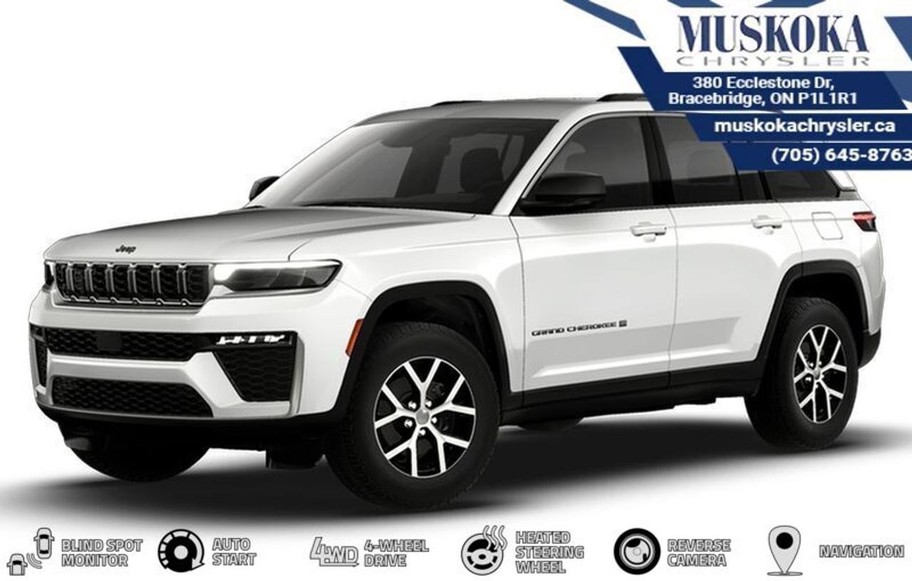 This Jeep Grand Cherokee Limited, with a 2.0L I-4 intercooled turbo engine engine, features a 8-speed automatic transmission, and generates 9.2 highway/11.5 city L/100km. Find this vehicle with only 0 kilometers!  Jeep Grand Cherokee Limited Options: This Jeep Grand Cherokee Limited offers a multitude of options. Technology options include: Disassociated Touchscreen Display, GPS Antenna Input, Integrated Centre Stack Radio, Voice Activated Dual Zone Front Automatic Air Conditioning, 2 LCD Monitors In The Front.  Safety options include Airbag Occupancy Sensor, Curtain 1st And 2nd Row Airbags, Driver And Passenger Knee Airbag, Dual Stage Driver And Passenger Front Airbags, Dual Stage Driver And Passenger Seat-Mounted Side Airbags.  Visit Us: Find this Jeep Grand Cherokee Limited at Muskoka Chrysler today. We are conveniently located at 380 Ecclestone Dr Bracebridge ON P1L1R1. Muskoka Chrysler has been serving our local community for over 40 years. We take pride in giving back to the community while providing the best customer service. We appreciate each and opportunity we have to serve you, not as a customer but as a friend