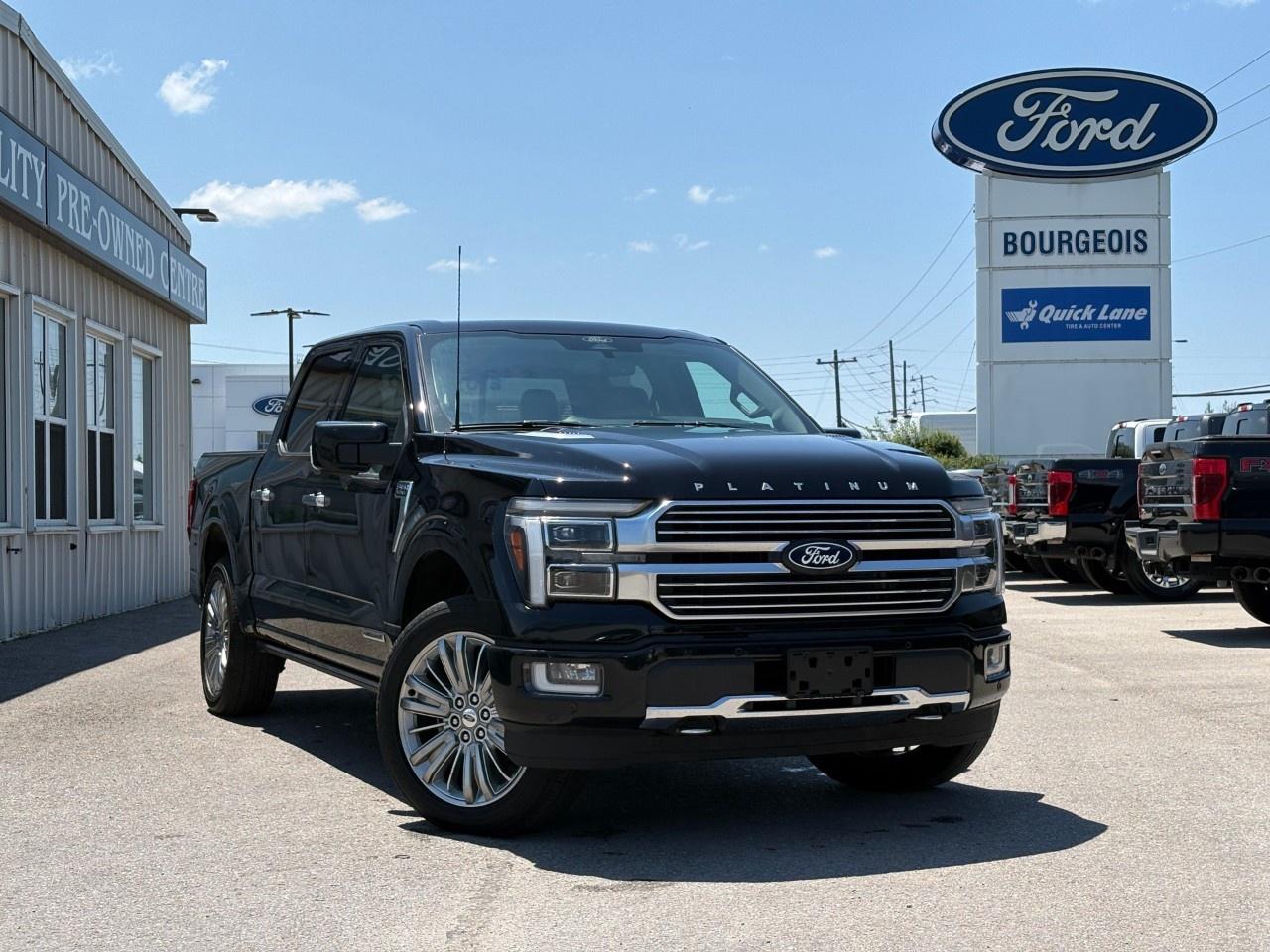 <p>The 2024 Ford F-150 Platinum comes in a stunning black with a robust 4x4 drivetrain, ensuring you'll tackle any terrain with confidence. This exceptional truck combines power and elegance, delivering dependable handling designed for both adventure and everyday drive.</p><p>Exterior features like the stylish alloy wheels and running boards complement its commanding presence, while the sunroof/moonroof enhances the way you experience the open road. Inside, the luxurious tan interior sets a sophisticated tone, with sumptuous leather seats that invite comfort for every drive. The heated and cooled front seats, along with a heated steering wheel, add to the high-class feel of this truck. The F-150 Platinum's design integrates practicality and style seamlessly with features such as power windows and seats.</p><p>Advanced technology equipped in this truck includes a premium navigation system, a heads-up display, and a comprehensive infotainment system with smart device integration and a wi-fi hotspot, ensuring you're always connected wherever the journey leads. Safety and driver assistance systems like lane assist, parking sensors, a backup camera, and adaptive cruise control provide peace of mind for you and your passengers.</p><p>Whether youre a professional needing a reliable workhorse or a family looking for an upscale adventure vehicle, this Ford F-150 Platinum SuperCrew is prepared for every challenge and lifestyle. Contact Bourgeois Motors Ltd. for more information and get ready to make this exceptional truck yours.</p> <p><strong>Why Choose the Bourgeois Auto Group?</strong></p><p>For 80 years, Bourgeois Auto Group has been delivering exceptional automotive experiences. Our factor trained teams work to ensure you receive the shopping experience you deserve; whether you're looking for a new or new-to-you vehicle.</p><p>Shop 24/7 with our online showroom and chat service, ensuring convenience every step of the way. No hidden fees, full disclosure, and every pre-owned vehicle comes with a Carfax® report for peace of mind.</p><p>We offer a wide selection of pre-owned vehicles, all competitively priced using real-time market data. Get the best deal on your purchase and trade-in with our free Live Market Analysis report.</p><p>Looking to sell your car? We buy any make or modelno purchase required. Our simple to use online trade valuation tool will provide you with a clear, transparent selling experience whether you buy our car or not.</p><p>Backed by hundreds dedicated employees across 4 convenient locations, were here to meet all your automotive needs. Visit us in Midland or Parry Sound and explore our inventory or schedule your next service today.</p> <p><strong>Financing Your Next Vehicle with Bourgeois Motors Ford in Midland:</strong></p><p>At Bourgeois Motors Ford, we make financing your next vehicle simple and stress-free! Our team works with trusted lenders to find flexible options tailored to your budget. Drive away with confidenceapply today!</p><p>Take advantage of our online pre-qualification tool, backed by Equifax and TD Bank to find the payment that works for you. Simply <a href=https://www.bourgeoismotors.com/free-credit-check/ rel=nofollow><strong>CLICK HERE</strong></a><strong> </strong>to use our secure online credit tool with no impact to your credit.</p>