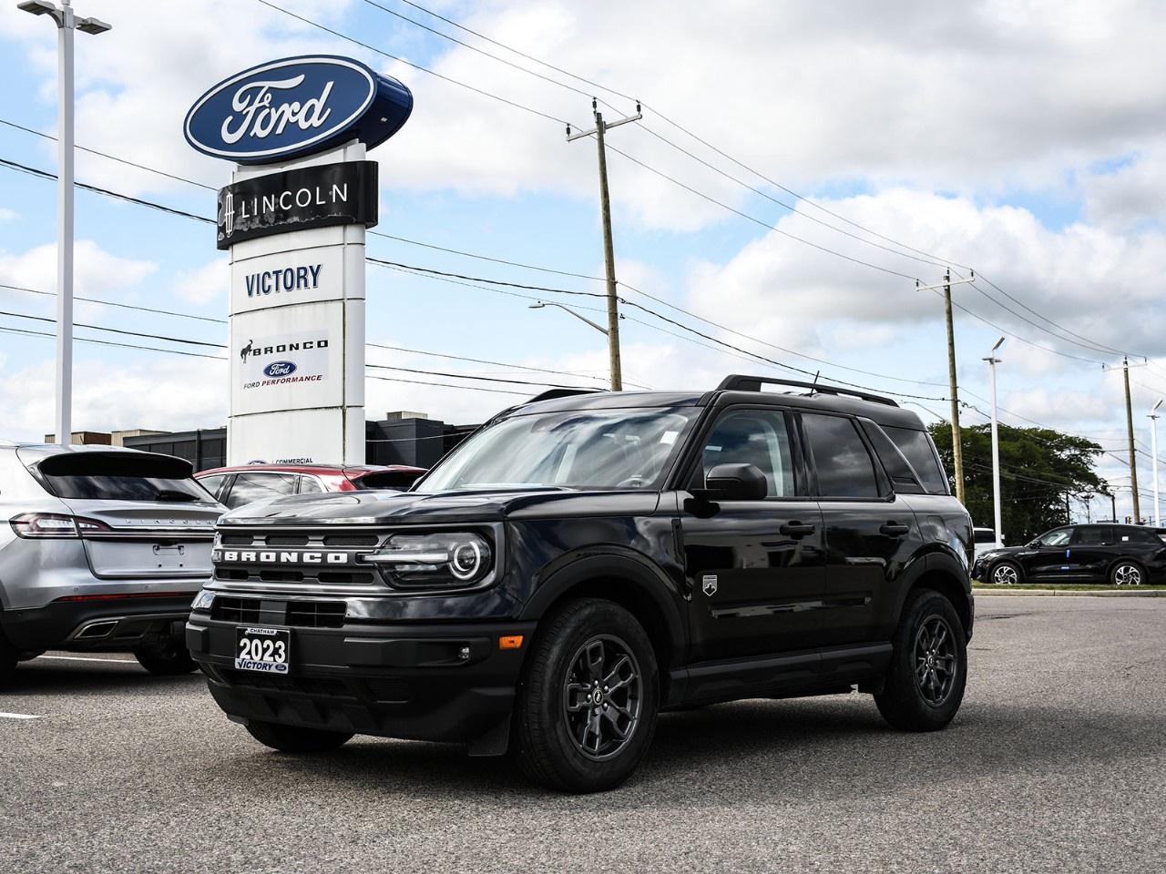 <h2>NOW AVAILABLE AT VICTORY FORD LINCOLN</h2><h1>2023 Ford Bronco Sport Big Bend 4x4</h1><h3>Ford Co-Pilot360 Assist+  Class II Trailer Tow Package  Convenience Package  Adventure-Ready SUV</h3><p>This 2023 Ford Bronco Sport Big Bend 4x4 is built for adventure with rugged capability, advanced driver-assistance technology, and everyday practicality. Equipped with the Ford Co-Pilot360 Assist+, Class II Trailer Tow Package, and Convenience Package, this Bronco Sport is ready for the trail, the campsite, or your daily commute.</p><h3>POWER & PERFORMANCE</h3><ul><li><p>1.5L EcoBoost® Turbocharged Engine</p></li><li><p>8-Speed Automatic Transmission</p></li><li><p>4x4 with Terrain Management System</p></li><li><p>181 Horsepower / 190 lb-ft Torque</p></li><li><p>Class II Trailer Tow Package</p></li><li><p>Five G.O.A.T. Modes (Goes Over Any Type of Terrain)</p></li></ul><h3>PACKAGE</h3><ul><li><p>Big Bend Equipment Group</p></li><li><p>Ford Co-Pilot360 Assist+</p></li><li><p>Convenience Package</p></li><li><p>Class II Trailer Tow Package</p></li><li><p>Adaptive Cruise Control</p></li><li><p>Voice-Activated Navigation</p></li></ul><h3>EXTERIOR FEATURES</h3><ul><li><p>17" Carbonized Gray Aluminum Wheels</p></li><li><p>LED Headlamps with Signature Lighting</p></li><li><p>Roof Rails</p></li><li><p>Easy-to-Clean Flip-Up Rear Glass</p></li><li><p>Liftgate with Flood Lights</p></li><li><p>Rugged Bronco Sport Styling</p></li></ul><h3>INTERIOR & COMFORT</h3><ul><li><p>Premium Cloth Seating Surfaces</p></li><li><p>Heated Front Seats</p></li><li><p>Power Driver Seat</p></li><li><p>Leather-Wrapped Steering Wheel</p></li><li><p>Dual-Zone Electronic Climate Control</p></li><li><p>Rubberized Cargo Area Flooring</p></li></ul><h3>TECHNOLOGY</h3><ul><li><p>SYNC® 3 Infotainment System</p></li><li><p>8" Touchscreen Display</p></li><li><p>Apple CarPlay® & Android Auto</p></li><li><p>Voice-Activated Navigation</p></li><li><p>FordPass Connect with Wi-Fi Hotspot</p></li><li><p>Rear View Camera</p></li></ul><h3>SAFETY & DRIVER ASSISTANCE</h3><ul><li><p>Ford Co-Pilot360 Assist+</p></li><li><p>Adaptive Cruise Control with Stop & Go</p></li><li><p>Lane Centering Assist</p></li><li><p>Blind Spot Information System (BLIS®)</p></li><li><p>Evasive Steering Assist</p></li><li><p>Rear View Camera</p></li><li><p>Rear Parking Sensors</p></li></ul><h3>HIGHLIGHTS</h3><ul><li><p>Ford Co-Pilot360 Assist+</p></li><li><p>Convenience Package</p></li><li><p>Class II Trailer Tow Package</p></li><li><p>4x4 with G.O.A.T. Modes</p></li><li><p>Voice-Activated Navigation</p></li><li><p>Adventure-Ready Capability</p></li></ul><h3>Special Offer:</h3><p><strong>Peace of Mind Included:</strong> 3-Month Comprehensive Warranty (for vehicles under 10 years old & under 160,000 km) No-Haggle, Live Market Pricing  Transparent & Competitive All-Inclusive Pricing: Fees, Reconditioning, and Full Detailing Included (Taxes & Licensing Extra)</p><h4>Additional Details:</h4><p><strong>Keys:</strong> Standard with one key. Additional keys (if provided by the previous owner) included at no cost. Optional key purchases available upon request.</p><p><strong>Visit Victory Ford Lincoln Today</strong> Schedule your appointment to experience this exceptional vehicle.</p>