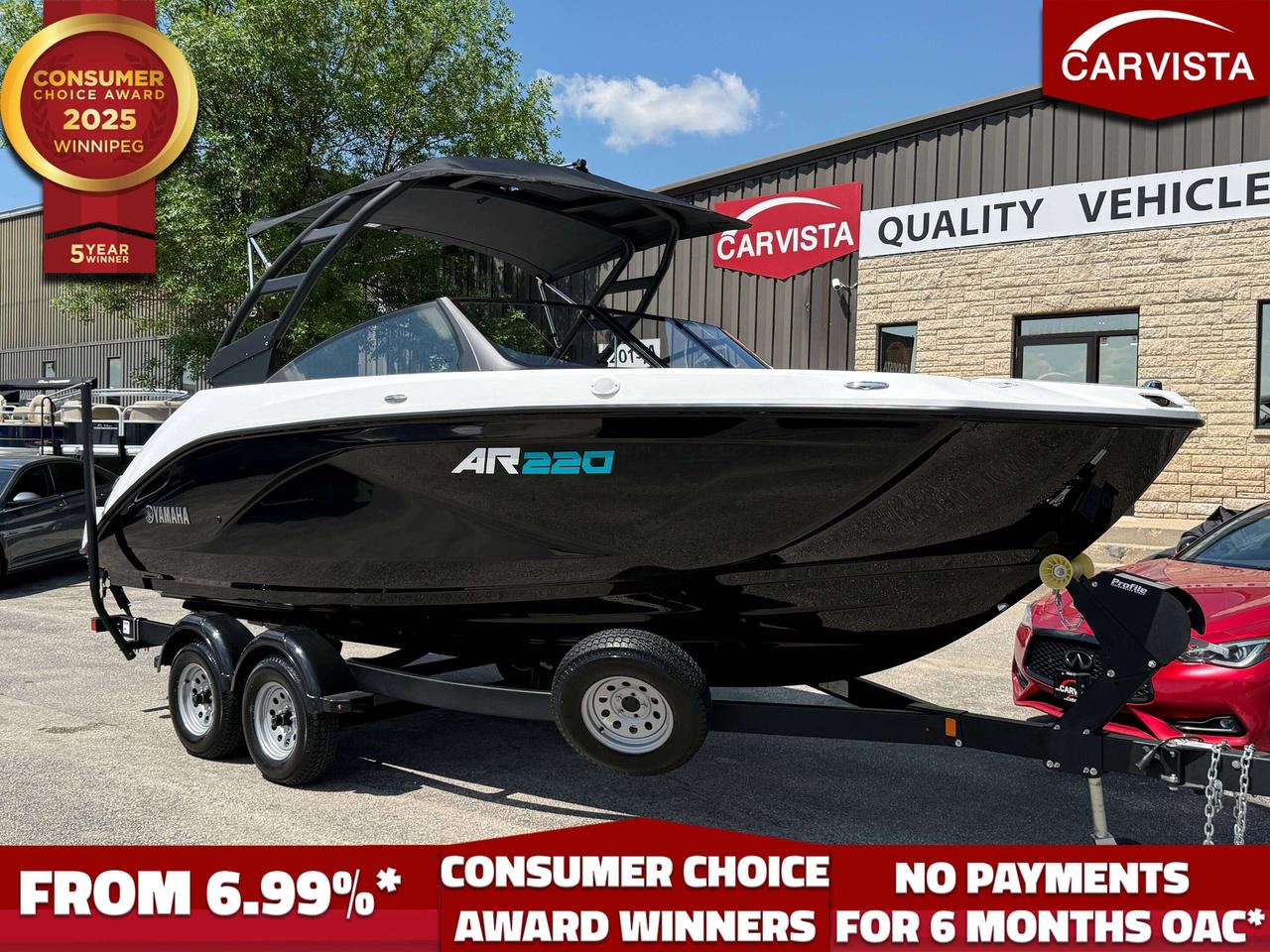 2025 Yamaha AR220 with twin HO Yamaha jet drive engines! Includes trailer.  
ONLY 0.2HRS on this boat, its never seen the water! 

Experience showroom-fresh condition and true watersports versatility with this 2025 Yamaha AR220, a premium 22-foot jet boat that has never seen the water and shows 0 hours. If you have been looking for a like-new sport boat without the wait, uncertainty, or setup of ordering new, this AR220 is an exceptional opportunity. This boat is in showroom condition and comes complete with the wake tower, Bimini top, mooring cover, and matching tandem axle trailer, giving you a fully equipped package that is ready to impress on and off the water.

Essential specs for the 2025 Yamaha AR220 are exactly what buyers want to see in a modern 22-foot sport boat. Overall length is 22 feet, beam is 8 feet 6 inches, draft is 19 inches, and deadrise is 20 degrees, giving the boat a confident, sporty ride with a stable and roomy feel on the water. Dry weight is approximately 3,538 lbs, dry weight on trailer is approximately 4,738 lbs, fuel capacity is a generous 70 gallons, and seating capacity is rated for up to 10 people. Weight capacity is approximately 2,200 lbs, total storage capacity is an impressive 502 gallons, height on trailer is around 11 feet, height on trailer with the tower folded is approximately 9 feet 11 inches, and overall trailer length is about 24 feet, or 22 feet 6 inches with the tongue folded. Powered by twin Yamaha TR-1 High Output marine engines, the AR220 delivers the kind of smooth, responsive performance that has made Yamaha jet boats so popular with families and watersports buyers alike.

What makes this boat stand out immediately is the fact that it is truly as close to new as you can get. With 0 hours and never having seen the water, you are getting the appeal of a brand-new boat in a package that is already equipped and ready to go. For many buyers, that is the ideal combination. There is no uncertainty about condition, no signs of use, and no compromise in presentation. This is the kind of boat that still has the look, feel, and presence of a brand-new showroom model.

The AR220 is one of Yamaha&rsquo;s most desirable configurations because it blends sporty styling, practical size, and watersports capability in a very well-balanced package. At 22 feet, it is large enough to comfortably entertain family and friends, yet still remains manageable for towing, storage, and day-to-day ownership. It is the kind of boat that works equally well for cruising, beach days, tubing, wakeboarding, and simply spending long summer days on the water in comfort.

Performance comes from Yamaha&rsquo;s twin TR-1 High Output marine engines, a setup known for strong reliability, smooth acceleration, responsive handling, and excellent fuel efficiency for a twin-engine package. Yamaha&rsquo;s jet propulsion system gives the AR220 a clean, uncluttered stern layout and the kind of immediate throttle response many buyers appreciate when docking, cruising, or towing watersports riders. The twin-engine configuration also adds confidence and control, which is one of the reasons Yamaha jet boats continue to attract buyers looking for dependable, family-friendly performance.

This AR220 is also equipped exactly the way many buyers want one. The aluminum folding wake tower gives the boat the aggressive watersports look that defines the AR series while also making it more functional for towing wakeboarders and tubers. The Bimini top adds practical shade for long summer days, giving passengers a more comfortable place to relax out of the sun. The included mooring cover is another major advantage, helping protect the boat&rsquo;s upholstery, flooring, and finishes when not in use while keeping the package looking clean and properly cared for. The matching tandem axle trailer completes the package and gives you the towing confidence, proper fit, and overall presentation buyers expect with a premium late-model sport boat.

Inside, the AR220 offers a modern and highly usable layout that is designed around comfort and versatility. The bow seating area is roomy and inviting, with multiple seating configurations made possible by filler cushions and smart layout design. The cockpit is equally well thought out, with comfortable passenger seating, a removable dinette table, marine-grade woven flooring, and a portside entertainment area that makes the interior feel more upscale and more functional. Yamaha has done an excellent job designing these boats so they feel social, open, and practical without wasting space.

At the helm, the AR220 offers a clean, driver-focused setup that feels modern and easy to use. It features Yamaha&rsquo;s 5-inch Connext touchscreen, which serves as the central hub for key boat functions, entertainment controls, and system information. The helm also includes tilt steering, an adjustable captain&rsquo;s chair with flip-up bolster, no-wake mode, cruise assist, rack-and-pinion steering, and Yamaha&rsquo;s articulating keel system, all of which contribute to a more refined and confidence-inspiring driving experience. This is a boat built for both fun and ease of ownership, and that becomes clear the moment you step behind the wheel.

One of the signature highlights of Yamaha sport boats is the stern design, and the AR220 continues that tradition with Yamaha&rsquo;s integrated swim platform. This area is one of the biggest reasons families love these boats. It creates a comfortable, practical space at the water&rsquo;s edge for swimming, lounging, gearing up for watersports, or simply relaxing at anchor. With cushioned backrests, stern storage, a telescopic reboarding ladder, and a clean jet-drive layout, the rear platform is one of the most enjoyable and versatile parts of the boat.

Storage is another major strength of the AR220. With a listed 502 gallons of total storage capacity, this boat has the room needed for lifejackets, ropes, boards, bags, water toys, and day-to-day essentials. There is also dedicated anchor and rope storage, a ski locker, wet storage areas, and additional portside storage that help keep the cockpit organized and uncluttered. For families and active owners, that kind of storage makes a big difference in how enjoyable the boat is to use over the course of a full day.

Overall, this 2025 Yamaha AR220 is an exceptional opportunity for someone who wants a truly like-new 22-foot sport boat with premium styling, strong twin-engine performance, and the right included equipment already in place. With 0 hours, never having seen the water, and presented in showroom condition, this is the kind of package that stands out immediately. Add in the wake tower, Bimini top, mooring cover, and matching tandem axle trailer, and you have a complete, highly desirable boat that is ready for summer. If you are looking for a clean, modern, watersports-ready Yamaha that delivers comfort, versatility, and near-new condition, this AR220 deserves a serious look.

Come see why Carvista has been the Consumer Choice Award Winner for 5 consecutive years! 2021, 2022, 2023, 2024 and 2025! Dont play the waiting game, our units are instock, no pre-order necessary!! See for yourself why Carvista has won this prestigious award and continues to serve its community. Carvista Approved! Carvista Approved! Our BoatVista package includes a complete inspection of your boat that includes an engine run up and test of the general systems of the unit! We pride ourselves in providing the highest quality marine products possible, and include a rigorous detail to ensure you get the cleanest unit around. 
Prices and payments exclude GST OR PST 
Carvista Inc. 
Dealer Permit # 1211 
Category: Used Boat
Units may not be exactly as shown, please verify all details with a sales person.