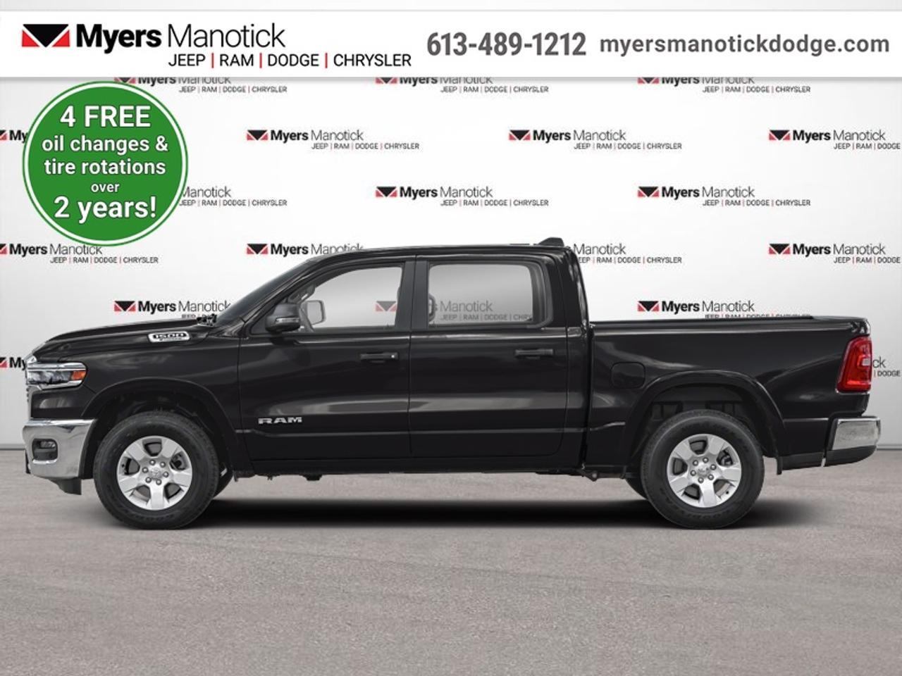 <b>Low Mileage, Aluminum Wheels,  Adaptive Cruise Control,  Remote Start,  Blind Spot Detection,  Lane Keep Assist!</b><br> <br> Make light work of tough jobs in this 2025 Ram 1500, with exceptional towing, torque and payload capability. This 2025 Ram 1500 is fresh on our lot in Manotick.<br> <br>The Ram 1500s unmatched luxury transcends traditional pickups without compromising its capability. Loaded with best-in-class features, its easy to see why the Ram 1500 is so popular. With the most towing and hauling capability in a Ram 1500, as well as improved efficiency and exceptional capability, this truck has the grit to take on any task.<br> <br>This low mileage 4X4 pickup has just 15,500 km. Its Black in colour and is completely accident free based on the <a href=https://vhr.carfax.ca/?id=ImJ499z2u4E4Fhb1nXYglkTulD+4c8kE target=_blank>CARFAX Report</a>. It has an Automatic transmission and is powered by a smooth engine. <br> <br> Our 1500s trim level is Big Horn. This Ram 1500 Big Horn steps things up with aluminum wheels, front fog lamps, and other standard features such as class IV towing equipment, heated exterior power mirrors, mobile hotspot internet access, adaptive cruise control and remote engine start. Safety features also include ParkSense front and rear parking sensors, lane keeping assist with lane departure warning, blind spot detection, and collision mitigation. This vehicle has been upgraded with the following features: Aluminum Wheels, Adaptive Cruise Control, Remote Start, Blind Spot Detection, Lane Keep Assist, Lane Departure Warning, Tow Package.<br> To view the original window sticker for this vehicle view this <a href=http://www.chrysler.com/hostd/windowsticker/getWindowStickerPdf.do?vin=1C6SRFFPXSN704757 target=_blank>http://www.chrysler.com/hostd/windowsticker/getWindowStickerPdf.do?vin=1C6SRFFPXSN704757</a>. <br/><br> <br>To apply right now for financing use this link: <a href=https://CreditOnline.dealertrack.ca/Web/Default.aspx?Token=3206df1a-492e-4453-9f18-918b5245c510&Lang=en target=_blank>https://CreditOnline.dealertrack.ca/Web/Default.aspx?Token=3206df1a-492e-4453-9f18-918b5245c510&Lang=en</a><br> <br/><br>If youre looking for a Dodge, Ram, Jeep, and Chrysler dealership in Ottawa that always goes above and beyond for you, visit Myers Manotick Dodge today! Were more than just great cars. We provide the kind of world-class Dodge service experience near Kanata that will make you a Myers customer for life. And with fabulous perks like extended service hours, our 30-day tire price guarantee, the Myers No Charge Engine/Transmission for Life program, and complimentary shuttle service, its no wonder were a top choice for drivers everywhere. Get more with Myers! <br>*LIFETIME ENGINE TRANSMISSION WARRANTY NOT AVAILABLE ON VEHICLES WITH KMS EXCEEDING 140,000KM, VEHICLES 8 YEARS & OLDER, OR HIGHLINE BRAND VEHICLE(eg. BMW, INFINITI. CADILLAC, LEXUS...)<br> Come by and check out our fleet of 20+ used cars and trucks and 40+ new cars and trucks for sale in Manotick.  o~o