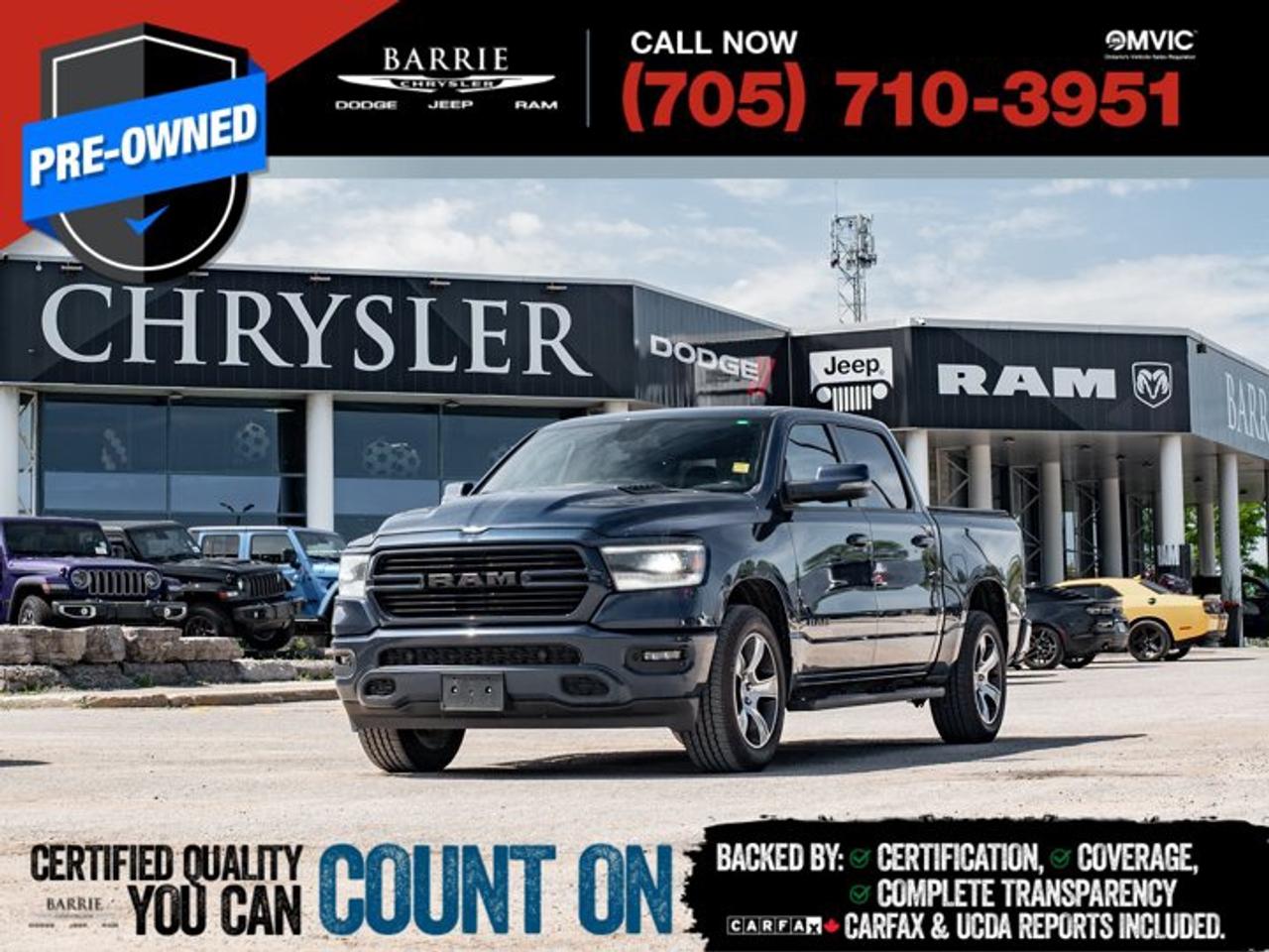 This vehicle is certified. You can trust that each certified vehicle goes through a 150-point inspection by our factory-trained master technicians. Our requirements exceed the provincial regulations of safety standards.With every detail disclosed and every standard met, confidence comes standard.Verified Vehicle History: CarFAX and UCDA reports included.Certified & Serviced: Oil, filters, and wipers replaced before delivery.Warranty You Can Trust: Up to 8 years or 200,000 KM of coverage.Finance Made Simple: Competitive rates for all credit profiles.Easy Exchange Program: Return within 7 days or 500 KM.Thank you for choosing Barrie Chrysler Dodge Jeep Ram, where the easy car-buying experience is all about you! Visit our expansive 50-car indoor showroom and view the hundreds of vehicles available, both on-site and off-site. We are located right in the heart of Barrie, on Dunlop St W, just off of Highway 400. - 395 Dunlop St W, Barrie, ON.We pay cash for cars, even if you dont buy one from us!Patriot Blue Pearl 2020 Ram 1500 Sport/Rebel 4D Crew Cab HEMI 5.7L V8 VVT 8-Speed Automatic 4WDWe utilize real-time third-party software to price our vehicles, ensuring they align with the daily average market price. For that reason, our vehicles are priced competitively.We have over 100 pre-owned vehicles available onsite, with extra off-site inventory available at all times. Prices are plus HST and licensing fee.Awards:* JD Power Automotive Performance, Execution and Layout (APEAL) Study