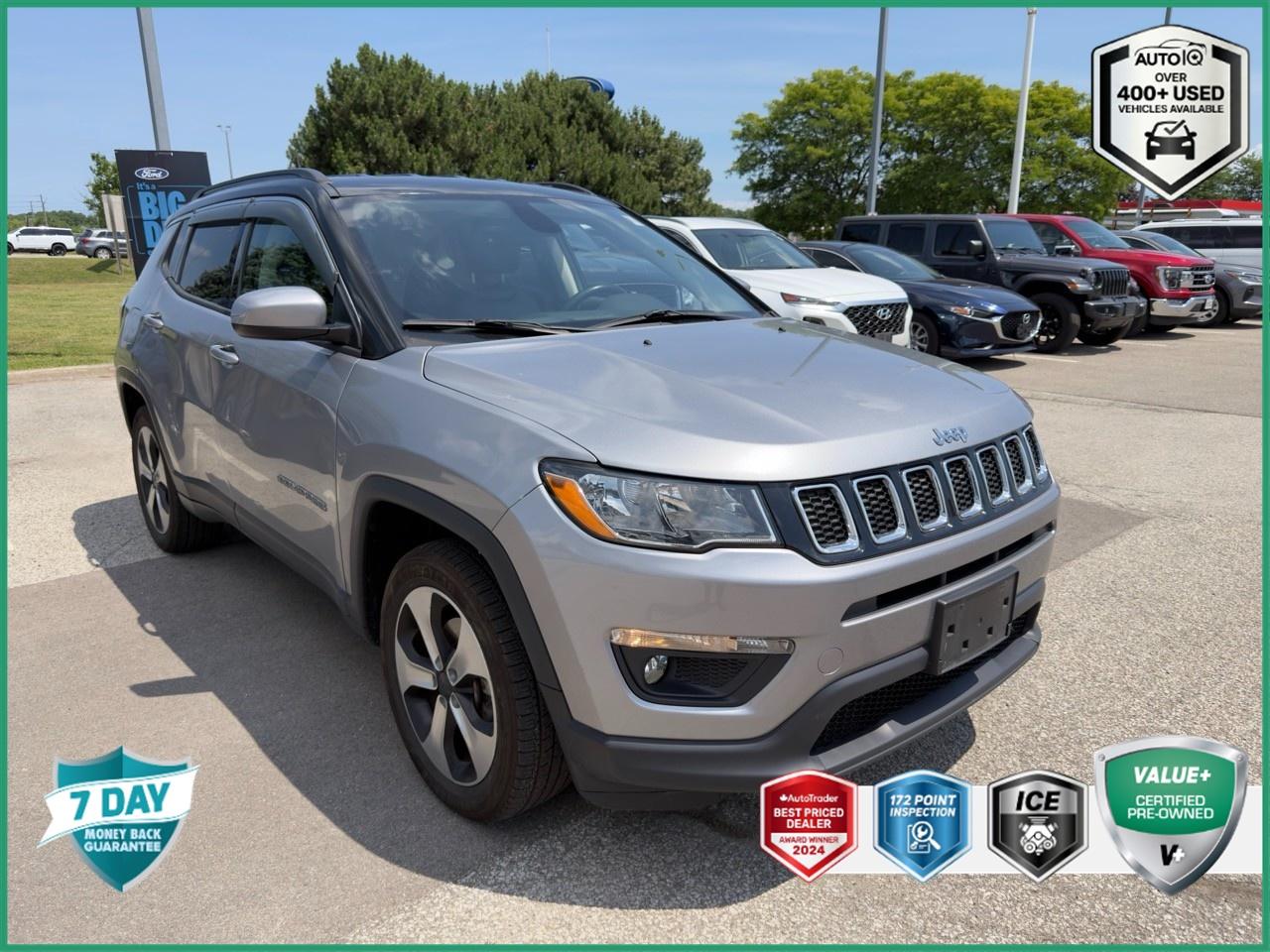 $5,425 IN OEM OPTIONS! ACCIDENT FREE, REMOTE START, LOW KM, CARPLAY/ANDROID AUTO, HEATED SEATS, HEATED STEERING, 12 SERVICE RECORDS, 4WD, 8.4 Touchscreen! <b>OEM OPTIONS: </b>ENG 2.4L MULTIAIR I-4 ZERO EVAP W/ESS ,  9-SPEED A/T ,  WHLS 18 X 7 ALUMINUM W/BLK POCKETS ,  BILLET METALLIC ,  BLK/BLK PREM CLOTH BKT STS ,  COLD WEATHER GROUP ,  NAVIGATION GROUP ,  PWR LIFTGATE ,  PARKVIEW REAR BACK-UP CAMERA ,  QUICK ORDER PK 27J<br><br><b>MARKET VALUE PRICED:</b> Safety Inspected & Ready.<br>- <b>OEM EXPERTISE:</b> As a Franchise Dealer, we have exclusive access to this vehicles full factory warranty & repair history.<br>- SMART BUY: Under 100k threshold.<br>- Ask about Warranty Top-Up.<br><br><b>PERFORMANCE & CAPABILITY: </b>This just-traded, quality pre-owned <b>2018 Jeep Compass North</b> finished in Billet Metallic with a Black/Black, Premium Cloth Bucket Seats interior, creating a sleek, modern, and business-like appearance. As a versatile Sport Utility Vehicle (SUV), it combines a commanding view of the road with flexible cargo space and seating, perfect for various lifestyles. Powered by a responsive <b>2.4L 4cyl</b> engine paired with a smooth <b>9 Speed Automatic</b> and a confident <b>4x4</b> system.<br><br><b>MARKET VALUE: </b><br> - <b>Lower Mileage:</b> Features approximately <b>37,000</b> fewer km than the market average.<br><br><b>VEHICLE HISTORY: </b><br> - <b>Dealer Acquired Trade:</b> As a premier dealership, we get access to the best-conditioned local trades.<br> - <b>Local Trade-In:</b> This vehicle was acquired as a local trade-in right here at our dealership.<br><br><b>PROFILE & PEDIGREE: </b><br> - <b>Equipped with the Quick Order Package 27J Package:</b> This vehicle includes a desirable bundle of factory options.<br><br><b>MODEL REVIEWS: </b>Features standard all-wheel drive (in recent models/Canada) and a modern interior with user-friendly Uconnect technology. Equipped with a true <b>4x4 system</b>, this vehicle is ready for serious adventure, offering superior off-road capability.<br>Powered by a versatile <b>2.4L 4cyl</b>, offering a great balance of performance and fuel efficiency. The advanced <b>9-Speed Automatic</b> transmission delivers smooth, intelligent shifts for a refined and responsive driving experience.<br><br><b>EQUIPMENT: </b><br><b>Safety & Driver Assistance:</b> TRACTION CONTROL, ABS BRAKES, ANTI-WHIPLASH FRONT HEAD RESTRAINTS, BRAKE ASSIST, DUAL FRONT IMPACT AIRBAGS, DUAL FRONT SIDE IMPACT AIRBAGS<br><b>Comfort & Convenience:</b> POWER WINDOWS, POWER STEERING, 1-TOUCH DOWN, 1-TOUCH UP, DRIVER DOOR BIN, DRIVER VANITY MIRROR<br><b>Technology & Entertainment:</b> TACHOMETER, OUTSIDE TEMPERATURE DISPLAY, RADIO: UCONNECT 4C NAV W/8.4 DISPLAY, NAVIGATION GROUP, GPS NAVIGATION, GPS ANTENNA INPUT<br><b>Performance & Capability:</b> FOUR WHEEL INDEPENDENT SUSPENSION, FRONT ANTI-ROLL BAR, REAR ANTI-ROLL BAR, BLOCK HEATER<br><b>Exterior & Styling:</b> SPOILER, ALLOYS, DELAY-OFF HEADLIGHTS, FRONT FOG LIGHTS, FULLY AUTOMATIC HEADLIGHTS, ALLOY WHEELS<br><br>Visit us to explore the features and condition of this excellent <b>Jeep Compass</b>.<br><br>Awards:<br>  * 2018 KBB.com 10 Best All-Wheel-Drive Vehicles Under $25,000   * 2018 KBB.com 10 Most Awarded Brands<br><br><p> </p>

<h4>VALUE+ CERTIFIED PRE-OWNED VEHICLE</h4>

<p>
- 36-point Provincial Safety Inspection<br>
- 172-point inspection combined mechanical, aesthetic, functional inspection including a vehicle report card<br>
- Warranty: 30 Days or 1500 KMS on mechanical safety-related items and extended plans are available<br>
- Complimentary CARFAX Vehicle History Report<br>
- 2X Provincial safety standard for tire tread depth<br>
- 2X Provincial safety standard for brake pad thickness<br>
- 7 Day Money Back Guarantee*<br>
- Market Value Report provided<br>
- Complimentary 3 months SIRIUS XM satellite radio subscription on equipped vehicles<br>
- Complimentary wash and vacuum<br>
- Vehicle scanned for open recall notifications from manufacturer
</p>

<p>SPECIAL NOTE: This vehicle is reserved for AutoIQs retail customers only. Please, No dealer calls. Errors & omissions excepted.</p>

<p>*As-traded, specialty or high-performance vehicles are excluded from the 7-Day Money Back Guarantee Program (including, but not limited to Ford Shelby, Ford mustang GT, Ford Raptor, Chevrolet Corvette, Camaro 2SS, Camaro ZL1, V-Series Cadillac, Dodge/Jeep SRT, Hyundai N Line, all electric models)</p>