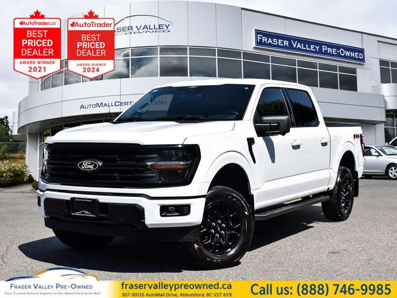 <b>
 
</b>
  <b>2024 FORD F-150 XLT 4X4 - ONE OWNER - LOW KM - 3.5L ECOBOOST - LEVELED - TRI-FOLD TONNEAU - FULLY LOADED</b>
 
<i>3.5L EcoBoost V6 400HP, 4x4, XLT, 2-Inch Leveling Kit, Tri-Fold Tonneau Cover, 12 SYNC 4, Apple CarPlay, Android Auto, Navigation, Blind Spot Detection, FX4 Off-Road Package, Integrated Trailer Brake Controller, Skid Plates</i>
 
Fraser Valley Pre-Owned is proud to present this 2024 Ford F-150 XLT SuperCrew 4x4 in Oxford White - a one-owner, low-kilometre, BC-registered F-150 that left the factory with a $73,575 window sticker and has been looked after every step of the way since. With just 31,219 km and every scheduled service completed at MSA Ford right here in Abbotsford, this is the kind of truck you buy with complete confidence. The 3.5L EcoBoost V6 puts down 400 horsepower and all the towing capability you would ever need, while the FX4 Off-Road Package, skid plates, and electronic locking rear axle give it genuine capability beyond the pavement. The 2-inch leveling kit and tri-fold hard tonneau cover complete the look - aggressive and purposeful without overdoing it. Inside, a 12-inch SYNC 4 touchscreen with wireless Apple CarPlay, Android Auto, and built-in navigation keeps everything within reach.
 
<b>Highlights</b>
 
2024 Ford F-150 XLT SuperCrew 4x4
Oxford White exterior
Black Sport cloth interior
31,219 km
3.5L EcoBoost V6 - 400HP
10-Speed SelectShift automatic transmission
4x4
One owner - local BC vehicle
MSA Ford Abbotsford serviced throughout
2-inch leveling kit
Tri-fold hard tonneau cover
FX4 Off-Road Package
Skid plates
Electronic locking rear axle - 3.55 ratio
12 SYNC 4 touchscreen
Voice-activated navigation
Wireless Apple CarPlay
Wireless Android Auto
FordPass Connect 5G hotspot
SiriusXM satellite radio
12 productivity screen - digital instrument cluster
Dual-zone automatic climate control
Running boards
Class IV trailer hitch with integrated trailer brake controller
Pro trailer backup assist
Pro trailer hitch assist
Trailer sway control
Tow/haul package
Cargo box lighting
BoxLink cargo management system
Tailgate step
Remote keyless entry
Push button start
Rear view camera
Reverse sensing system
Reverse brake assist
Blind spot detection with cross-traffic alert
Lane keeping system
Pre-collision assist with automatic emergency braking
FordPass Connect
Zone lighting
Privacy glass rear
Power folding mirrors
Engine block heater
All-terrain tires
 
<b>Restoration Notes</b>
 
Carfax Canada confirms one owner, low kilometres, consistent BC registration with normal branding throughout, and no open recalls. All scheduled service has been completed at MSA Ford in Abbotsford - full maintenance inspections and tire rotations at every interval from 6,682 km through to 30,267 km - this truck has been looked after at an authorized Ford dealer since day one. Serviced and inspected to Fraser Valley Automall standards before hitting the lot.
 
Trades welcome.
 
Finance and warranty options available for all types of credit situations.
 
<b>Dealership:</b>
 
A one-owner, MSA Ford-maintained 2024 F-150 XLT EcoBoost with a leveling kit, tonneau cover, FX4 package, and 31,000 km at a pre-owned price is exactly the kind of deal that does not come around twice. Fraser Valley Pre-Owned is the only dedicated pre-owned store inside the Fraser Valley Automall, backed by multiple AutoTrader Lowest Priced Dealer awards and the 2025 and 2026 Canadian Consumer Choice Award for Pre-Owned Auto Dealership of the Year in Abbotsford. Low km, local, dealer maintained - come see it today.
 
307-30125 Auto Mall Drive, Abbotsford, BC V2T 6Y9
Fraser Valley Automall
www.fraservalleypreowned.ca
 
All finance/lender options available - cash purchases welcome
 
 
To apply right now for financing use this link: <a href=https://www.fraservalleypreowned.ca/abbotsford-car-loan-application-british-columbia target=_blank>https://www.fraservalleypreowned.ca/abbotsford-car-loan-application-british-columbia</a>
 

| Our Quality Guarantee: We maintain the highest standard of quality that is required for a Pre-Owned Dealership to operate in an Auto Mall. We provide an independent 360-degree inspection report through licensed 3rd Party mechanic shops. Thus, our customers can rest assured each vehicle will be a reliable, and responsible purchase.  |  Purchase Disclaimer: Your selected vehicle may have a differing finance and cash prices. When viewing our vehicles on third party  marketplaces, please click over to our website to verify the correct price for the vehicle. The Sale Price on third party websites will always reflect the Finance Price of our vehicles. If you are making a Cash Purchase, please refer to our website for the Cash Price of the vehicle.  | All prices are subject to and do not include, a $995 Finance Fee, a $995 Document Fee, and a $499 GPS Lot Pack. VSA Security Fee of $10 is applicable as we are a Certified VSA Dealer (#40190).  These fees as well as taxes, are included in all listed listed payment quotes. Please speak with Dealer for full details and exact numbers.  o~o