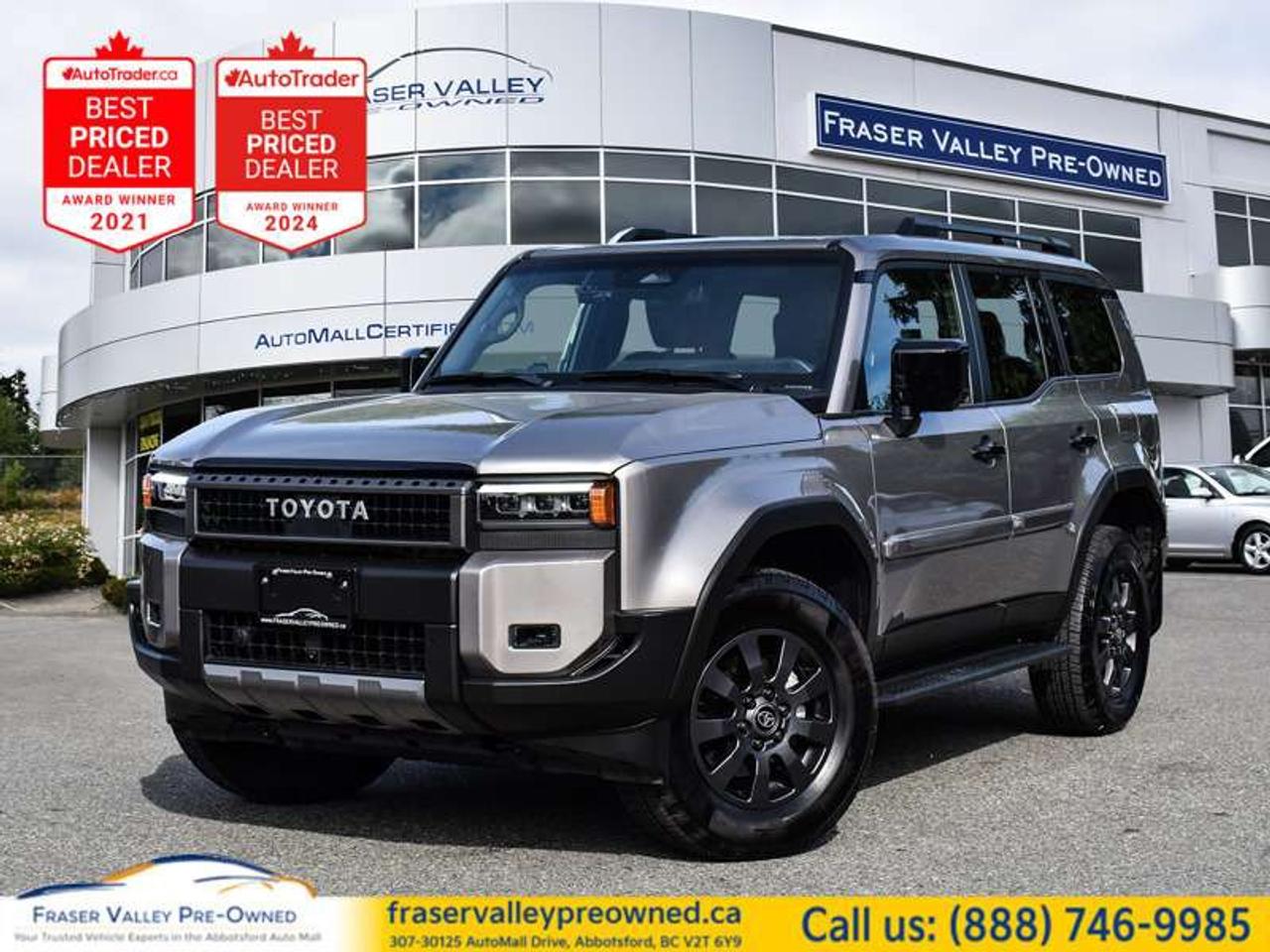 <b>
 
</b>
  <b>2024 TOYOTA LAND CRUISER 1958 EDITION - i-FORCE MAX HYBRID - 4WD - ONE OWNER - ACCIDENT FREE - 18K KM</b>
 
<i>2.4L i-FORCE MAX Turbo Hybrid, Full-Time 4WD, 1958 Edition, Brown Sugar Metallic, Locking Rear Differential, Crawl Control, Multi-Terrain Select, Moonroof, Heated Leather Seats, Apple CarPlay, Toyota Safety Sense 3.0, 2400W AC Output, Tow Package</i>
 
Fraser Valley Pre-Owned is proud to present this 2024 Toyota Land Cruiser 1958 Edition in Brown Sugar Metallic - one of the most anticipated automotive re-launches in recent memory, now available at Fraser Valley Pre-Owned with just 18,000 km and a clean, accident-free Carfax Canada history. Built in Japan and engineered around Toyotas legendary off-road DNA, the new Land Cruiser 1958 Edition pays homage to over 65 years of go-anywhere capability while delivering a thoroughly modern ownership experience. The i-FORCE MAX 2.4L turbocharged hybrid powertrain delivers 326 horsepower with class-leading efficiency - this is not the Land Cruiser that needed a gas station every few hours. It comes equipped with a locking rear differential, crawl control, multi-terrain select, front stabilizer disconnect mechanism, downhill assist control, and a full-time 4WD system that means business on any terrain. Inside, the 1958 Edition is beautifully appointed with leather seating, heated front and rear seats, a heated leather-wrapped steering wheel, a panoramic view monitor, power moonroof, and a 12.3-inch digital gauge cluster. At this kilometre count, with this provenance, this is the rarest kind of opportunity - a near-new Land Cruiser at a meaningful discount from new vehicle pricing.
 
<b>Highlights</b>
 
2024 Toyota Land Cruiser 1958 Edition
Brown Sugar Metallic exterior
Black leather interior
18,000 km
2.4L i-FORCE MAX Turbocharged Hybrid - 326HP
8-Speed automatic transmission
Full-time 4WD
One owner - accident free
Built in Japan - July 2024 production
Locking rear differential
Crawl control (CRAWL)
Multi-terrain select
Front stabilizer disconnect mechanism (SDM)
Downhill assist control (DAC)
Drive mode select - Sport, Eco, Normal
Power slide and tilt moonroof
Panoramic view monitor with 360-degree camera
Heated front and rear seats
Ventilated front seats
Heated leather-wrapped steering wheel
Power adjustable driver seat with lumbar support
12.3 digital gauge cluster
12.3 Toyota multimedia touchscreen
Wireless Apple CarPlay
Wireless Android Auto
SiriusXM audio
USB-C charging ports - front, rear, and trunk
Leather wrapped shift knob
Auto-dimming rearview mirror with garage door opener
Dual-zone automatic climate control
Illuminated entry
Rear privacy glass
Rain sensing wipers
18 alloy wheels
265/70R18 all-season tires
Full-size spare tire
Engine and transfer case skid plates
LED colour-selectable fog lights
Triangle LED headlamps
Mud guards
Bridge type roof rails
Tow hitch with trailer ball mount
2400W AC power output
Toyota Safety Sense 3.0
Pre-collision system with pedestrian, cyclist and low-light detection
Full-speed range dynamic radar cruise control
Lane tracing assist
Road sign assist
Blind spot monitor with RCTA
Automatic high beam
Intuitive parking assist with auto braking
Multi-terrain monitor
Vehicle stability control
9 total airbags
Engine immobilizer and anti-theft alarm
Smart key with push button start
 
<b>Restoration Notes</b>
 
Carfax Canada confirms this Land Cruiser is one owner, accident free, assembled in Japan, with normal BC registration and no structural concerns. Delivered new in September 2024 with full pre-delivery inspection including undercoating and rustproofing applied at Toyota on the Trail in Edmonton. This is as close to new as a pre-owned Land Cruiser 1958 Edition gets - and the 1958 Edition was already one of the hardest vehicles to source new in Canada. Serviced and inspected to Fraser Valley Automall standards before hitting the lot.
 
Trades welcome.
 
Finance and warranty options available for all types of credit situations.
 
<b>Dealership:</b>
 
The Land Cruiser nameplate needs no introduction - and the 1958 Edition at 18,000 km, accident free, in Brown Sugar Metallic is the kind of unit that does not come around twice. Fraser Valley Pre-Owned is the only dedicated pre-owned store inside the Fraser Valley Automall, backed by multiple AutoTrader Lowest Priced Dealer awards and the 2025 and 2026 Canadian Consumer Choice Award for Pre-Owned Auto Dealership of the Year in Abbotsford. If you have been waiting for a clean, low-km Land Cruiser without a dealer markup or a wait list, this is your moment.
 
307-30125 Auto Mall Drive, Abbotsford, BC V2T 6Y9
Fraser Valley Automall
www.fraservalleypreowned.ca
 
All finance/lender options available - cash purchases welcome
 
To apply right now for financing use this link: <a href=https://www.fraservalleypreowned.ca/abbotsford-car-loan-application-british-columbia target=_blank>https://www.fraservalleypreowned.ca/abbotsford-car-loan-application-british-columbia</a>
 

| Our Quality Guarantee: We maintain the highest standard of quality that is required for a Pre-Owned Dealership to operate in an Auto Mall. We provide an independent 360-degree inspection report through licensed 3rd Party mechanic shops. Thus, our customers can rest assured each vehicle will be a reliable, and responsible purchase.  |  Purchase Disclaimer: Your selected vehicle may have a differing finance and cash prices. When viewing our vehicles on third party  marketplaces, please click over to our website to verify the correct price for the vehicle. The Sale Price on third party websites will always reflect the Finance Price of our vehicles. If you are making a Cash Purchase, please refer to our website for the Cash Price of the vehicle.  | All prices are subject to and do not include, a $995 Finance Fee, a $995 Document Fee, and a $499 GPS Lot Pack. VSA Security Fee of $10 is applicable as we are a Certified VSA Dealer (#40190).  These fees as well as taxes, are included in all listed listed payment quotes. Please speak with Dealer for full details and exact numbers.  o~o