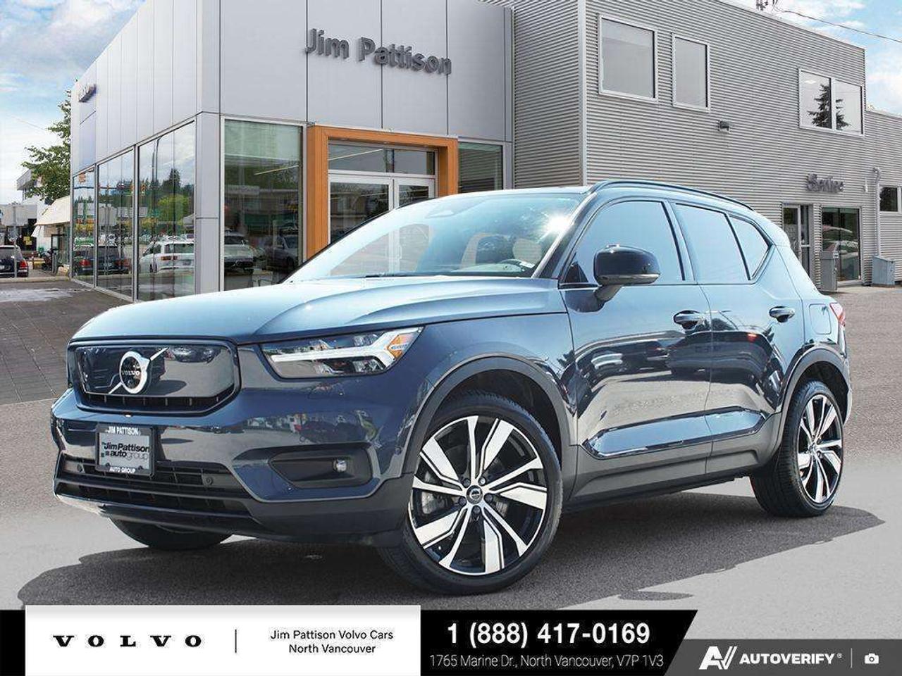 Electrifying Performance. Premium Scandinavian Luxury.

Experience the perfect blend of luxury, technology, and all-electric performance in this 2022 Volvo XC40 Recharge Ultimate Twin Motor AWD. Finished in striking Denim Blue Metallic with a Charcoal Connect interior, this one-owner Canadian vehicle has travelled just 22,193 km and boasts a clean, accident-free CARFAX history with seven documented service records.

Powered by Volvos dual-motor all-wheel drive electric powertrain, the XC40 Recharge delivers instant acceleration, confident year-round capability, and a refined driving experienceall without using a drop of fuel.

Key Features:

One-owner, accident-free Ontario vehicle
Ultra low 22,193 km with documented Volvo dealer service history
Dual Motor All-Wheel Drive all-electric powertrain
20" Black Diamond Cut alloy wheels
Heated steering wheel, heated rear seats, and heated windshield washer nozzles
Heat pump for improved cold-weather efficiency
Protection Package
Metallic Denim Blue exterior
Includes Volvos 4-Year Service Plan and Wheel & Tire Protection

The Ultimate trim surrounds you with premium Scandinavian craftsmanship, advanced safety technology, Google built-in connectivity, panoramic glass roof, premium audio, and the confidence of Volvos world-renowned driver assistance systems.

Meticulously maintained and exceptionally well cared for, this XC40 Recharge is an outstanding opportunity to own a premium electric SUV with low kilometres, desirable factory options, and a spotless history.

Visit Jim Pattison Volvo Cars North Vancouver today to experience the XC40 Recharge for yourself. Our team would be happy to arrange your test drive and answer any questions about electric vehicle ownership.

Price includes documentation fee ($595) and VSA Transaction Levy ($10). Finance placement fee ($695) if applicable, GST and PST are additional. D#10969