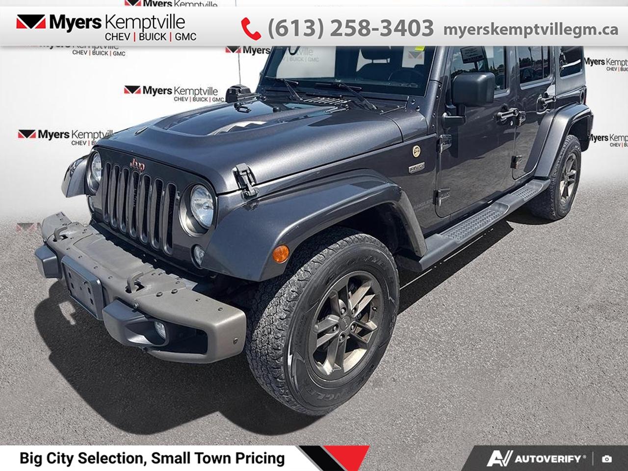 <b>Bluetooth,  Heated Seats,  Premium Audio System,  A/C!</b><br> <br> This 2016 Jeep Wrangler Unlimited is for sale today.<br> <br>The 2016 Jeep Wrangler Unlimited is the ultimate expression of our legacy of performance. With well-thought-out designs inside and out, the Wrangler Unlimited doesnt just look good, it is fully capable and ready to be made your own. The king of off-road vehicles offers an impressive list of standard features. The Unlimiteds exterior proudly wears its legendary heritage right down to the classic details. It even has four doors so its easy to bring family and friends along for the adventure.<br> <br>This SUV has 191,485 km. Its nice in colour. It has an Automatic transmission and is powered by a 285HP 3.6L V6 Cylinder Engine. <br> <br> Our Wrangler Unlimiteds trim level is 75th Anniversary Edition. The 2016 Jeep Wrangler Unlimited 75th Anniversary features a performance suspension, aluminum wheels, bluetooth connectivity, Moroccan sun interior accents, heated front seats, remote power doors, an 8 speaker audio system with steering wheel audio controls, air conditioning, a leather steering wheel and unique exterior accents to make this awesome Jeep standout! This vehicle has been upgraded with the following features: Bluetooth, Heated Seats, Premium Audio System, A/C.<br> To view the original window sticker for this vehicle view this <a href=http://www.chrysler.com/hostd/windowsticker/getWindowStickerPdf.do?vin=1C4BJWEG4GL208213 target=_blank>http://www.chrysler.com/hostd/windowsticker/getWindowStickerPdf.do?vin=1C4BJWEG4GL208213</a>. <br/><br> <br>To apply right now for financing use this link: <a href=https://www.myerskemptvillegm.ca/finance/ target=_blank>https://www.myerskemptvillegm.ca/finance/</a><br> <br/><br>Myers deals with almost every major lender and can offer the most competitive financing options available. All of our premium used vehicles are fully detailed, subjected to a minimum 150 point inspection and are fully backed by the dealership and General Motors. <br><br>For more details on our Myers Exclusive Engine Transmission for life coverage, follow this link: <a href=https://www.myerskanatagm.ca/myers-engine-transmission-for-life/>Life Time Coverage</a>*LIFETIME ENGINE TRANSMISSION WARRANTY NOT AVAILABLE ON VEHICLES WITH KMS EXCEEDING 140,000KM, VEHICLES 8 YEARS & OLDER, OR HIGHLINE BRAND VEHICLE(eg. BMW, INFINITI. CADILLAC, LEXUS...) o~o