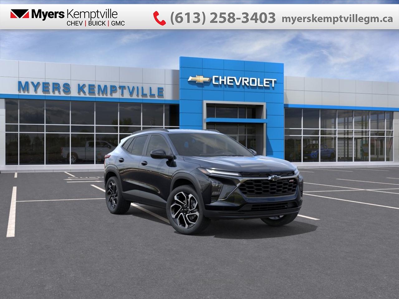 <b>Heated Seats,  Remote Start,  Adaptive Cruise Control,  Blind Spot Detection,  Heated Steering Wheel!</b><br> <br> At Myers, we believe in giving our customers the power of choice. When you choose to shop with a Myers Auto Group dealership, you dont just have access to one inventory, youve got the purchasing power of an entire auto group behind you!<br> <br> SPECIAL! EMPLOYEE PRICING ON NOW! Was $34748. Now $33183! $1565 discount until Aug 31!  <br> <br/>The 2026 Chevrolet Trax delivers modern style, smart connectivity and compact versatility in a family-friendly crossover.<br> <br>The 2026 Chevrolet Trax combines a sleek exterior, refined interior and intuitive features into a compact SUV that fits both your lifestyle and your budget. Its smart connectivity and flexible cabin layout make it easy for passengers, cargo and daily commutes to stay equally comfortable and efficient. With Chevrolets strong support network and thoughtful design, the Trax stands out as a dependable, versatile choice in its segment.<br> <br>This Mosaic Black Metallic SUV has an Automatic transmission and is powered by a 137HP 1.2L 3 Cylinder Engine. <br> <br> Our Traxs trim level is 2RS. This Trax 2RS features the Driver Confidence Package with rear cross traffic alert, blind spot detection and adaptive cruise control, with the LS Convenience Package, that includes a heated steering wheel, heated side mirrors and remote engine start, along with great standard features such as heated front seats, cruise control, 60/40 split-folding rear seats, air conditioning, and an upgraded 11-inch infotainment screen with wireless Apple CarPlay and Android Auto, wi-fi hotspot capability, active noise cancellation, and SiriusXM streaming radio. Safety features also include front pedestrian braking, forward collision alert, lane keeping assist with lane departure warning, IntelliBeam, and a rearview camera. This vehicle has been upgraded with the following features: Heated Seats, Remote Start, Adaptive Cruise Control, Blind Spot Detection, Heated Steering Wheel, Apple CarPlay, Android Auto.<br><br> <br>To apply right now for financing use this link: <a href=https://www.myerskemptvillegm.ca/finance/ target=_blank>https://www.myerskemptvillegm.ca/finance/</a><br> <br/>Weve discounted this vehicle $1565. <br> Buy this vehicle now for the lowest bi-weekly payment of <b>$216.19</b> with $0 down for 84 months @ 4.99% APR O.A.C. ( Plus applicable taxes - **Rebates may not be applicable on all purchase types [cash, lease, or finance]. Eligibility and conditions may vary. Please see dealer for full details and confirmation of eligibility. ). Incentives expire 2026-08-31. See dealer for details. <br><br>Your journey to better driving experiences begins in our inventory, where youll find a stunning selection of brand-new Chevrolet, Buick, and GMC models. If youre looking to get additional luxuries at a wallet-friendly price, dont just pick pre-owned -- choose from our selection of over 300 Myers Approved used vehicles! Our incredible sales team will match you with the car, truck, or SUV thats got everything youre looking for, and much more. o~o