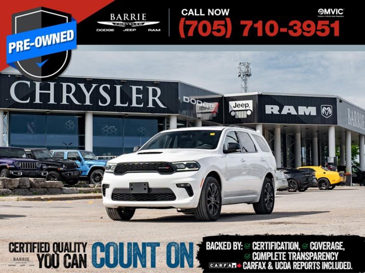 AWD.This vehicle is certified. You can trust that each certified vehicle goes through a 150-point inspection by our factory-trained master technicians. Our requirements exceed the provincial regulations of safety standards.With every detail disclosed and every standard met, confidence comes standard.Verified Vehicle History: CarFAX and UCDA reports included.Certified & Serviced: Oil, filters, and wipers replaced before delivery.Warranty You Can Trust: Up to 8 years or 200,000 KM of coverage.Finance Made Simple: Competitive rates for all credit profiles.Easy Exchange Program: Return within 7 days or 500 KM.Thank you for choosing Barrie Chrysler Dodge Jeep Ram, where the easy car-buying experience is all about you! Visit our expansive 50-car indoor showroom and view the hundreds of vehicles available, both on-site and off-site. We are located right in the heart of Barrie, on Dunlop St W, just off of Highway 400. - 395 Dunlop St W, Barrie, ON.We pay cash for cars, even if you don?t buy one from us!White 2022 Dodge Durango GT 4D Sport Utility Pentastar 3.6L V6 VVT 8-Speed Automatic AWDWe utilize real-time third-party software to price our vehicles, ensuring they align with the daily average market price. For that reason, our vehicles are priced competitively.We have over 100 pre-owned vehicles available onsite, with extra off-site inventory available at all times. Prices are plus HST and licensing fee.