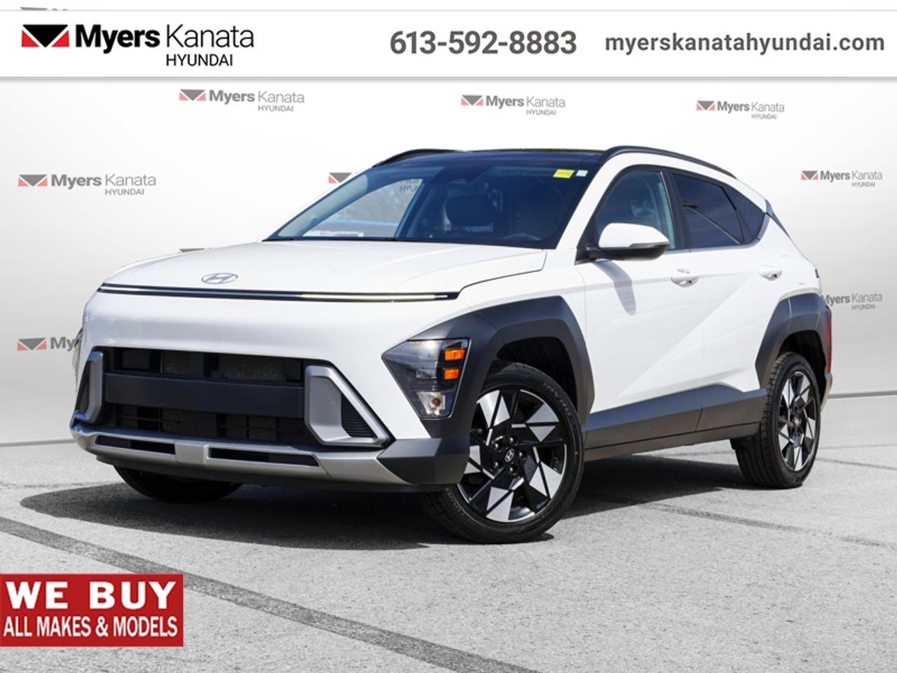 <b>Sunroof,  Climate Control,  Heated Steering Wheel,  Adaptive Cruise Control,  Aluminum Wheels!</b><br> <br> Built for adventure, this Kona is well equipped, whether in the urban sprawl or the backroads. This 2025 Hyundai Kona is fresh on our lot in Kanata.<br> <br>With more versatility than its tiny stature lets on, this Kona is ready to prove that big things can come in small packages. With an incredibly long feature list, this Kona is incredibly safe and comfortable, compatible with just about anything, and ready for lifes next big adventure. For distilled perfection in the busy crossover SUV segment, this Kona is the obvious choice.<br> <br>This SUV has 73,026 km. Its Atlas White in colour. It has an Automatic transmission and is powered by a 147HP 2.0L 4 Cylinder Engine. <br> <br> Our Konas trim level is Preferred AWD w/Trend Package. This Kona Preferred AWD with the Trend Package rewards you with all-weather usability and steps things up with a sunroof, dual-zone climate control, a heated steering wheel, adaptive cruise control and upgraded aluminum wheels, along with standard features such as heated front seats, front and rear LED lights, remote engine start, and an immersive dual-LCD dash display with a 12.3-inch infotainment screen bundled with Apple CarPlay, Android Auto and Bluelink+ selective service internet access. Safety features also include blind spot detection, lane keeping assist with lane departure warning, front pedestrian braking, and forward collision mitigation. This vehicle has been upgraded with the following features: Sunroof, Climate Control, Heated Steering Wheel, Adaptive Cruise Control, Aluminum Wheels, Heated Seats, Apple CarPlay.<br> <br>To apply right now for financing use this link: <a href=https://www.myerskanatahyundai.com/finance/ target=_blank>https://www.myerskanatahyundai.com/finance/</a><br> <br/><br>Smart buyers buy at Myers where all cars come Myers Certified including a 1 year tire and road hazard warranty (some conditions apply, see dealer for full details.)<br> <br>This vehicle is located at Myers Kanata Hyundai 400-2500 Palladium Dr Kanata, Ontario.<br>*LIFETIME ENGINE TRANSMISSION WARRANTY NOT AVAILABLE ON VEHICLES WITH KMS EXCEEDING 140,000KM, VEHICLES 8 YEARS & OLDER, OR HIGHLINE BRAND VEHICLE(eg. BMW, INFINITI. CADILLAC, LEXUS...)<br> Come by and check out our fleet of 30+ used cars and trucks and 190+ new cars and trucks for sale in Kanata.  o~o