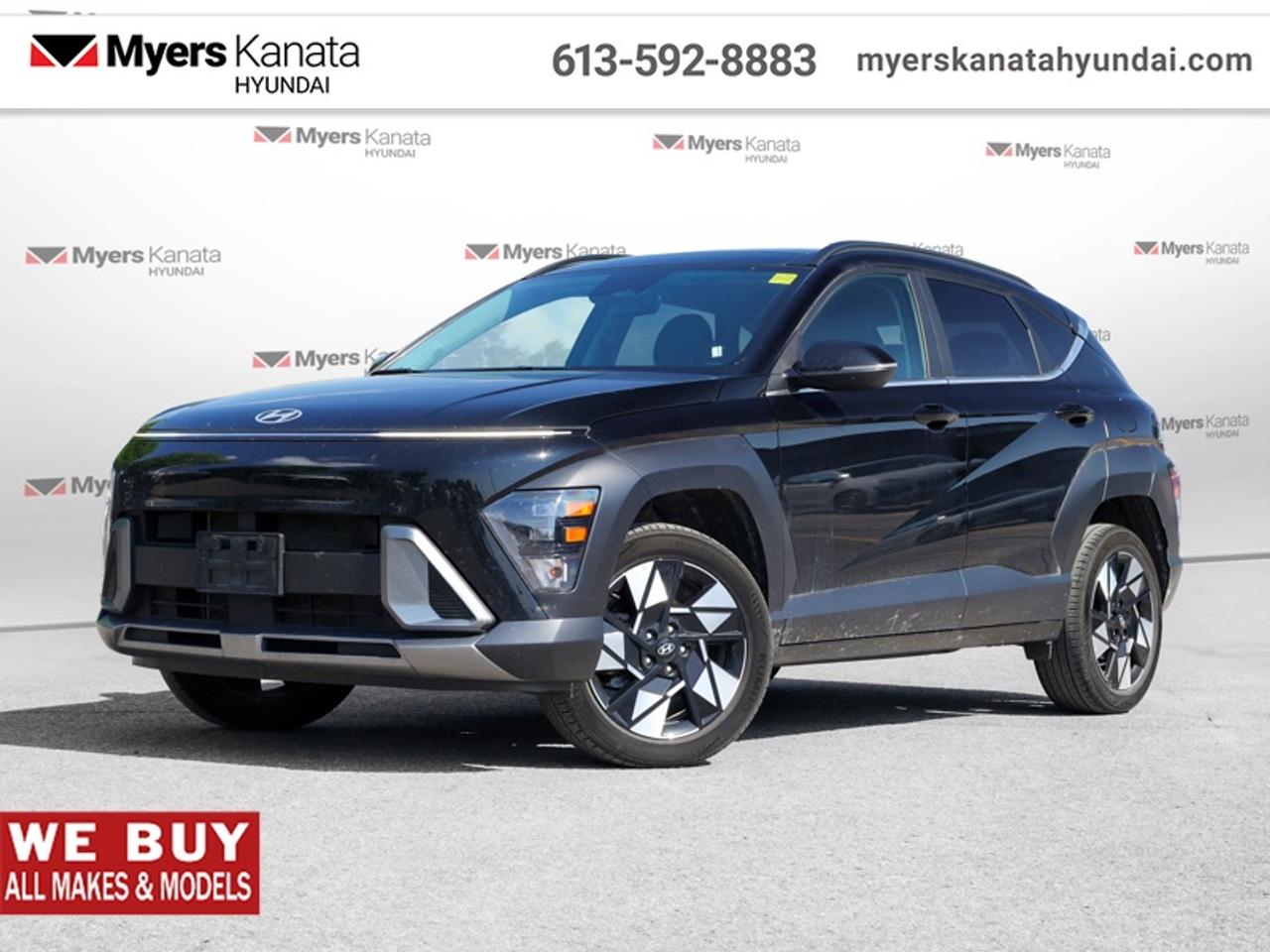 <b>Sunroof,  Climate Control,  Heated Steering Wheel,  Adaptive Cruise Control,  Aluminum Wheels!</b><br> <br>  On sale now! This vehicle was originally listed at $28085.  Weve marked it down to $26688. You save $1397.Prepared for adventure, you can take this Kona out to connect with nature without ever losing connection to our high paced society. This 2025 Hyundai Kona is for sale today in Kanata.<br> <br>With more versatility than its tiny stature lets on, this Kona is ready to prove that big things can come in small packages. With an incredibly long feature list, this Kona is incredibly safe and comfortable, compatible with just about anything, and ready for lifes next big adventure. For distilled perfection in the busy crossover SUV segment, this Kona is the obvious choice.<br> <br>This SUV has 59,373 km. Its Abyss Black in colour. It has an Automatic transmission and is powered by a 147HP 2.0L 4 Cylinder Engine. <br> <br> Our Konas trim level is Preferred AWD w/Trend Package. This Kona Preferred AWD with the Trend Package rewards you with all-weather usability and steps things up with a sunroof, dual-zone climate control, a heated steering wheel, adaptive cruise control and upgraded aluminum wheels, along with standard features such as heated front seats, front and rear LED lights, remote engine start, and an immersive dual-LCD dash display with a 12.3-inch infotainment screen bundled with Apple CarPlay, Android Auto and Bluelink+ selective service internet access. Safety features also include blind spot detection, lane keeping assist with lane departure warning, front pedestrian braking, and forward collision mitigation. This vehicle has been upgraded with the following features: Sunroof, Climate Control, Heated Steering Wheel, Adaptive Cruise Control, Aluminum Wheels, Heated Seats, Apple CarPlay.<br> <br>To apply right now for financing use this link: <a href=https://www.myerskanatahyundai.com/finance/ target=_blank>https://www.myerskanatahyundai.com/finance/</a><br> <br/><br>Smart buyers buy at Myers where all cars come Myers Certified including a 1 year tire and road hazard warranty (some conditions apply, see dealer for full details.)<br> <br>This vehicle is located at Myers Kanata Hyundai 400-2500 Palladium Dr Kanata, Ontario.<br>*LIFETIME ENGINE TRANSMISSION WARRANTY NOT AVAILABLE ON VEHICLES WITH KMS EXCEEDING 140,000KM, VEHICLES 8 YEARS & OLDER, OR HIGHLINE BRAND VEHICLE(eg. BMW, INFINITI. CADILLAC, LEXUS...)<br> Come by and check out our fleet of 40+ used cars and trucks and 170+ new cars and trucks for sale in Kanata.  o~o