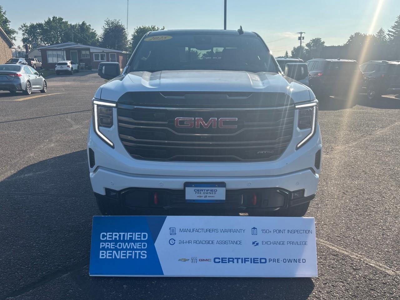 Used 2025 GMC Sierra 1500 AT4 Used 5 Passenger Crew Cab 4X4 Truck with Power Sunroof, Drivers Head-Up Display, Heated and Cooled Front Seats, Second Row Heated Outboard Seats, Heated Steering Wheel with Power Tilt and Telescopic a for sale in Renfrew, ON