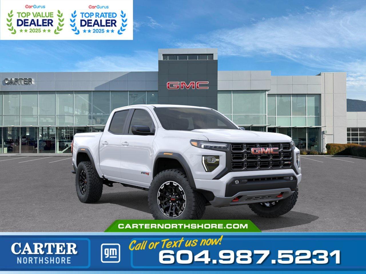 Save up to $1,200 instantly with your Costco membership at Carter GM Northshore! Costco Executive Members can receive a $1,200 Bonus, while Non-Executive Members qualify for a $1,000 Bonus on select models. Combine your Costco member bonus with eligible manufacturer incentives for even greater value.  Visit us today or contact our team to confirm eligibility and secure your Costco member savings while this limited time offer lasts!  Built for both work and weekend adventures, this 2026 GMC Canyon AT4 Crew Cab 4WD is ready for wherever the road takes you. Powered by the 2.7L TurboMax engine with an 8-speed automatic transmission, it features a factory 2-inch lift, off-road suspension, ProGrade Trailering System, dual-zone climate control, heated front seats, wireless phone projection, and advanced safety technologies for added confidence. Come take it for a test drive today and experience all this stylish vehicle has to offer!  WHY CARTER GM NORTHSHORE? - An unrivalled vehicle purchasing experience! - Exceeding our loyal customers expectations since 1990 - 4.7 Google star rating (with 1,700+ customer reviews) - CarGurus Top-Rated Dealer 2025 Award - CarGurus Top Value Dealer 2025 Award - Vehicle trades welcome! Best price guaranteed! - We provide upfront pricing, zero hidden fees, and 100% transparency - Fast approvals and 99% acceptance rates (no matter your current credit status!) - Multilingual staff (many languages spoken) - Comfortable non-pressured environment with in-store television, WIFI and a childrens play area!        Were here to help you drive the vehicle you want, the vehicle you deserve! QUESTIONS? GREAT! WEVE GOT ANSWERS! To speak with a friendly vehicle specialist - CALL NOW! The advertised price includes all standard dealer fees and any applicable manufacturer or dealer incentives. It does not include applicable taxes, licensing, insurance, or optional products or services. Dealer fees will be clearly broken out and itemized on the bill of sale, maximum total of fees $699.00. Prices are shown in Canadian dollars. While we make every effort to ensure accuracy, vehicle details, pricing, options, and availability are subject to change without notice. Please confirm all information with dealership sales management before purchase. Dealer Code: 81121