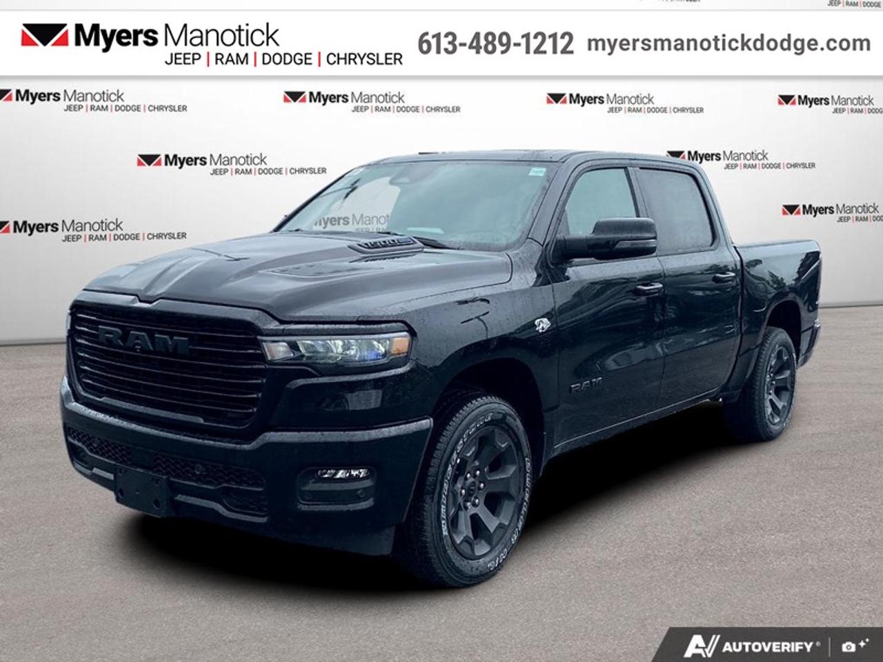 <b>Leather Seats, Sunroof, Sport Package!</b><br> <br> Call 613-489-1212 to speak to our friendly sales staff today, or come by the dealership!<br> <br>Experience the perfect balance of power and luxury in the 2026 Ram 1500, built to handle every job with style.<br> <br>The Ram 1500s unmatched luxury transcends traditional pickups without compromising its capability. Loaded with best-in-class features, its easy to see why the Ram 1500 is so popular. With the most towing and hauling capability in a Ram 1500, as well as improved efficiency and exceptional capability, this truck has the grit to take on any task.<br> <br>This Diamond Black Crystal Pearl Crew Cab 4X4 pickup has an Automatic transmission and is powered by a 395HP 5.7L 8 Cylinder Engine. <br> <br> Our 1500s trim level is Sport. This Ram 1500 in Sport trim rewards you with front heated seats, a leather-wrapped heated steering wheel, a 360 camera system, a 10-speaker Alpine audio, and a 12-inch infotainment screen with inbuilt navigation, Apple CarPlay and Android Auto, and 4G LTE Wi-Fi hotspot. Additional features include class IV towing equipment, aluminum wheels, power adjustable pedals, intersection collision assist, evasion assist, lane keep assist with lane departure warning, and even more! This vehicle has been upgraded with the following features: Leather Seats, Sunroof, Sport Package.<br><br> View the original window sticker for this vehicle with this url <b><a href=http://www.chrysler.com/hostd/windowsticker/getWindowStickerPdf.do?vin=1C6SRFVT6TN333712 target=_blank>http://www.chrysler.com/hostd/windowsticker/getWindowStickerPdf.do?vin=1C6SRFVT6TN333712</a></b>.<br> <br>To apply right now for financing use this link: <a href=https://CreditOnline.dealertrack.ca/Web/Default.aspx?Token=3206df1a-492e-4453-9f18-918b5245c510&Lang=en target=_blank>https://CreditOnline.dealertrack.ca/Web/Default.aspx?Token=3206df1a-492e-4453-9f18-918b5245c510&Lang=en</a><br> <br/>Total rebate of $8250 is reflected in the price. <br> Buy this vehicle now for the lowest weekly payment of <b>$259.21</b> with $0 down for 96 months @ 5.29% APR O.A.C. ( Plus applicable taxes - $1199 fees included in price **Rebates may not be applicable on all purchase types [cash, lease, or finance]. Eligibility and conditions may vary. Please see dealer for full details and confirmation of eligibility. ). Incentives expire 2026-08-31. See dealer for details. <br><br>If youre looking for a Dodge, Ram, Jeep, and Chrysler dealership in Ottawa that always goes above and beyond for you, visit Myers Manotick Dodge today! Were more than just great cars. We provide the kind of world-class Dodge service experience near Kanata that will make you a Myers customer for life. And with fabulous perks like extended service hours, our 30-day tire price guarantee, the Myers No Charge Engine/Transmission for Life program, and complimentary shuttle service, its no wonder were a top choice for drivers everywhere. Get more with Myers!<br> Come by and check out our fleet of 20+ used cars and trucks and 50+ new cars and trucks for sale in Manotick.  o~o