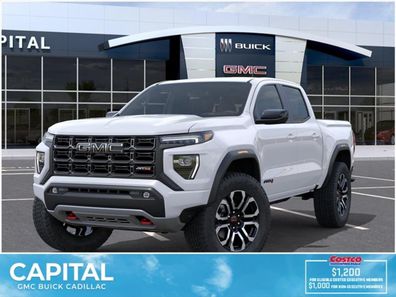 This 2026 GMC Canyon in Summit White is equipped with 4WD and Turbocharged Gas I4 2.7L/ engine.The GMC Canyon might be midsize, but its fully premium. Designed for easy access, an available easy lift and lower tailgate allows for smooth operation, while an integrated corner-step rear bumper provides efficient access to the truck bed and your cargo. Its the little things that set the Canyon apart, like its LED-signature front lighting, chrome grille surrounds and chrome mirror caps and door handles. The Canyon is takes premium comfort to a new level with features such as available soft-touch instrument panel and available heated driver and front passenger seats. The interior is also engineered to give you and your passengers an exceptional level of quiet, from noise-reducing innovations to triple door seals. This truck offers an engine lineup that delivers power and efficiency. This baby has 308 horsepower and can tow up to 3493 KG (7700 LB.). Intelligent control features, including traction control, trailer sway and hill descent control, available automatic rear locking differential, brake rotors and integrated trailer brake controller and diesel exhaust brake, to help you stay confidently in command no matter what you may be hauling or trailering. The Canyon provides intelligently placed controls and driver-centric features to keep you in touch, in charge and connected on the road, from available built-in Wi-Fi, an infotainment system with navigation and a rear-vision camera, to power outlets, rear seat reminders and access to the myGMC app. Youll also find state-of-the-art safety to help enhance your awareness of the road and surrounding vehicles, such as available forward collision alert, and more.Check out this vehicles pictures, features, options and specs, and let us know if you have any questions. Helping find the perfect vehicle FOR YOU is our only priority.P.S...Sometimes texting is easier. Text (or call) 306-801-9090 for fast answers at your fingertips!Dealer License #914248Disclaimer: All prices are plus taxes & fees. See dealer for Details. Dealer Permit # 914248 See dealer for Details.