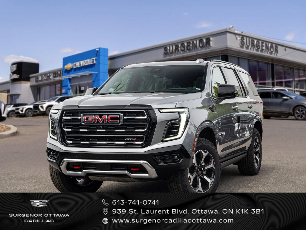 <p>Experience the bold presence of the 2026 GMC Yukon AT4 in a sophisticated gray finish, built for those who demand both luxury and unyielding performance. This all-new 4WD SUV is powered by a commanding 6.2L ECOTEC3 V8 engine, ensuring that every drive is backed by formidable strength and capable handling across any terrain.</p><p>The Yukon AT4's striking exterior is accentuated by robust alloy wheels and sleek running boards that merge convenience with style. Inside, the cabin exudes refined sophistication with black perforated leather seats featuring elegant Forest Storm and Mahogany accents. Enhance your driving experience with power-adjustable front bucket seats, ideal for long journeys or quick city runs.</p><p>Sophistication meets cutting-edge technology with the 16.8-inch diagonal Premium GMC Infotainment System, ensuring a seamless connection to your digital life with Google built-in compatibility. Safety is paramount; the Yukon is equipped with state-of-the-art features including a comprehensive Advanced Security Package, head-up display guide, lane assist, and a backup camera, offering peace of mind on every journey. The Super Cruise driver assistance enables hands-free driving on compatible roads, adding a layer of convenience and security.</p><p>This vehicle fits perfectly with adventurous families or tech-savvy explorers looking for uncompromising power and luxury in their everyday drive. Visit Surgenor Chevrolet Buick GMC Cadillac today to experience the 2026 GMC Yukon AT4 for yourself or contact us for more details!</p>